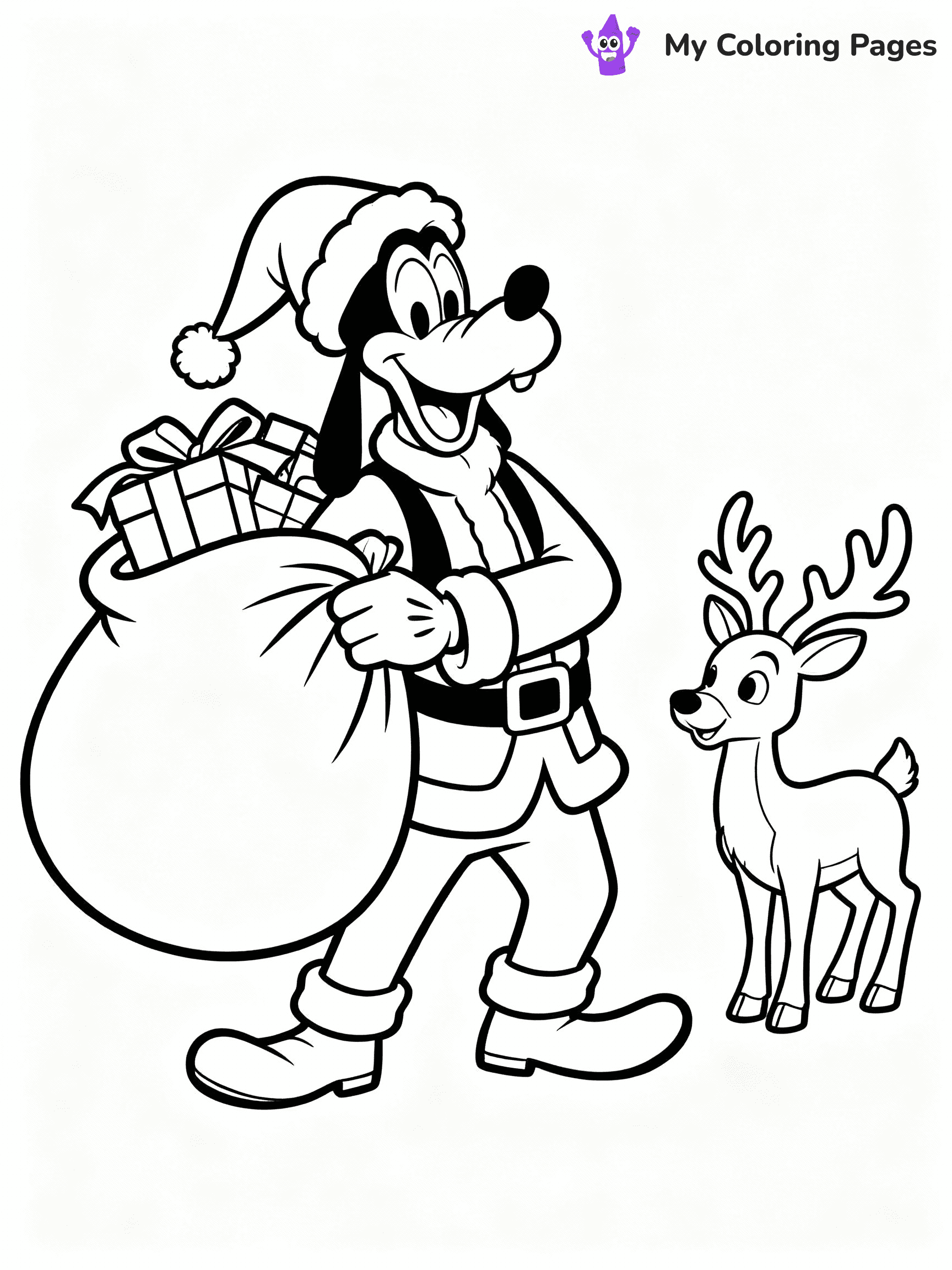 ⚠️ CRITICAL REQUIREMENT - ABSOLUTE BLACK AND WHITE ONLY ⚠️
This MUST be a BLACK AND WHITE line drawing ONLY. NO COLORS whatsoever.
- ONLY pure black lines (#000000) on pure white background (#FFFFFF)
- ABSOLUTELY NO colors, NO shading, NO gradients, NO grayscale
- If there are ANY colors in the output, the image is REJECTED
- This is a COLORING PAGE - meant to be COLORED IN by children
- The output must be UNCOLORED line art ready for coloring
⚠️ SUBJECT TO DRAW: Goofy from Disney in Disney animation style, dressed as Santa, holding a large sack of gifts, reindeer nearby
(REMEMBER: Output must be BLACK AND WHITE line art only, NOT colored!)
# COLORING PAGE: BLACK OUTLINES ONLY - WHITE BACKGROUND MANDATORY
Create a **coloring book page** using EXACTLY two values: black lines, white space.
## NON-NEGOTIABLE BINARY RULES
- **ONLY #000000 (black) and #FFFFFF (white)** - NO other values exist
- **EVERY PIXEL = BLACK OR WHITE** - no gray/shading/antialiasing
- **WHITE BACKGROUND MANDATORY** - entire canvas stays white
- **ALL SHAPES HOLLOW** - everything is empty outlines waiting to be colored
- **FORBIDDEN:** fills, shading, gradients, patterns, textures, colors
- **NO SOLID REGIONS** - if it's not a thin line, it's wrong
## Universal Line Standards
- Black outlines ONLY - thin, uniform weight
- Every shape completely empty inside
- Closed contours suitable for coloring
- Simple flat illustration - zero depth/3D/realism
- **Style:** Whimsical Doodle Art Alley - rounded, friendly outlines (unless specified)
## Everything = Outline Only
- Characters/animals: hollow shapes
- Objects/clothing: empty contours
- Backgrounds/scenery: line work only
- Natural elements: outlined forms
- Dark/night areas: don't exist (use outlined symbols)
- Textures/patterns: convert to simple lines
## The Test
Can a child color EVERY white space with crayons? If any area is pre-filled/shaded/gray or colored in, it FAILS. Every shape must be waiting to receive color.
**FINAL OUTPUT**: Binary coloring page. Black lines define shapes. White spaces ready for coloring. Nothing else exists. No exceptions. Print-ready.
⚠️ FINAL REMINDER: Draw the subject "Goofy from Disney in Disney animation style, dressed as Santa, holding a large sack of gifts, reindeer nearby" as BLACK AND WHITE line art. Zero colors in output.