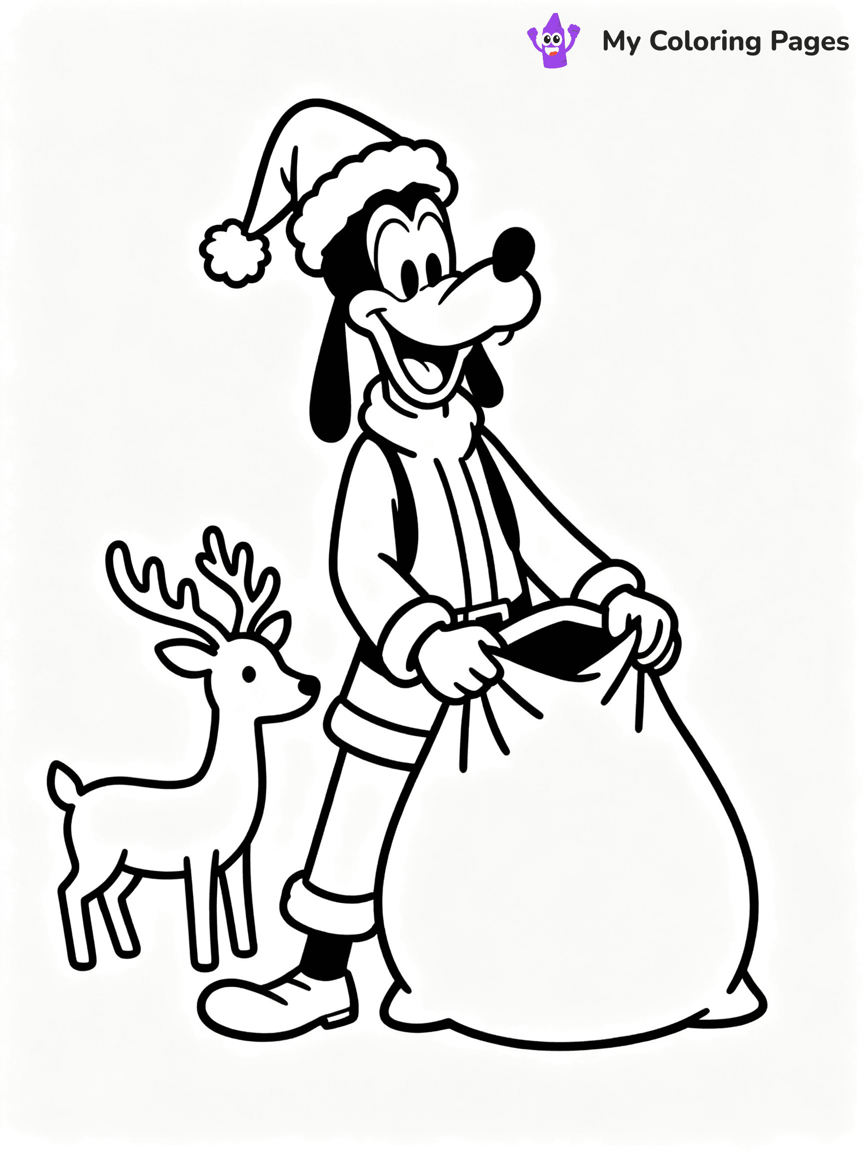 ⚠️ CRITICAL REQUIREMENT - ABSOLUTE BLACK AND WHITE ONLY ⚠️
This MUST be a BLACK AND WHITE line drawing ONLY. NO COLORS whatsoever.
- ONLY pure black lines (#000000) on pure white background (#FFFFFF)
- ABSOLUTELY NO colors, NO shading, NO gradients, NO grayscale
- If there are ANY colors in the output, the image is REJECTED
- This is a COLORING PAGE - meant to be COLORED IN by children
- The output must be UNCOLORED line art ready for coloring
⚠️ SUBJECT TO DRAW: Goofy from Disney in Disney animation style, dressed as Santa, holding a large sack of gifts, reindeer nearby
(REMEMBER: Output must be BLACK AND WHITE line art only, NOT colored!)
# COLORING PAGE: BLACK OUTLINES ONLY - WHITE BACKGROUND MANDATORY
Create a **coloring book page** using EXACTLY two values: black lines, white space.
## NON-NEGOTIABLE BINARY RULES
- **ONLY #000000 (black) and #FFFFFF (white)** - NO other values exist
- **EVERY PIXEL = BLACK OR WHITE** - no gray/shading/antialiasing
- **WHITE BACKGROUND MANDATORY** - entire canvas stays white
- **ALL SHAPES HOLLOW** - everything is empty outlines waiting to be colored
- **FORBIDDEN:** fills, shading, gradients, patterns, textures, colors
- **NO SOLID REGIONS** - if it's not a thin line, it's wrong
## Universal Line Standards
- Black outlines ONLY - thin, uniform weight
- Every shape completely empty inside
- Closed contours suitable for coloring
- Simple flat illustration - zero depth/3D/realism
- **Style:** Whimsical Doodle Art Alley - rounded, friendly outlines (unless specified)
## Everything = Outline Only
- Characters/animals: hollow shapes
- Objects/clothing: empty contours
- Backgrounds/scenery: line work only
- Natural elements: outlined forms
- Dark/night areas: don't exist (use outlined symbols)
- Textures/patterns: convert to simple lines
## The Test
Can a child color EVERY white space with crayons? If any area is pre-filled/shaded/gray or colored in, it FAILS. Every shape must be waiting to receive color.
**FINAL OUTPUT**: Binary coloring page. Black lines define shapes. White spaces ready for coloring. Nothing else exists. No exceptions. Print-ready.
⚠️ FINAL REMINDER: Draw the subject "Goofy from Disney in Disney animation style, dressed as Santa, holding a large sack of gifts, reindeer nearby" as BLACK AND WHITE line art. Zero colors in output.