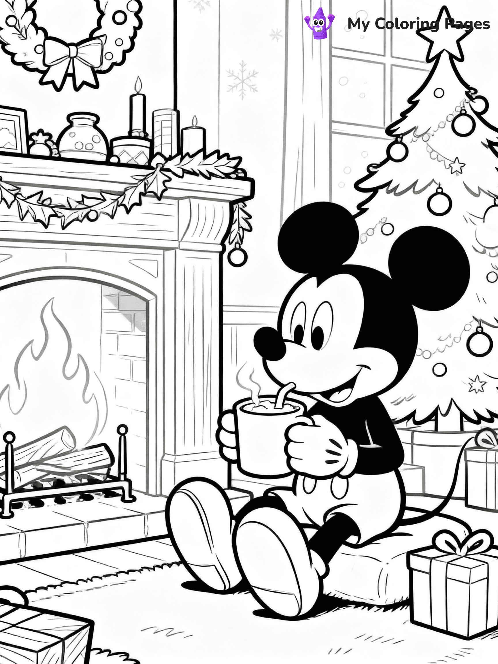 ⚠️ CRITICAL REQUIREMENT - ABSOLUTE BLACK AND WHITE ONLY ⚠️
This MUST be a BLACK AND WHITE line drawing ONLY. NO COLORS whatsoever.
- ONLY pure black lines (#000000) on pure white background (#FFFFFF)
- ABSOLUTELY NO colors, NO shading, NO gradients, NO grayscale
- If there are ANY colors in the output, the image is REJECTED
- This is a COLORING PAGE - meant to be COLORED IN by children
- The output must be UNCOLORED line art ready for coloring
⚠️ SUBJECT TO DRAW: Mickey Mouse from Disney in Disney animation style, sitting by the fireplace, sipping hot cocoa, Christmas tree in background
(REMEMBER: Output must be BLACK AND WHITE line art only, NOT colored!)
# COLORING PAGE: BLACK OUTLINES ONLY - WHITE BACKGROUND MANDATORY
Create a **coloring book page** using EXACTLY two values: black lines, white space.
## NON-NEGOTIABLE BINARY RULES
- **ONLY #000000 (black) and #FFFFFF (white)** - NO other values exist
- **EVERY PIXEL = BLACK OR WHITE** - no gray/shading/antialiasing
- **WHITE BACKGROUND MANDATORY** - entire canvas stays white
- **ALL SHAPES HOLLOW** - everything is empty outlines waiting to be colored
- **FORBIDDEN:** fills, shading, gradients, patterns, textures, colors
- **NO SOLID REGIONS** - if it's not a thin line, it's wrong
## Universal Line Standards
- Black outlines ONLY - thin, uniform weight
- Every shape completely empty inside
- Closed contours suitable for coloring
- Simple flat illustration - zero depth/3D/realism
- **Style:** Whimsical Doodle Art Alley - rounded, friendly outlines (unless specified)
## Everything = Outline Only
- Characters/animals: hollow shapes
- Objects/clothing: empty contours
- Backgrounds/scenery: line work only
- Natural elements: outlined forms
- Dark/night areas: don't exist (use outlined symbols)
- Textures/patterns: convert to simple lines
## The Test
Can a child color EVERY white space with crayons? If any area is pre-filled/shaded/gray or colored in, it FAILS. Every shape must be waiting to receive color.
**FINAL OUTPUT**: Binary coloring page. Black lines define shapes. White spaces ready for coloring. Nothing else exists. No exceptions. Print-ready.
⚠️ FINAL REMINDER: Draw the subject "Mickey Mouse from Disney in Disney animation style, sitting by the fireplace, sipping hot cocoa, Christmas tree in background" as BLACK AND WHITE line art. Zero colors in output.