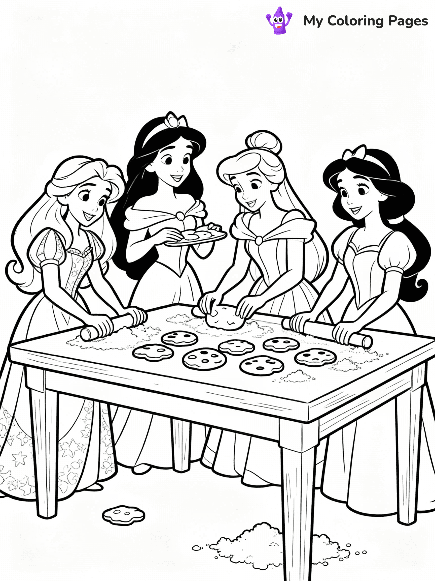 ⚠️ CRITICAL REQUIREMENT - ABSOLUTE BLACK AND WHITE ONLY ⚠️
This MUST be a BLACK AND WHITE line drawing ONLY. NO COLORS whatsoever.
- ONLY pure black lines (#000000) on pure white background (#FFFFFF)
- ABSOLUTELY NO colors, NO shading, NO gradients, NO grayscale
- If there are ANY colors in the output, the image is REJECTED
- This is a COLORING PAGE - meant to be COLORED IN by children
- The output must be UNCOLORED line art ready for coloring
⚠️ SUBJECT TO DRAW: Disney Princesses in Disney animation style, gathered around a table, baking cookies, flour scattered
(REMEMBER: Output must be BLACK AND WHITE line art only, NOT colored!)
# COLORING PAGE: BLACK OUTLINES ONLY - WHITE BACKGROUND MANDATORY
Create a **coloring book page** using EXACTLY two values: black lines, white space.
## NON-NEGOTIABLE BINARY RULES
- **ONLY #000000 (black) and #FFFFFF (white)** - NO other values exist
- **EVERY PIXEL = BLACK OR WHITE** - no gray/shading/antialiasing
- **WHITE BACKGROUND MANDATORY** - entire canvas stays white
- **ALL SHAPES HOLLOW** - everything is empty outlines waiting to be colored
- **FORBIDDEN:** fills, shading, gradients, patterns, textures, colors
- **NO SOLID REGIONS** - if it's not a thin line, it's wrong
## Universal Line Standards
- Black outlines ONLY - thin, uniform weight
- Every shape completely empty inside
- Closed contours suitable for coloring
- Simple flat illustration - zero depth/3D/realism
- **Style:** Whimsical Doodle Art Alley - rounded, friendly outlines (unless specified)
## Everything = Outline Only
- Characters/animals: hollow shapes
- Objects/clothing: empty contours
- Backgrounds/scenery: line work only
- Natural elements: outlined forms
- Dark/night areas: don't exist (use outlined symbols)
- Textures/patterns: convert to simple lines
## The Test
Can a child color EVERY white space with crayons? If any area is pre-filled/shaded/gray or colored in, it FAILS. Every shape must be waiting to receive color.
**FINAL OUTPUT**: Binary coloring page. Black lines define shapes. White spaces ready for coloring. Nothing else exists. No exceptions. Print-ready.
⚠️ FINAL REMINDER: Draw the subject "Disney Princesses in Disney animation style, gathered around a table, baking cookies, flour scattered" as BLACK AND WHITE line art. Zero colors in output.