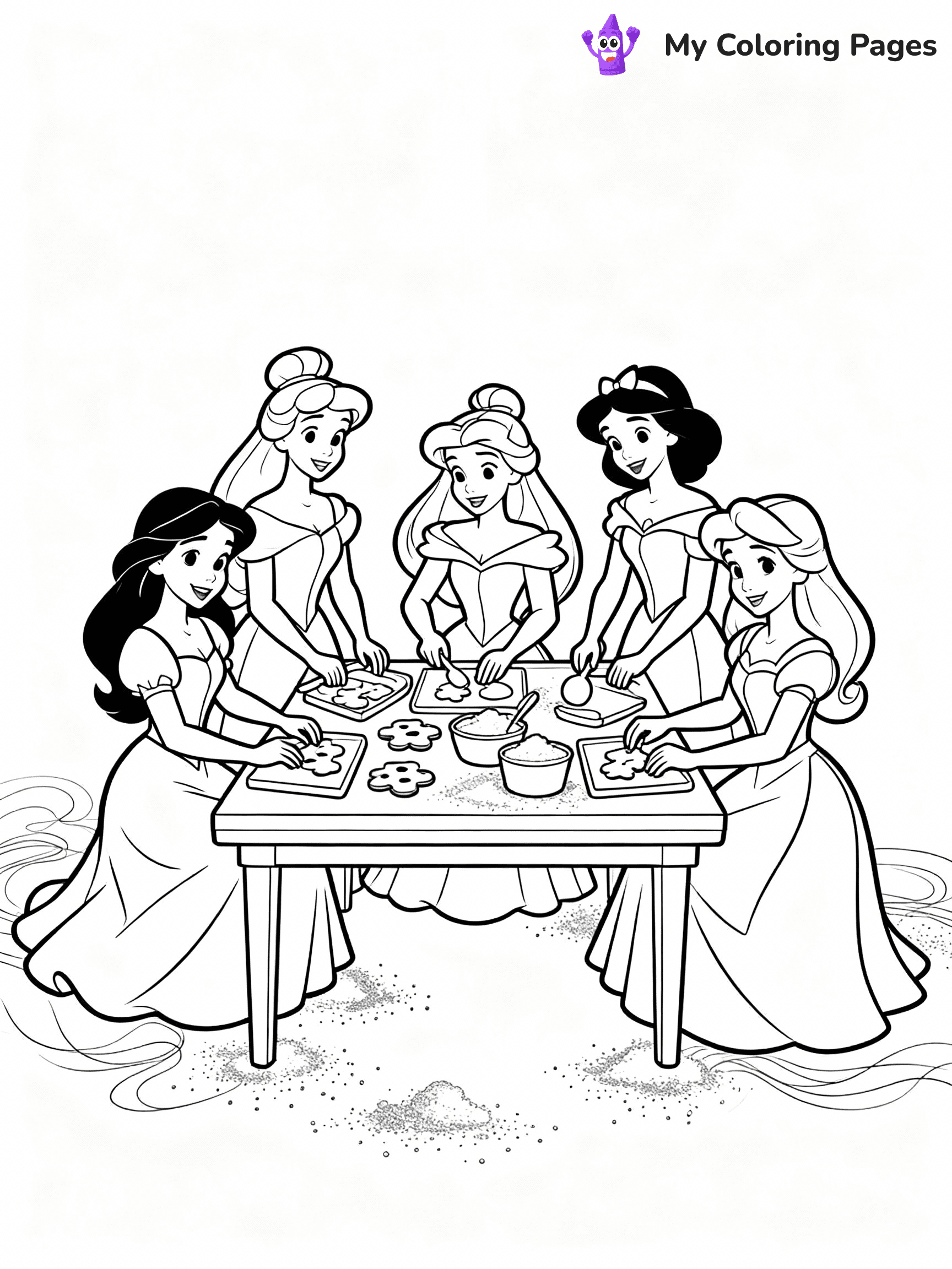 ⚠️ CRITICAL REQUIREMENT - ABSOLUTE BLACK AND WHITE ONLY ⚠️
This MUST be a BLACK AND WHITE line drawing ONLY. NO COLORS whatsoever.
- ONLY pure black lines (#000000) on pure white background (#FFFFFF)
- ABSOLUTELY NO colors, NO shading, NO gradients, NO grayscale
- If there are ANY colors in the output, the image is REJECTED
- This is a COLORING PAGE - meant to be COLORED IN by children
- The output must be UNCOLORED line art ready for coloring
⚠️ SUBJECT TO DRAW: Disney Princesses in Disney animation style, gathered around a table, baking cookies, flour scattered
(REMEMBER: Output must be BLACK AND WHITE line art only, NOT colored!)
# COLORING PAGE: BLACK OUTLINES ONLY - WHITE BACKGROUND MANDATORY
Create a **coloring book page** using EXACTLY two values: black lines, white space.
## NON-NEGOTIABLE BINARY RULES
- **ONLY #000000 (black) and #FFFFFF (white)** - NO other values exist
- **EVERY PIXEL = BLACK OR WHITE** - no gray/shading/antialiasing
- **WHITE BACKGROUND MANDATORY** - entire canvas stays white
- **ALL SHAPES HOLLOW** - everything is empty outlines waiting to be colored
- **FORBIDDEN:** fills, shading, gradients, patterns, textures, colors
- **NO SOLID REGIONS** - if it's not a thin line, it's wrong
## Universal Line Standards
- Black outlines ONLY - thin, uniform weight
- Every shape completely empty inside
- Closed contours suitable for coloring
- Simple flat illustration - zero depth/3D/realism
- **Style:** Whimsical Doodle Art Alley - rounded, friendly outlines (unless specified)
## Everything = Outline Only
- Characters/animals: hollow shapes
- Objects/clothing: empty contours
- Backgrounds/scenery: line work only
- Natural elements: outlined forms
- Dark/night areas: don't exist (use outlined symbols)
- Textures/patterns: convert to simple lines
## The Test
Can a child color EVERY white space with crayons? If any area is pre-filled/shaded/gray or colored in, it FAILS. Every shape must be waiting to receive color.
**FINAL OUTPUT**: Binary coloring page. Black lines define shapes. White spaces ready for coloring. Nothing else exists. No exceptions. Print-ready.
⚠️ FINAL REMINDER: Draw the subject "Disney Princesses in Disney animation style, gathered around a table, baking cookies, flour scattered" as BLACK AND WHITE line art. Zero colors in output.