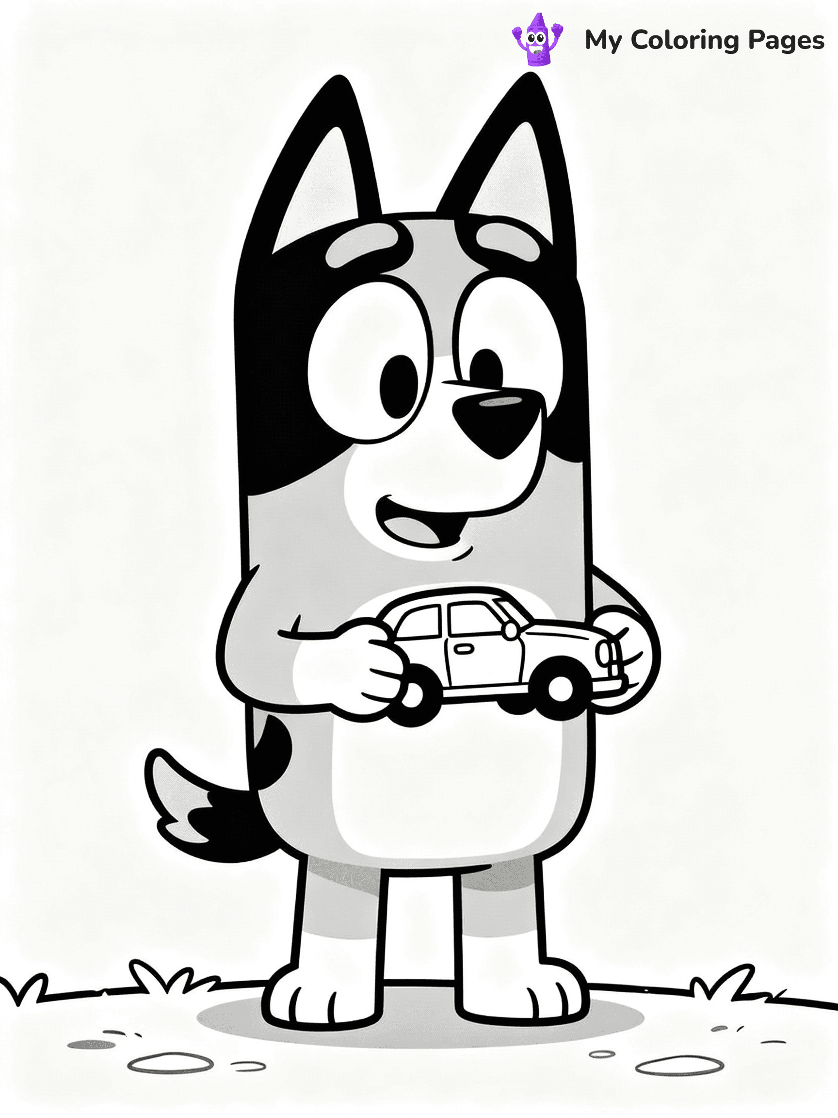 ⚠️ CRITICAL REQUIREMENT - ABSOLUTE BLACK AND WHITE ONLY ⚠️
This MUST be a BLACK AND WHITE line drawing ONLY. NO COLORS whatsoever.
- ONLY pure black lines (#000000) on pure white background (#FFFFFF)
- ABSOLUTELY NO colors, NO shading, NO gradients, NO grayscale
- If there are ANY colors in the output, the image is REJECTED
- This is a COLORING PAGE - meant to be COLORED IN by children
- The output must be UNCOLORED line art ready for coloring
⚠️ SUBJECT TO DRAW: Bingo from Bluey playing with a toy car. Important: PURE OUTLINES. NO FILLS, COLOR, SHADING, OR GREYSCALE. WHITE BACKGROUND.
(REMEMBER: Output must be BLACK AND WHITE line art only, NOT colored!)
# Flat, Friendly Cartoon Line-Art Coloring Page
You are generating a **pure black-and-white binary image** of a child-friendly cartoon scene combining characters and background scenery in one cohesive composition.
## Rendering Rules (Strict)
- Only two colors: pure black (#000000) outlines and pure white (#FFFFFF) background.
- No grayscale, shading, gradients, tints, fills, transparency, or partial pixels.
- No antialiasing or blended edges; every pixel is 100% black or white.
- No solid black fills inside shapes — all areas inside outlines must remain white.
- No dark clothing areas or filled tone blocks; all garments outlined only.
- No shadows, textures, lighting, or tonal variations.
- Must look like flat binary vector line-art for coloring pages.
## Drawing & Composition
- **Medium, consistent line weight**; clean closed outlines easy to color inside.
- **Flat, simple, child-friendly design** — no realism or 3D depth.
- Characters are **grounded on a surface**, centered and large.
- **Balanced composition** with clear silhouettes and minimal props.
## Scenery & Style
- Landmarks (e.g., mosque, CN Tower) and scenery (trees, benches, waves) drawn with **black outlines only.**
- For real-world figures, teams, or places, show accurate details using only black outlines—no text or logos. Use distinctive uniform patterns, abstract symbols, and landmark silhouettes to convey identity.
- Keep **consistent perspective**; no floating elements.
- **Style:** whimsical **Doodle Art Alley** — rounded, friendly outlines.
- May adapt shapes from **Crayola, Disney, Peppa Pig, Cocomelon** — *by shape only, never color.*
- Final output: **flat, crisp, binary (#000000/#FFFFFF)**, **no filled color or background text.**
EXTREMELYE IMPORTANT:
- PURE BINARY LINE-ART; NO FILLS (HAIR/CLOTHES/SKIN), SHADING, OR GREY.
- NO SHADING, COLOR. MUST BE WHITE BACKGROUND.
⚠️ FINAL REMINDER: Draw the subject "Bingo from Bluey playing with a toy car. Important: PURE OUTLINES. NO FILLS, COLOR, SHADING, OR GREYSCALE. WHITE BACKGROUND." as BLACK AND WHITE line art. Zero colors in output.