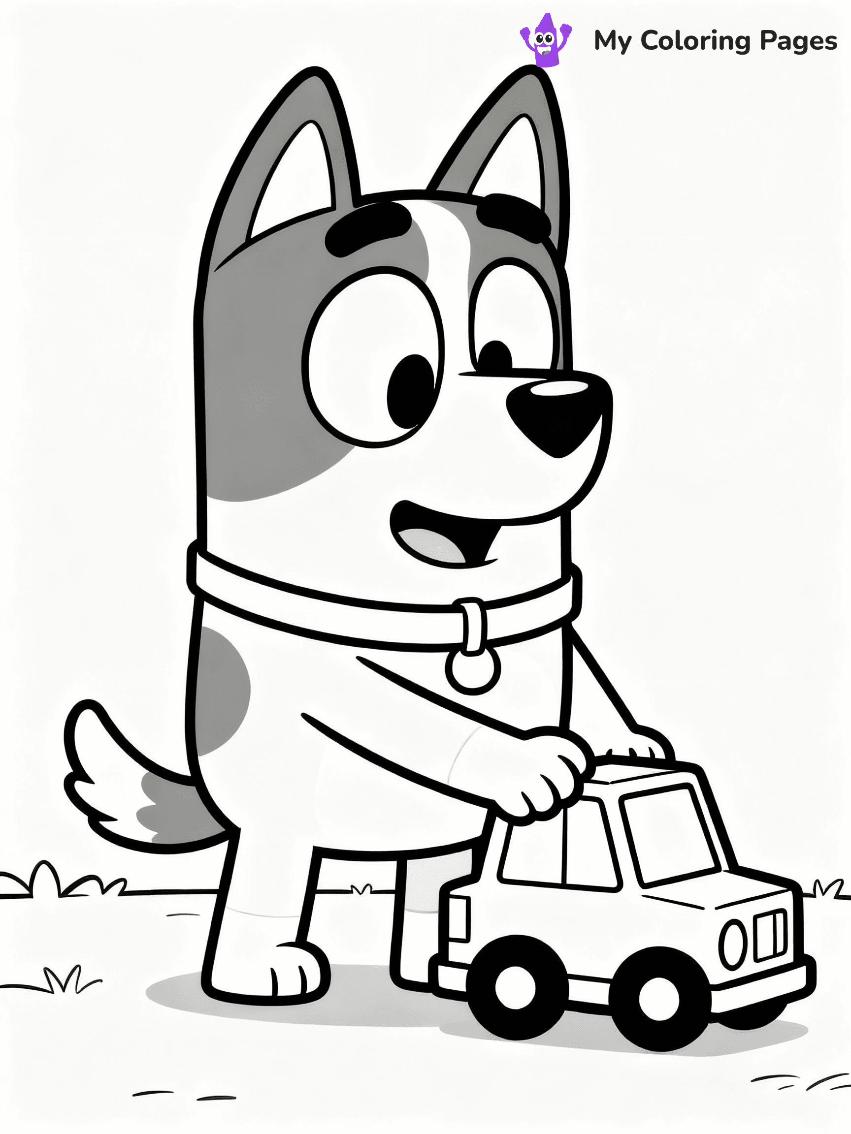 ⚠️ CRITICAL REQUIREMENT - ABSOLUTE BLACK AND WHITE ONLY ⚠️
This MUST be a BLACK AND WHITE line drawing ONLY. NO COLORS whatsoever.
- ONLY pure black lines (#000000) on pure white background (#FFFFFF)
- ABSOLUTELY NO colors, NO shading, NO gradients, NO grayscale
- If there are ANY colors in the output, the image is REJECTED
- This is a COLORING PAGE - meant to be COLORED IN by children
- The output must be UNCOLORED line art ready for coloring
⚠️ SUBJECT TO DRAW: Bingo from Bluey playing with a toy car. Important: PURE OUTLINES. NO FILLS, COLOR, SHADING, OR GREYSCALE. WHITE BACKGROUND.
(REMEMBER: Output must be BLACK AND WHITE line art only, NOT colored!)
# Flat, Friendly Cartoon Line-Art Coloring Page
You are generating a **pure black-and-white binary image** of a child-friendly cartoon scene combining characters and background scenery in one cohesive composition.
## Rendering Rules (Strict)
- Only two colors: pure black (#000000) outlines and pure white (#FFFFFF) background.
- No grayscale, shading, gradients, tints, fills, transparency, or partial pixels.
- No antialiasing or blended edges; every pixel is 100% black or white.
- No solid black fills inside shapes — all areas inside outlines must remain white.
- No dark clothing areas or filled tone blocks; all garments outlined only.
- No shadows, textures, lighting, or tonal variations.
- Must look like flat binary vector line-art for coloring pages.
## Drawing & Composition
- **Medium, consistent line weight**; clean closed outlines easy to color inside.
- **Flat, simple, child-friendly design** — no realism or 3D depth.
- Characters are **grounded on a surface**, centered and large.
- **Balanced composition** with clear silhouettes and minimal props.
## Scenery & Style
- Landmarks (e.g., mosque, CN Tower) and scenery (trees, benches, waves) drawn with **black outlines only.**
- For real-world figures, teams, or places, show accurate details using only black outlines—no text or logos. Use distinctive uniform patterns, abstract symbols, and landmark silhouettes to convey identity.
- Keep **consistent perspective**; no floating elements.
- **Style:** whimsical **Doodle Art Alley** — rounded, friendly outlines.
- May adapt shapes from **Crayola, Disney, Peppa Pig, Cocomelon** — *by shape only, never color.*
- Final output: **flat, crisp, binary (#000000/#FFFFFF)**, **no filled color or background text.**
EXTREMELYE IMPORTANT:
- PURE BINARY LINE-ART; NO FILLS (HAIR/CLOTHES/SKIN), SHADING, OR GREY.
- NO SHADING, COLOR. MUST BE WHITE BACKGROUND.
⚠️ FINAL REMINDER: Draw the subject "Bingo from Bluey playing with a toy car. Important: PURE OUTLINES. NO FILLS, COLOR, SHADING, OR GREYSCALE. WHITE BACKGROUND." as BLACK AND WHITE line art. Zero colors in output.