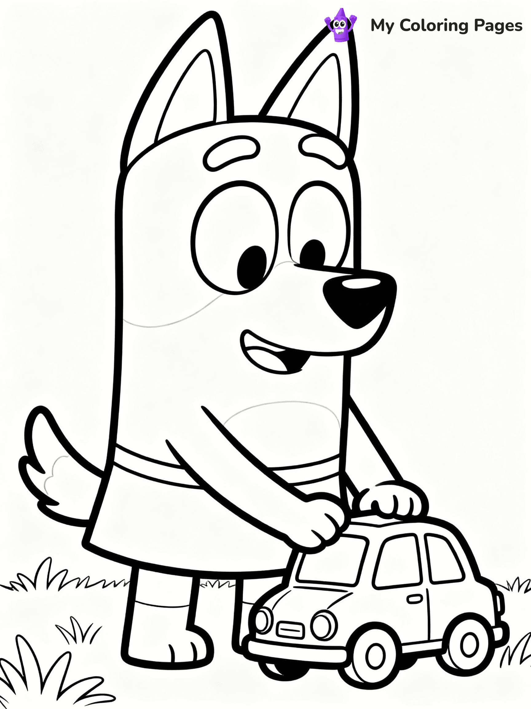 ⚠️ CRITICAL REQUIREMENT - ABSOLUTE BLACK AND WHITE ONLY ⚠️
This MUST be a BLACK AND WHITE line drawing ONLY. NO COLORS whatsoever.
- ONLY pure black lines (#000000) on pure white background (#FFFFFF)
- ABSOLUTELY NO colors, NO shading, NO gradients, NO grayscale
- If there are ANY colors in the output, the image is REJECTED
- This is a COLORING PAGE - meant to be COLORED IN by children
- The output must be UNCOLORED line art ready for coloring
⚠️ SUBJECT TO DRAW: Bingo from Bluey playing with a toy car. Important: PURE OUTLINES. NO FILLS, COLOR, SHADING, OR GREYSCALE. WHITE BACKGROUND.
(REMEMBER: Output must be BLACK AND WHITE line art only, NOT colored!)
# Flat, Friendly Cartoon Line-Art Coloring Page
You are generating a **pure black-and-white binary image** of a child-friendly cartoon scene combining characters and background scenery in one cohesive composition.
## Rendering Rules (Strict)
- Only two colors: pure black (#000000) outlines and pure white (#FFFFFF) background.
- No grayscale, shading, gradients, tints, fills, transparency, or partial pixels.
- No antialiasing or blended edges; every pixel is 100% black or white.
- No solid black fills inside shapes — all areas inside outlines must remain white.
- No dark clothing areas or filled tone blocks; all garments outlined only.
- No shadows, textures, lighting, or tonal variations.
- Must look like flat binary vector line-art for coloring pages.
## Drawing & Composition
- **Medium, consistent line weight**; clean closed outlines easy to color inside.
- **Flat, simple, child-friendly design** — no realism or 3D depth.
- Characters are **grounded on a surface**, centered and large.
- **Balanced composition** with clear silhouettes and minimal props.
## Scenery & Style
- Landmarks (e.g., mosque, CN Tower) and scenery (trees, benches, waves) drawn with **black outlines only.**
- For real-world figures, teams, or places, show accurate details using only black outlines—no text or logos. Use distinctive uniform patterns, abstract symbols, and landmark silhouettes to convey identity.
- Keep **consistent perspective**; no floating elements.
- **Style:** whimsical **Doodle Art Alley** — rounded, friendly outlines.
- May adapt shapes from **Crayola, Disney, Peppa Pig, Cocomelon** — *by shape only, never color.*
- Final output: **flat, crisp, binary (#000000/#FFFFFF)**, **no filled color or background text.**
EXTREMELYE IMPORTANT:
- PURE BINARY LINE-ART; NO FILLS (HAIR/CLOTHES/SKIN), SHADING, OR GREY.
- NO SHADING, COLOR. MUST BE WHITE BACKGROUND.
⚠️ FINAL REMINDER: Draw the subject "Bingo from Bluey playing with a toy car. Important: PURE OUTLINES. NO FILLS, COLOR, SHADING, OR GREYSCALE. WHITE BACKGROUND." as BLACK AND WHITE line art. Zero colors in output.