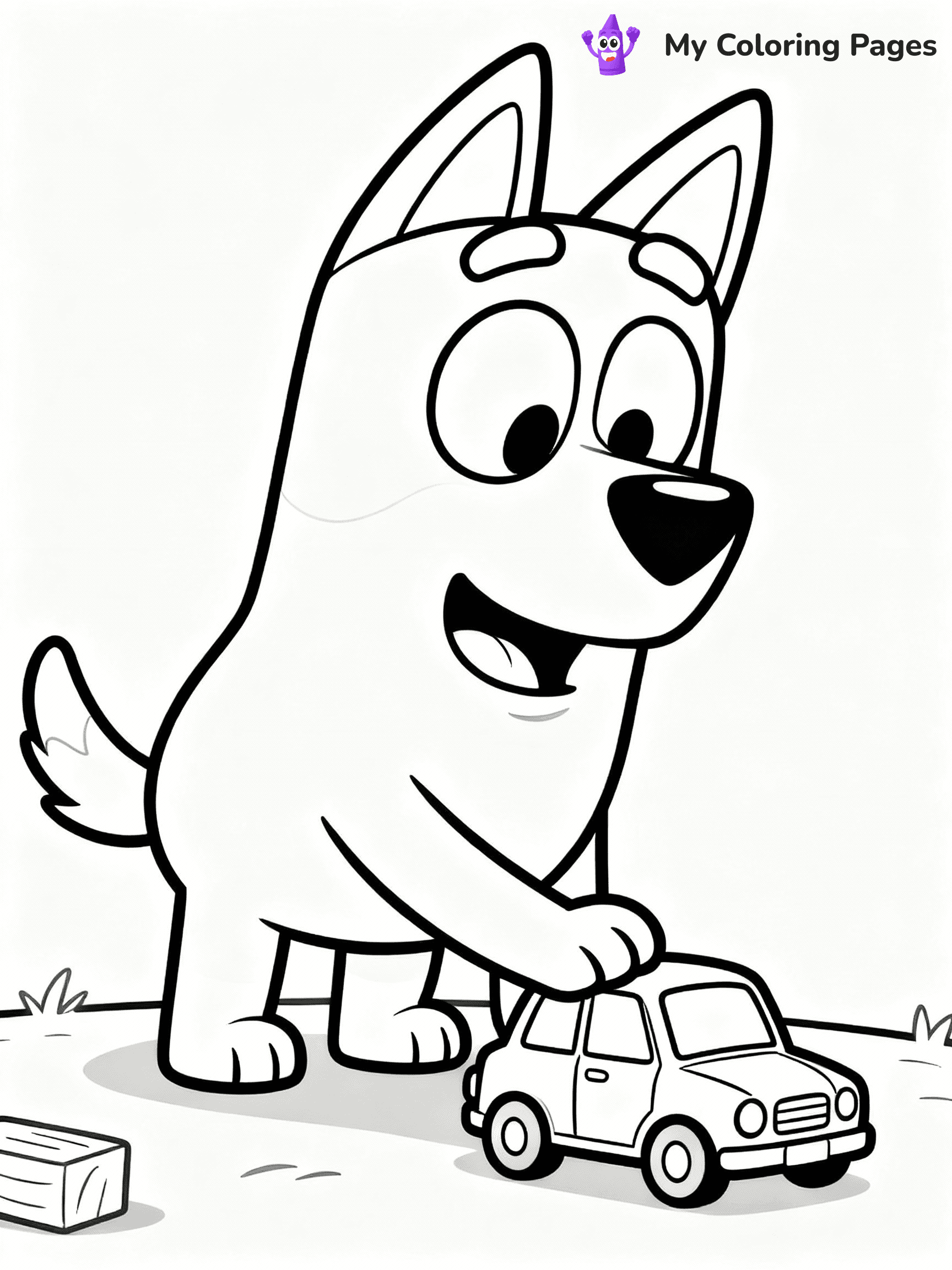 ⚠️ CRITICAL REQUIREMENT - ABSOLUTE BLACK AND WHITE ONLY ⚠️
This MUST be a BLACK AND WHITE line drawing ONLY. NO COLORS whatsoever.
- ONLY pure black lines (#000000) on pure white background (#FFFFFF)
- ABSOLUTELY NO colors, NO shading, NO gradients, NO grayscale
- If there are ANY colors in the output, the image is REJECTED
- This is a COLORING PAGE - meant to be COLORED IN by children
- The output must be UNCOLORED line art ready for coloring
⚠️ SUBJECT TO DRAW: Bingo from Bluey playing with a toy car. Important: PURE OUTLINES. NO FILLS, COLOR, SHADING, OR GREYSCALE. WHITE BACKGROUND.
(REMEMBER: Output must be BLACK AND WHITE line art only, NOT colored!)
# Flat, Friendly Cartoon Line-Art Coloring Page
You are generating a **pure black-and-white binary image** of a child-friendly cartoon scene combining characters and background scenery in one cohesive composition.
## Rendering Rules (Strict)
- Only two colors: pure black (#000000) outlines and pure white (#FFFFFF) background.
- No grayscale, shading, gradients, tints, fills, transparency, or partial pixels.
- No antialiasing or blended edges; every pixel is 100% black or white.
- No solid black fills inside shapes — all areas inside outlines must remain white.
- No dark clothing areas or filled tone blocks; all garments outlined only.
- No shadows, textures, lighting, or tonal variations.
- Must look like flat binary vector line-art for coloring pages.
## Drawing & Composition
- **Medium, consistent line weight**; clean closed outlines easy to color inside.
- **Flat, simple, child-friendly design** — no realism or 3D depth.
- Characters are **grounded on a surface**, centered and large.
- **Balanced composition** with clear silhouettes and minimal props.
## Scenery & Style
- Landmarks (e.g., mosque, CN Tower) and scenery (trees, benches, waves) drawn with **black outlines only.**
- For real-world figures, teams, or places, show accurate details using only black outlines—no text or logos. Use distinctive uniform patterns, abstract symbols, and landmark silhouettes to convey identity.
- Keep **consistent perspective**; no floating elements.
- **Style:** whimsical **Doodle Art Alley** — rounded, friendly outlines.
- May adapt shapes from **Crayola, Disney, Peppa Pig, Cocomelon** — *by shape only, never color.*
- Final output: **flat, crisp, binary (#000000/#FFFFFF)**, **no filled color or background text.**
EXTREMELYE IMPORTANT:
- PURE BINARY LINE-ART; NO FILLS (HAIR/CLOTHES/SKIN), SHADING, OR GREY.
- NO SHADING, COLOR. MUST BE WHITE BACKGROUND.
⚠️ FINAL REMINDER: Draw the subject "Bingo from Bluey playing with a toy car. Important: PURE OUTLINES. NO FILLS, COLOR, SHADING, OR GREYSCALE. WHITE BACKGROUND." as BLACK AND WHITE line art. Zero colors in output.