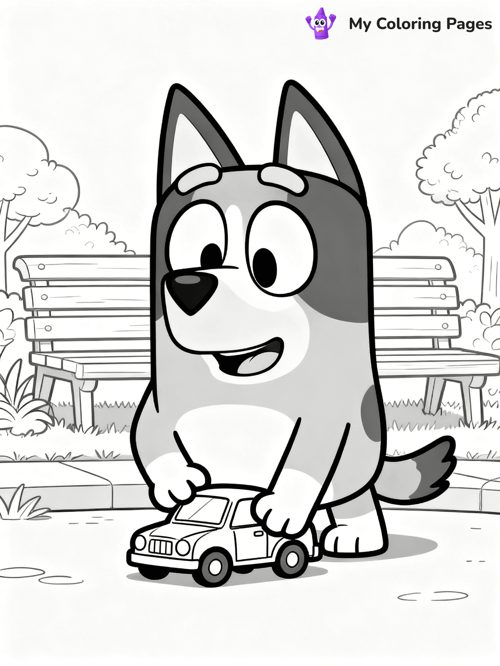 ⚠️ CRITICAL REQUIREMENT - ABSOLUTE BLACK AND WHITE ONLY ⚠️
This MUST be a BLACK AND WHITE line drawing ONLY. NO COLORS whatsoever.
- ONLY pure black lines (#000000) on pure white background (#FFFFFF)
- ABSOLUTELY NO colors, NO shading, NO gradients, NO grayscale
- If there are ANY colors in the output, the image is REJECTED
- This is a COLORING PAGE - meant to be COLORED IN by children
- The output must be UNCOLORED line art ready for coloring
⚠️ SUBJECT TO DRAW: Bingo from Bluey playing with a toy car. Important: PURE OUTLINES. NO FILLS, COLOR, SHADING, OR GREYSCALE. WHITE BACKGROUND.
(REMEMBER: Output must be BLACK AND WHITE line art only, NOT colored!)
# Flat, Friendly Cartoon Line-Art Coloring Page
You are generating a **pure black-and-white binary image** of a child-friendly cartoon scene combining characters and background scenery in one cohesive composition.
## Rendering Rules (Strict)
- Only two colors: pure black (#000000) outlines and pure white (#FFFFFF) background.
- No grayscale, shading, gradients, tints, fills, transparency, or partial pixels.
- No antialiasing or blended edges; every pixel is 100% black or white.
- No solid black fills inside shapes — all areas inside outlines must remain white.
- No dark clothing areas or filled tone blocks; all garments outlined only.
- No shadows, textures, lighting, or tonal variations.
- Must look like flat binary vector line-art for coloring pages.
## Drawing & Composition
- **Medium, consistent line weight**; clean closed outlines easy to color inside.
- **Flat, simple, child-friendly design** — no realism or 3D depth.
- Characters are **grounded on a surface**, centered and large.
- **Balanced composition** with clear silhouettes and minimal props.
## Scenery & Style
- Landmarks (e.g., mosque, CN Tower) and scenery (trees, benches, waves) drawn with **black outlines only.**
- For real-world figures, teams, or places, show accurate details using only black outlines—no text or logos. Use distinctive uniform patterns, abstract symbols, and landmark silhouettes to convey identity.
- Keep **consistent perspective**; no floating elements.
- **Style:** whimsical **Doodle Art Alley** — rounded, friendly outlines.
- May adapt shapes from **Crayola, Disney, Peppa Pig, Cocomelon** — *by shape only, never color.*
- Final output: **flat, crisp, binary (#000000/#FFFFFF)**, **no filled color or background text.**
EXTREMELYE IMPORTANT:
- PURE BINARY LINE-ART; NO FILLS (HAIR/CLOTHES/SKIN), SHADING, OR GREY.
- NO SHADING, COLOR. MUST BE WHITE BACKGROUND.
⚠️ FINAL REMINDER: Draw the subject "Bingo from Bluey playing with a toy car. Important: PURE OUTLINES. NO FILLS, COLOR, SHADING, OR GREYSCALE. WHITE BACKGROUND." as BLACK AND WHITE line art. Zero colors in output.