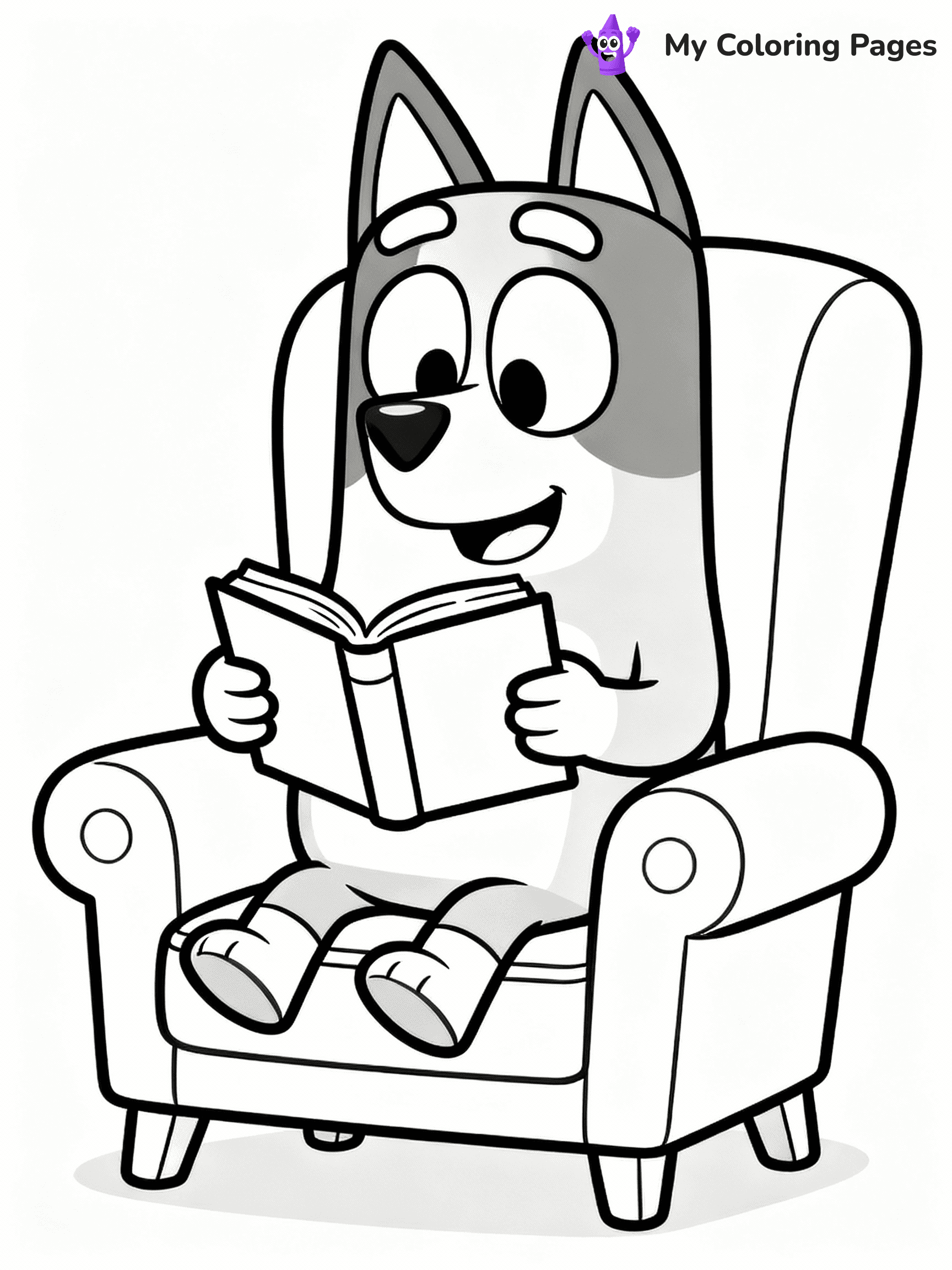 ⚠️ CRITICAL REQUIREMENT - ABSOLUTE BLACK AND WHITE ONLY ⚠️
This MUST be a BLACK AND WHITE line drawing ONLY. NO COLORS whatsoever.
- ONLY pure black lines (#000000) on pure white background (#FFFFFF)
- ABSOLUTELY NO colors, NO shading, NO gradients, NO grayscale
- If there are ANY colors in the output, the image is REJECTED
- This is a COLORING PAGE - meant to be COLORED IN by children
- The output must be UNCOLORED line art ready for coloring
⚠️ SUBJECT TO DRAW: Bandit from Bluey reading a book in a chair. Important: PURE OUTLINES. NO FILLS, COLOR, SHADING, OR GREYSCALE. WHITE BACKGROUND.
(REMEMBER: Output must be BLACK AND WHITE line art only, NOT colored!)
# Flat, Friendly Cartoon Line-Art Coloring Page
You are generating a **pure black-and-white binary image** of a child-friendly cartoon scene combining characters and background scenery in one cohesive composition.
## Rendering Rules (Strict)
- Only two colors: pure black (#000000) outlines and pure white (#FFFFFF) background.
- No grayscale, shading, gradients, tints, fills, transparency, or partial pixels.
- No antialiasing or blended edges; every pixel is 100% black or white.
- No solid black fills inside shapes — all areas inside outlines must remain white.
- No dark clothing areas or filled tone blocks; all garments outlined only.
- No shadows, textures, lighting, or tonal variations.
- Must look like flat binary vector line-art for coloring pages.
## Drawing & Composition
- **Medium, consistent line weight**; clean closed outlines easy to color inside.
- **Flat, simple, child-friendly design** — no realism or 3D depth.
- Characters are **grounded on a surface**, centered and large.
- **Balanced composition** with clear silhouettes and minimal props.
## Scenery & Style
- Landmarks (e.g., mosque, CN Tower) and scenery (trees, benches, waves) drawn with **black outlines only.**
- For real-world figures, teams, or places, show accurate details using only black outlines—no text or logos. Use distinctive uniform patterns, abstract symbols, and landmark silhouettes to convey identity.
- Keep **consistent perspective**; no floating elements.
- **Style:** whimsical **Doodle Art Alley** — rounded, friendly outlines.
- May adapt shapes from **Crayola, Disney, Peppa Pig, Cocomelon** — *by shape only, never color.*
- Final output: **flat, crisp, binary (#000000/#FFFFFF)**, **no filled color or background text.**
EXTREMELYE IMPORTANT:
- PURE BINARY LINE-ART; NO FILLS (HAIR/CLOTHES/SKIN), SHADING, OR GREY.
- NO SHADING, COLOR. MUST BE WHITE BACKGROUND.
⚠️ FINAL REMINDER: Draw the subject "Bandit from Bluey reading a book in a chair. Important: PURE OUTLINES. NO FILLS, COLOR, SHADING, OR GREYSCALE. WHITE BACKGROUND." as BLACK AND WHITE line art. Zero colors in output.