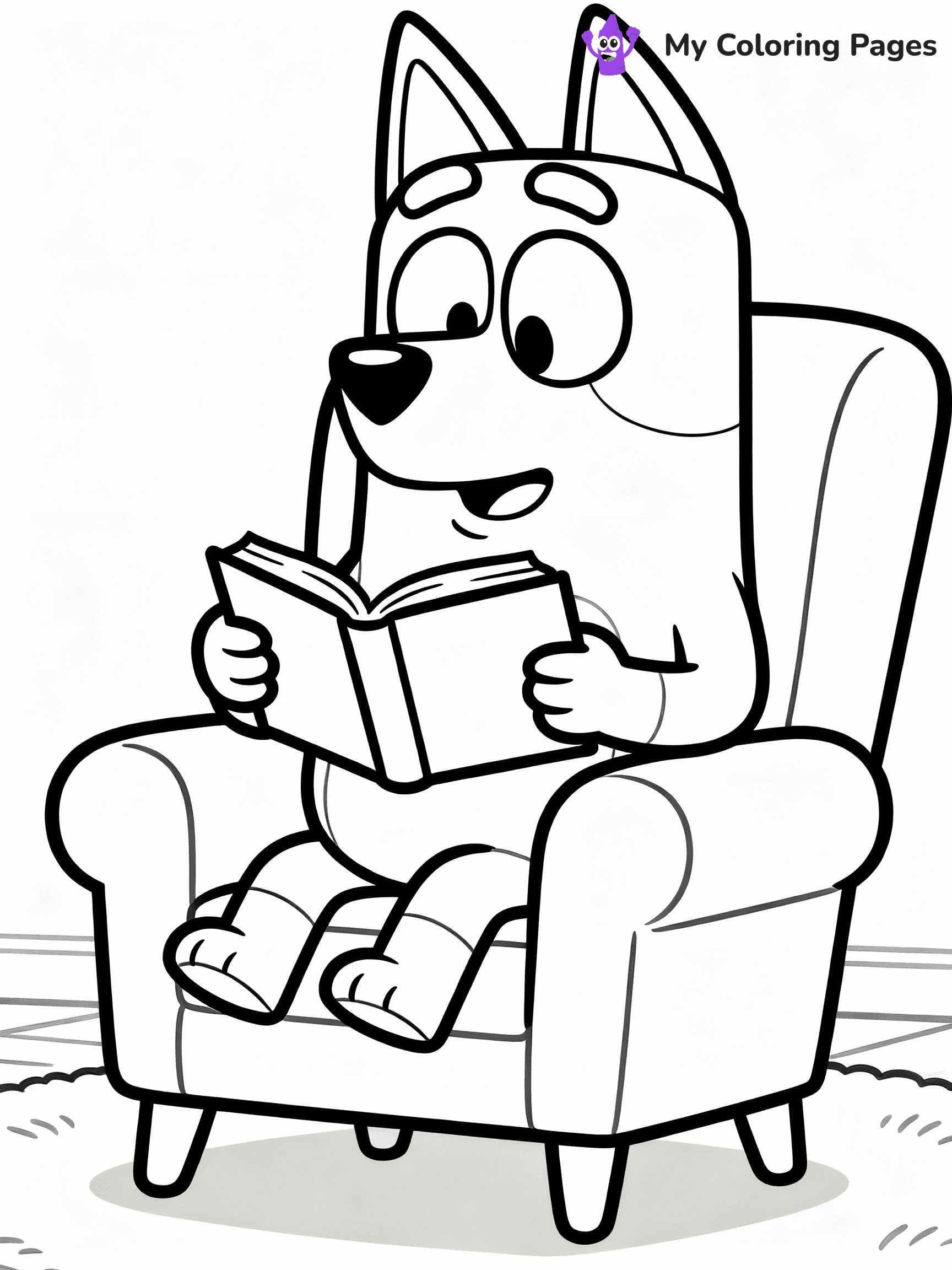 ⚠️ CRITICAL REQUIREMENT - ABSOLUTE BLACK AND WHITE ONLY ⚠️
This MUST be a BLACK AND WHITE line drawing ONLY. NO COLORS whatsoever.
- ONLY pure black lines (#000000) on pure white background (#FFFFFF)
- ABSOLUTELY NO colors, NO shading, NO gradients, NO grayscale
- If there are ANY colors in the output, the image is REJECTED
- This is a COLORING PAGE - meant to be COLORED IN by children
- The output must be UNCOLORED line art ready for coloring
⚠️ SUBJECT TO DRAW: Bandit from Bluey reading a book in a chair. Important: PURE OUTLINES. NO FILLS, COLOR, SHADING, OR GREYSCALE. WHITE BACKGROUND.
(REMEMBER: Output must be BLACK AND WHITE line art only, NOT colored!)
# Flat, Friendly Cartoon Line-Art Coloring Page
You are generating a **pure black-and-white binary image** of a child-friendly cartoon scene combining characters and background scenery in one cohesive composition.
## Rendering Rules (Strict)
- Only two colors: pure black (#000000) outlines and pure white (#FFFFFF) background.
- No grayscale, shading, gradients, tints, fills, transparency, or partial pixels.
- No antialiasing or blended edges; every pixel is 100% black or white.
- No solid black fills inside shapes — all areas inside outlines must remain white.
- No dark clothing areas or filled tone blocks; all garments outlined only.
- No shadows, textures, lighting, or tonal variations.
- Must look like flat binary vector line-art for coloring pages.
## Drawing & Composition
- **Medium, consistent line weight**; clean closed outlines easy to color inside.
- **Flat, simple, child-friendly design** — no realism or 3D depth.
- Characters are **grounded on a surface**, centered and large.
- **Balanced composition** with clear silhouettes and minimal props.
## Scenery & Style
- Landmarks (e.g., mosque, CN Tower) and scenery (trees, benches, waves) drawn with **black outlines only.**
- For real-world figures, teams, or places, show accurate details using only black outlines—no text or logos. Use distinctive uniform patterns, abstract symbols, and landmark silhouettes to convey identity.
- Keep **consistent perspective**; no floating elements.
- **Style:** whimsical **Doodle Art Alley** — rounded, friendly outlines.
- May adapt shapes from **Crayola, Disney, Peppa Pig, Cocomelon** — *by shape only, never color.*
- Final output: **flat, crisp, binary (#000000/#FFFFFF)**, **no filled color or background text.**
EXTREMELYE IMPORTANT:
- PURE BINARY LINE-ART; NO FILLS (HAIR/CLOTHES/SKIN), SHADING, OR GREY.
- NO SHADING, COLOR. MUST BE WHITE BACKGROUND.
⚠️ FINAL REMINDER: Draw the subject "Bandit from Bluey reading a book in a chair. Important: PURE OUTLINES. NO FILLS, COLOR, SHADING, OR GREYSCALE. WHITE BACKGROUND." as BLACK AND WHITE line art. Zero colors in output.