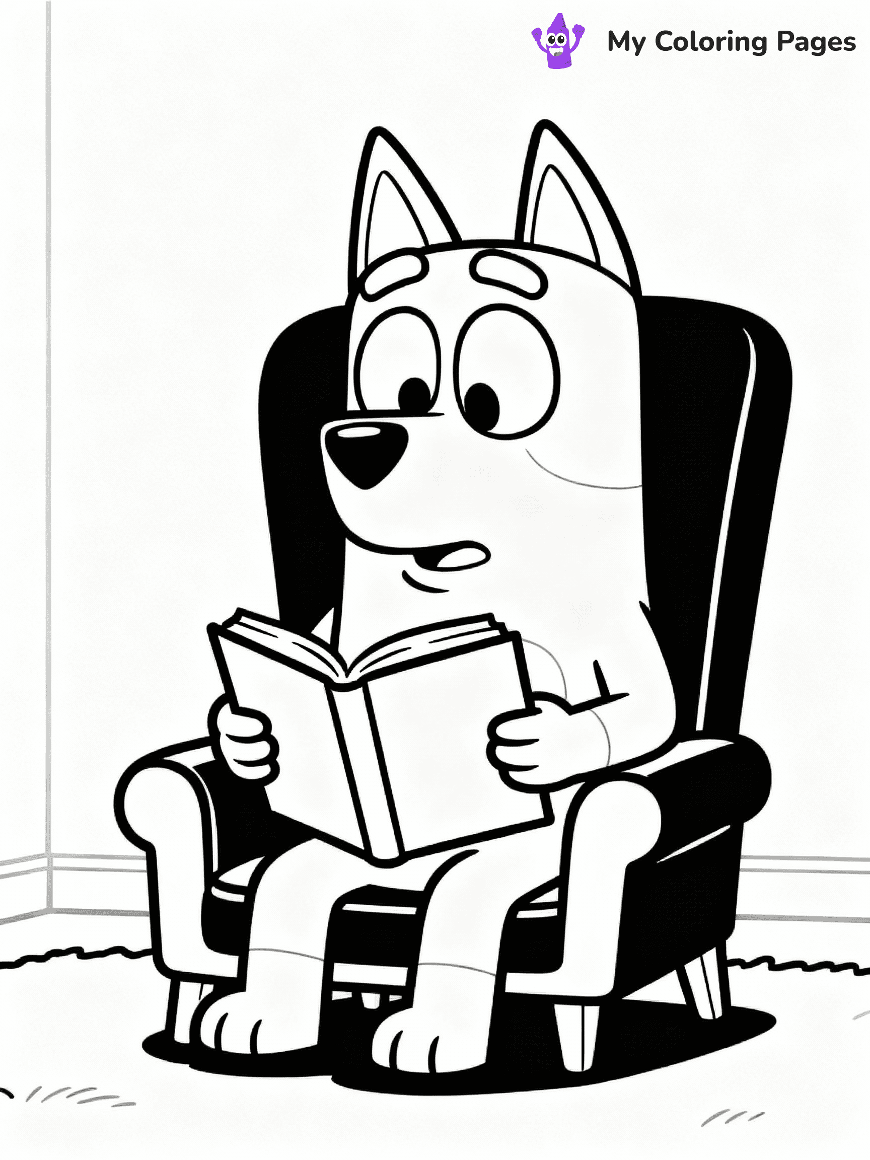 ⚠️ CRITICAL REQUIREMENT - ABSOLUTE BLACK AND WHITE ONLY ⚠️
This MUST be a BLACK AND WHITE line drawing ONLY. NO COLORS whatsoever.
- ONLY pure black lines (#000000) on pure white background (#FFFFFF)
- ABSOLUTELY NO colors, NO shading, NO gradients, NO grayscale
- If there are ANY colors in the output, the image is REJECTED
- This is a COLORING PAGE - meant to be COLORED IN by children
- The output must be UNCOLORED line art ready for coloring
⚠️ SUBJECT TO DRAW: Bandit from Bluey reading a book in a chair. Important: PURE OUTLINES. NO FILLS, COLOR, SHADING, OR GREYSCALE. WHITE BACKGROUND.
(REMEMBER: Output must be BLACK AND WHITE line art only, NOT colored!)
# Flat, Friendly Cartoon Line-Art Coloring Page
You are generating a **pure black-and-white binary image** of a child-friendly cartoon scene combining characters and background scenery in one cohesive composition.
## Rendering Rules (Strict)
- Only two colors: pure black (#000000) outlines and pure white (#FFFFFF) background.
- No grayscale, shading, gradients, tints, fills, transparency, or partial pixels.
- No antialiasing or blended edges; every pixel is 100% black or white.
- No solid black fills inside shapes — all areas inside outlines must remain white.
- No dark clothing areas or filled tone blocks; all garments outlined only.
- No shadows, textures, lighting, or tonal variations.
- Must look like flat binary vector line-art for coloring pages.
## Drawing & Composition
- **Medium, consistent line weight**; clean closed outlines easy to color inside.
- **Flat, simple, child-friendly design** — no realism or 3D depth.
- Characters are **grounded on a surface**, centered and large.
- **Balanced composition** with clear silhouettes and minimal props.
## Scenery & Style
- Landmarks (e.g., mosque, CN Tower) and scenery (trees, benches, waves) drawn with **black outlines only.**
- For real-world figures, teams, or places, show accurate details using only black outlines—no text or logos. Use distinctive uniform patterns, abstract symbols, and landmark silhouettes to convey identity.
- Keep **consistent perspective**; no floating elements.
- **Style:** whimsical **Doodle Art Alley** — rounded, friendly outlines.
- May adapt shapes from **Crayola, Disney, Peppa Pig, Cocomelon** — *by shape only, never color.*
- Final output: **flat, crisp, binary (#000000/#FFFFFF)**, **no filled color or background text.**
EXTREMELYE IMPORTANT:
- PURE BINARY LINE-ART; NO FILLS (HAIR/CLOTHES/SKIN), SHADING, OR GREY.
- NO SHADING, COLOR. MUST BE WHITE BACKGROUND.
⚠️ FINAL REMINDER: Draw the subject "Bandit from Bluey reading a book in a chair. Important: PURE OUTLINES. NO FILLS, COLOR, SHADING, OR GREYSCALE. WHITE BACKGROUND." as BLACK AND WHITE line art. Zero colors in output.