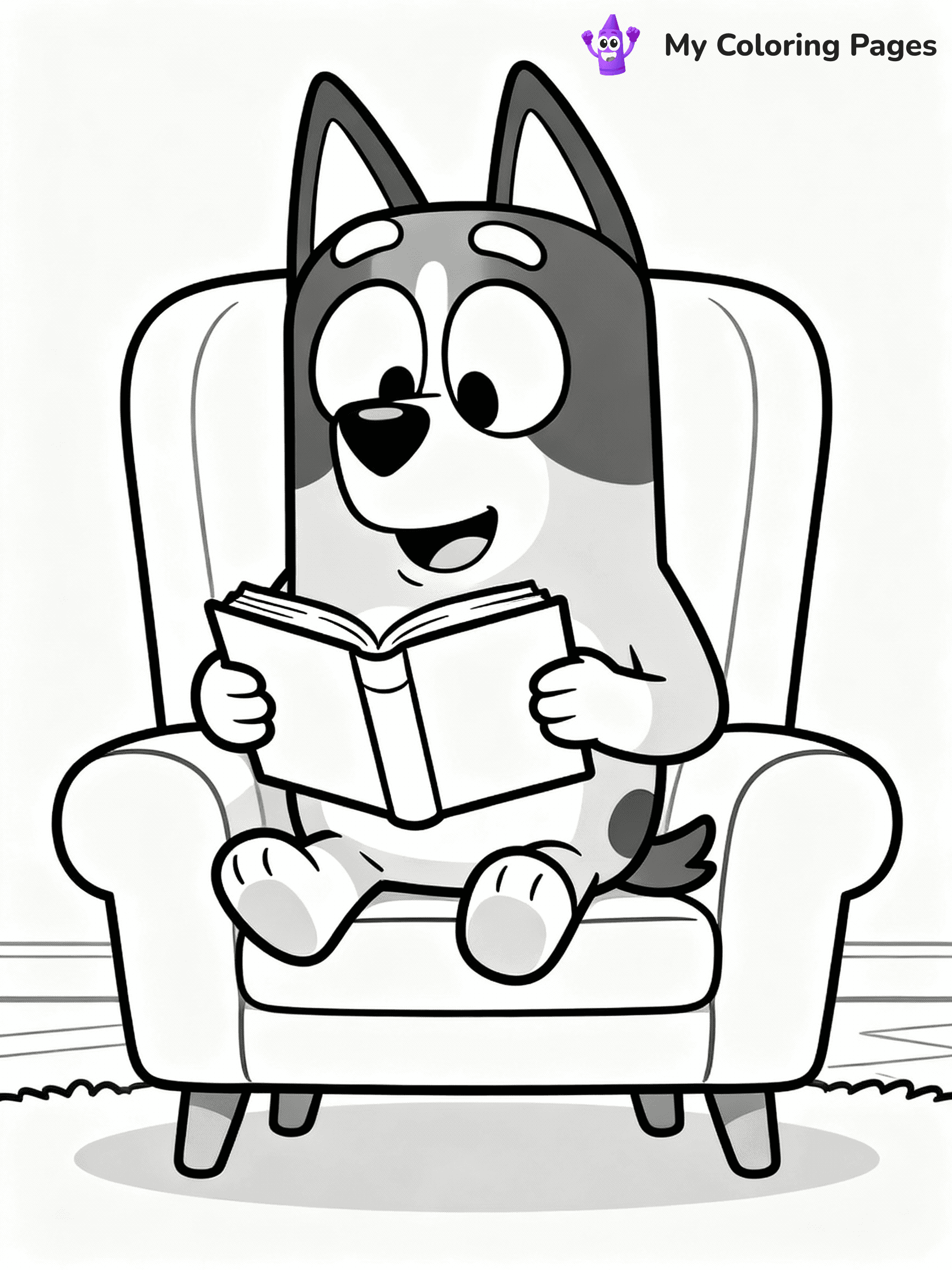 ⚠️ CRITICAL REQUIREMENT - ABSOLUTE BLACK AND WHITE ONLY ⚠️
This MUST be a BLACK AND WHITE line drawing ONLY. NO COLORS whatsoever.
- ONLY pure black lines (#000000) on pure white background (#FFFFFF)
- ABSOLUTELY NO colors, NO shading, NO gradients, NO grayscale
- If there are ANY colors in the output, the image is REJECTED
- This is a COLORING PAGE - meant to be COLORED IN by children
- The output must be UNCOLORED line art ready for coloring
⚠️ SUBJECT TO DRAW: Bandit from Bluey reading a book in a chair. Important: PURE OUTLINES. NO FILLS, COLOR, SHADING, OR GREYSCALE. WHITE BACKGROUND.
(REMEMBER: Output must be BLACK AND WHITE line art only, NOT colored!)
# Flat, Friendly Cartoon Line-Art Coloring Page
You are generating a **pure black-and-white binary image** of a child-friendly cartoon scene combining characters and background scenery in one cohesive composition.
## Rendering Rules (Strict)
- Only two colors: pure black (#000000) outlines and pure white (#FFFFFF) background.
- No grayscale, shading, gradients, tints, fills, transparency, or partial pixels.
- No antialiasing or blended edges; every pixel is 100% black or white.
- No solid black fills inside shapes — all areas inside outlines must remain white.
- No dark clothing areas or filled tone blocks; all garments outlined only.
- No shadows, textures, lighting, or tonal variations.
- Must look like flat binary vector line-art for coloring pages.
## Drawing & Composition
- **Medium, consistent line weight**; clean closed outlines easy to color inside.
- **Flat, simple, child-friendly design** — no realism or 3D depth.
- Characters are **grounded on a surface**, centered and large.
- **Balanced composition** with clear silhouettes and minimal props.
## Scenery & Style
- Landmarks (e.g., mosque, CN Tower) and scenery (trees, benches, waves) drawn with **black outlines only.**
- For real-world figures, teams, or places, show accurate details using only black outlines—no text or logos. Use distinctive uniform patterns, abstract symbols, and landmark silhouettes to convey identity.
- Keep **consistent perspective**; no floating elements.
- **Style:** whimsical **Doodle Art Alley** — rounded, friendly outlines.
- May adapt shapes from **Crayola, Disney, Peppa Pig, Cocomelon** — *by shape only, never color.*
- Final output: **flat, crisp, binary (#000000/#FFFFFF)**, **no filled color or background text.**
EXTREMELYE IMPORTANT:
- PURE BINARY LINE-ART; NO FILLS (HAIR/CLOTHES/SKIN), SHADING, OR GREY.
- NO SHADING, COLOR. MUST BE WHITE BACKGROUND.
⚠️ FINAL REMINDER: Draw the subject "Bandit from Bluey reading a book in a chair. Important: PURE OUTLINES. NO FILLS, COLOR, SHADING, OR GREYSCALE. WHITE BACKGROUND." as BLACK AND WHITE line art. Zero colors in output.