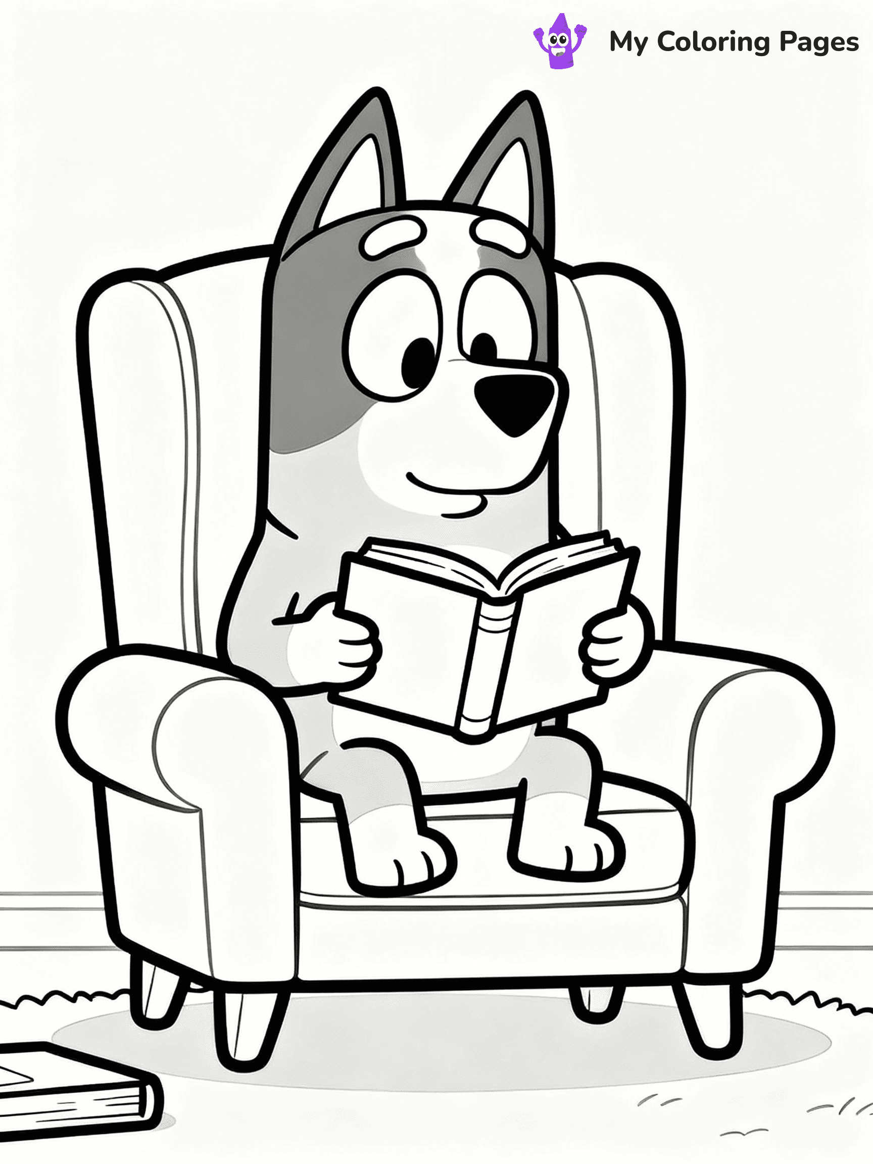 ⚠️ CRITICAL REQUIREMENT - ABSOLUTE BLACK AND WHITE ONLY ⚠️
This MUST be a BLACK AND WHITE line drawing ONLY. NO COLORS whatsoever.
- ONLY pure black lines (#000000) on pure white background (#FFFFFF)
- ABSOLUTELY NO colors, NO shading, NO gradients, NO grayscale
- If there are ANY colors in the output, the image is REJECTED
- This is a COLORING PAGE - meant to be COLORED IN by children
- The output must be UNCOLORED line art ready for coloring
⚠️ SUBJECT TO DRAW: Bandit from Bluey reading a book in a chair. Important: PURE OUTLINES. NO FILLS, COLOR, SHADING, OR GREYSCALE. WHITE BACKGROUND.
(REMEMBER: Output must be BLACK AND WHITE line art only, NOT colored!)
# Flat, Friendly Cartoon Line-Art Coloring Page
You are generating a **pure black-and-white binary image** of a child-friendly cartoon scene combining characters and background scenery in one cohesive composition.
## Rendering Rules (Strict)
- Only two colors: pure black (#000000) outlines and pure white (#FFFFFF) background.
- No grayscale, shading, gradients, tints, fills, transparency, or partial pixels.
- No antialiasing or blended edges; every pixel is 100% black or white.
- No solid black fills inside shapes — all areas inside outlines must remain white.
- No dark clothing areas or filled tone blocks; all garments outlined only.
- No shadows, textures, lighting, or tonal variations.
- Must look like flat binary vector line-art for coloring pages.
## Drawing & Composition
- **Medium, consistent line weight**; clean closed outlines easy to color inside.
- **Flat, simple, child-friendly design** — no realism or 3D depth.
- Characters are **grounded on a surface**, centered and large.
- **Balanced composition** with clear silhouettes and minimal props.
## Scenery & Style
- Landmarks (e.g., mosque, CN Tower) and scenery (trees, benches, waves) drawn with **black outlines only.**
- For real-world figures, teams, or places, show accurate details using only black outlines—no text or logos. Use distinctive uniform patterns, abstract symbols, and landmark silhouettes to convey identity.
- Keep **consistent perspective**; no floating elements.
- **Style:** whimsical **Doodle Art Alley** — rounded, friendly outlines.
- May adapt shapes from **Crayola, Disney, Peppa Pig, Cocomelon** — *by shape only, never color.*
- Final output: **flat, crisp, binary (#000000/#FFFFFF)**, **no filled color or background text.**
EXTREMELYE IMPORTANT:
- PURE BINARY LINE-ART; NO FILLS (HAIR/CLOTHES/SKIN), SHADING, OR GREY.
- NO SHADING, COLOR. MUST BE WHITE BACKGROUND.
⚠️ FINAL REMINDER: Draw the subject "Bandit from Bluey reading a book in a chair. Important: PURE OUTLINES. NO FILLS, COLOR, SHADING, OR GREYSCALE. WHITE BACKGROUND." as BLACK AND WHITE line art. Zero colors in output.