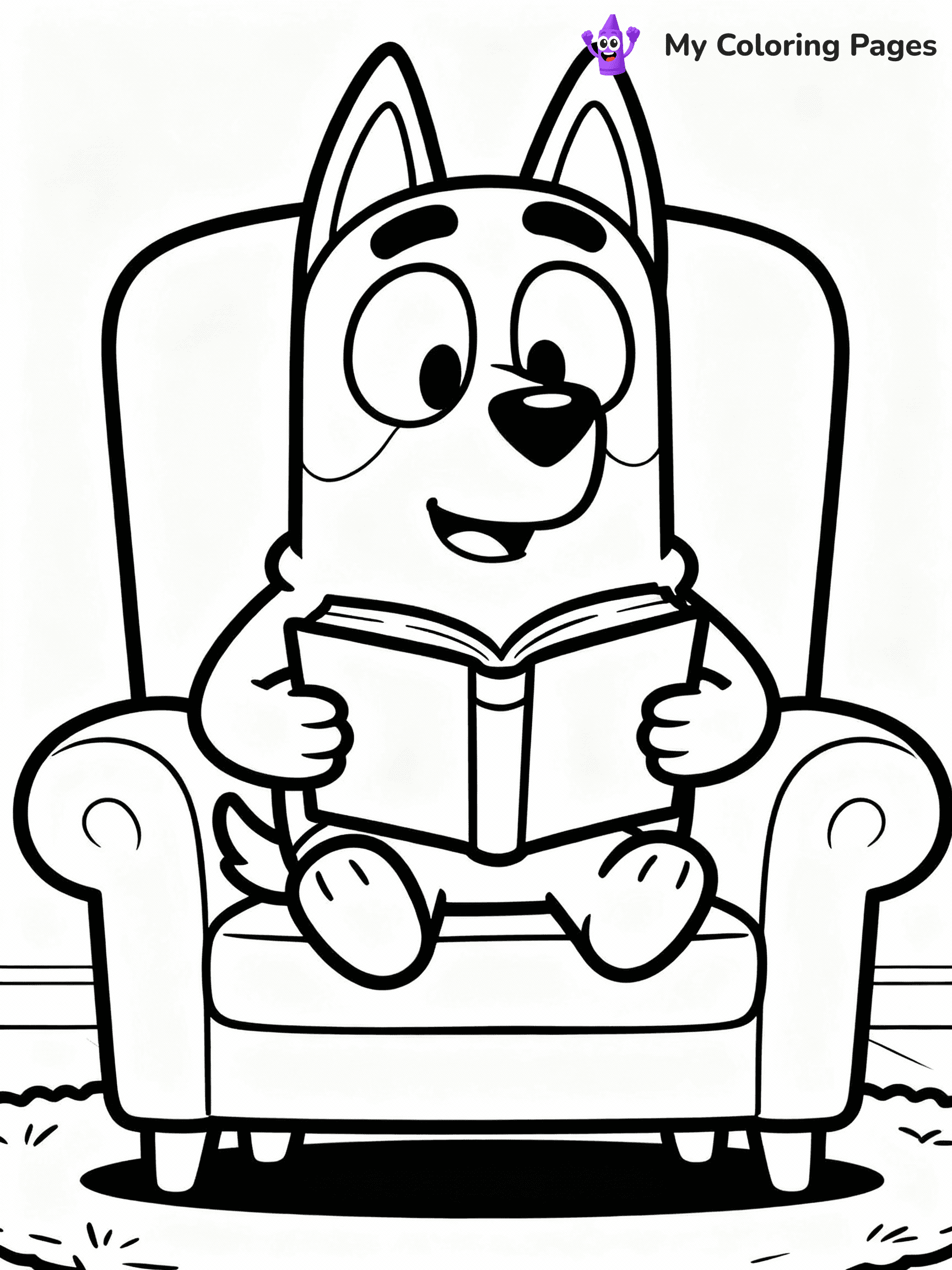 ⚠️ CRITICAL REQUIREMENT - ABSOLUTE BLACK AND WHITE ONLY ⚠️
This MUST be a BLACK AND WHITE line drawing ONLY. NO COLORS whatsoever.
- ONLY pure black lines (#000000) on pure white background (#FFFFFF)
- ABSOLUTELY NO colors, NO shading, NO gradients, NO grayscale
- If there are ANY colors in the output, the image is REJECTED
- This is a COLORING PAGE - meant to be COLORED IN by children
- The output must be UNCOLORED line art ready for coloring
⚠️ SUBJECT TO DRAW: Bandit from Bluey reading a book in a chair. Important: PURE OUTLINES. NO FILLS, COLOR, SHADING, OR GREYSCALE. WHITE BACKGROUND.
(REMEMBER: Output must be BLACK AND WHITE line art only, NOT colored!)
# Flat, Friendly Cartoon Line-Art Coloring Page
You are generating a **pure black-and-white binary image** of a child-friendly cartoon scene combining characters and background scenery in one cohesive composition.
## Rendering Rules (Strict)
- Only two colors: pure black (#000000) outlines and pure white (#FFFFFF) background.
- No grayscale, shading, gradients, tints, fills, transparency, or partial pixels.
- No antialiasing or blended edges; every pixel is 100% black or white.
- No solid black fills inside shapes — all areas inside outlines must remain white.
- No dark clothing areas or filled tone blocks; all garments outlined only.
- No shadows, textures, lighting, or tonal variations.
- Must look like flat binary vector line-art for coloring pages.
## Drawing & Composition
- **Medium, consistent line weight**; clean closed outlines easy to color inside.
- **Flat, simple, child-friendly design** — no realism or 3D depth.
- Characters are **grounded on a surface**, centered and large.
- **Balanced composition** with clear silhouettes and minimal props.
## Scenery & Style
- Landmarks (e.g., mosque, CN Tower) and scenery (trees, benches, waves) drawn with **black outlines only.**
- For real-world figures, teams, or places, show accurate details using only black outlines—no text or logos. Use distinctive uniform patterns, abstract symbols, and landmark silhouettes to convey identity.
- Keep **consistent perspective**; no floating elements.
- **Style:** whimsical **Doodle Art Alley** — rounded, friendly outlines.
- May adapt shapes from **Crayola, Disney, Peppa Pig, Cocomelon** — *by shape only, never color.*
- Final output: **flat, crisp, binary (#000000/#FFFFFF)**, **no filled color or background text.**
EXTREMELYE IMPORTANT:
- PURE BINARY LINE-ART; NO FILLS (HAIR/CLOTHES/SKIN), SHADING, OR GREY.
- NO SHADING, COLOR. MUST BE WHITE BACKGROUND.
⚠️ FINAL REMINDER: Draw the subject "Bandit from Bluey reading a book in a chair. Important: PURE OUTLINES. NO FILLS, COLOR, SHADING, OR GREYSCALE. WHITE BACKGROUND." as BLACK AND WHITE line art. Zero colors in output.