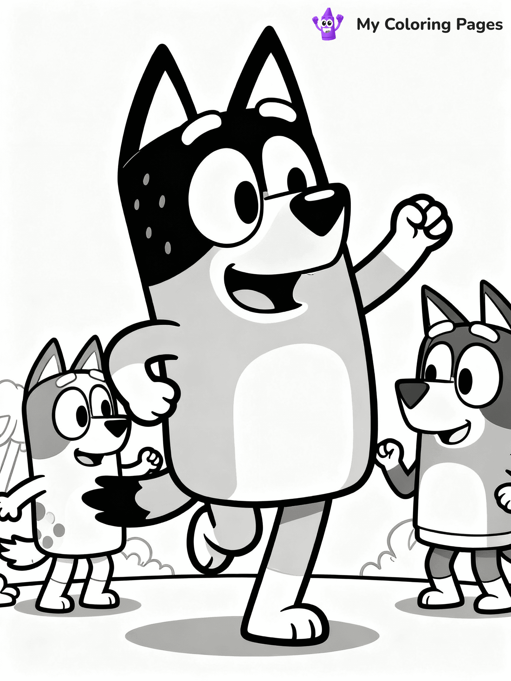 ⚠️ CRITICAL REQUIREMENT - ABSOLUTE BLACK AND WHITE ONLY ⚠️
This MUST be a BLACK AND WHITE line drawing ONLY. NO COLORS whatsoever.
- ONLY pure black lines (#000000) on pure white background (#FFFFFF)
- ABSOLUTELY NO colors, NO shading, NO gradients, NO grayscale
- If there are ANY colors in the output, the image is REJECTED
- This is a COLORING PAGE - meant to be COLORED IN by children
- The output must be UNCOLORED line art ready for coloring
⚠️ SUBJECT TO DRAW: Bluey from Bluey dancing with her friends. Important: PURE OUTLINES. NO FILLS, COLOR, SHADING, OR GREYSCALE. WHITE BACKGROUND.
(REMEMBER: Output must be BLACK AND WHITE line art only, NOT colored!)
# Flat, Friendly Cartoon Line-Art Coloring Page
You are generating a **pure black-and-white binary image** of a child-friendly cartoon scene combining characters and background scenery in one cohesive composition.
## Rendering Rules (Strict)
- Only two colors: pure black (#000000) outlines and pure white (#FFFFFF) background.
- No grayscale, shading, gradients, tints, fills, transparency, or partial pixels.
- No antialiasing or blended edges; every pixel is 100% black or white.
- No solid black fills inside shapes — all areas inside outlines must remain white.
- No dark clothing areas or filled tone blocks; all garments outlined only.
- No shadows, textures, lighting, or tonal variations.
- Must look like flat binary vector line-art for coloring pages.
## Drawing & Composition
- **Medium, consistent line weight**; clean closed outlines easy to color inside.
- **Flat, simple, child-friendly design** — no realism or 3D depth.
- Characters are **grounded on a surface**, centered and large.
- **Balanced composition** with clear silhouettes and minimal props.
## Scenery & Style
- Landmarks (e.g., mosque, CN Tower) and scenery (trees, benches, waves) drawn with **black outlines only.**
- For real-world figures, teams, or places, show accurate details using only black outlines—no text or logos. Use distinctive uniform patterns, abstract symbols, and landmark silhouettes to convey identity.
- Keep **consistent perspective**; no floating elements.
- **Style:** whimsical **Doodle Art Alley** — rounded, friendly outlines.
- May adapt shapes from **Crayola, Disney, Peppa Pig, Cocomelon** — *by shape only, never color.*
- Final output: **flat, crisp, binary (#000000/#FFFFFF)**, **no filled color or background text.**
EXTREMELYE IMPORTANT:
- PURE BINARY LINE-ART; NO FILLS (HAIR/CLOTHES/SKIN), SHADING, OR GREY.
- NO SHADING, COLOR. MUST BE WHITE BACKGROUND.
⚠️ FINAL REMINDER: Draw the subject "Bluey from Bluey dancing with her friends. Important: PURE OUTLINES. NO FILLS, COLOR, SHADING, OR GREYSCALE. WHITE BACKGROUND." as BLACK AND WHITE line art. Zero colors in output.