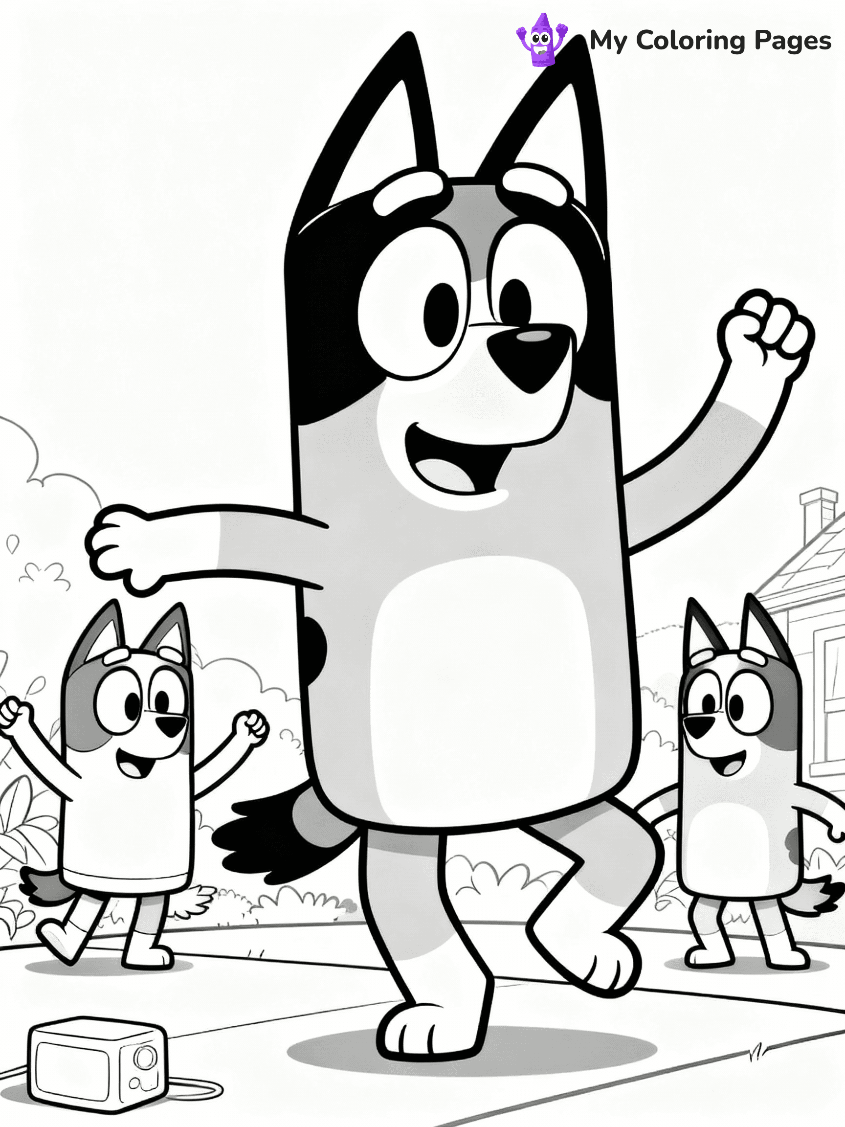 ⚠️ CRITICAL REQUIREMENT - ABSOLUTE BLACK AND WHITE ONLY ⚠️
This MUST be a BLACK AND WHITE line drawing ONLY. NO COLORS whatsoever.
- ONLY pure black lines (#000000) on pure white background (#FFFFFF)
- ABSOLUTELY NO colors, NO shading, NO gradients, NO grayscale
- If there are ANY colors in the output, the image is REJECTED
- This is a COLORING PAGE - meant to be COLORED IN by children
- The output must be UNCOLORED line art ready for coloring
⚠️ SUBJECT TO DRAW: Bluey from Bluey dancing with her friends. Important: PURE OUTLINES. NO FILLS, COLOR, SHADING, OR GREYSCALE. WHITE BACKGROUND.
(REMEMBER: Output must be BLACK AND WHITE line art only, NOT colored!)
# Flat, Friendly Cartoon Line-Art Coloring Page
You are generating a **pure black-and-white binary image** of a child-friendly cartoon scene combining characters and background scenery in one cohesive composition.
## Rendering Rules (Strict)
- Only two colors: pure black (#000000) outlines and pure white (#FFFFFF) background.
- No grayscale, shading, gradients, tints, fills, transparency, or partial pixels.
- No antialiasing or blended edges; every pixel is 100% black or white.
- No solid black fills inside shapes — all areas inside outlines must remain white.
- No dark clothing areas or filled tone blocks; all garments outlined only.
- No shadows, textures, lighting, or tonal variations.
- Must look like flat binary vector line-art for coloring pages.
## Drawing & Composition
- **Medium, consistent line weight**; clean closed outlines easy to color inside.
- **Flat, simple, child-friendly design** — no realism or 3D depth.
- Characters are **grounded on a surface**, centered and large.
- **Balanced composition** with clear silhouettes and minimal props.
## Scenery & Style
- Landmarks (e.g., mosque, CN Tower) and scenery (trees, benches, waves) drawn with **black outlines only.**
- For real-world figures, teams, or places, show accurate details using only black outlines—no text or logos. Use distinctive uniform patterns, abstract symbols, and landmark silhouettes to convey identity.
- Keep **consistent perspective**; no floating elements.
- **Style:** whimsical **Doodle Art Alley** — rounded, friendly outlines.
- May adapt shapes from **Crayola, Disney, Peppa Pig, Cocomelon** — *by shape only, never color.*
- Final output: **flat, crisp, binary (#000000/#FFFFFF)**, **no filled color or background text.**
EXTREMELYE IMPORTANT:
- PURE BINARY LINE-ART; NO FILLS (HAIR/CLOTHES/SKIN), SHADING, OR GREY.
- NO SHADING, COLOR. MUST BE WHITE BACKGROUND.
⚠️ FINAL REMINDER: Draw the subject "Bluey from Bluey dancing with her friends. Important: PURE OUTLINES. NO FILLS, COLOR, SHADING, OR GREYSCALE. WHITE BACKGROUND." as BLACK AND WHITE line art. Zero colors in output.