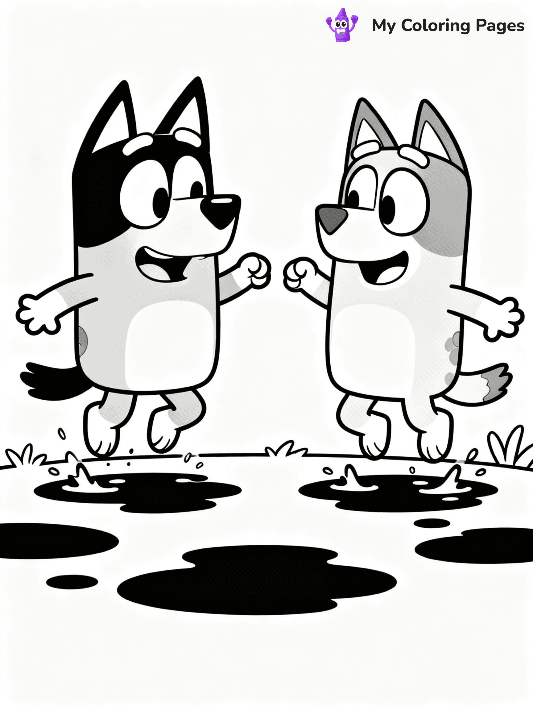 ⚠️ CRITICAL REQUIREMENT - ABSOLUTE BLACK AND WHITE ONLY ⚠️
This MUST be a BLACK AND WHITE line drawing ONLY. NO COLORS whatsoever.
- ONLY pure black lines (#000000) on pure white background (#FFFFFF)
- ABSOLUTELY NO colors, NO shading, NO gradients, NO grayscale
- If there are ANY colors in the output, the image is REJECTED
- This is a COLORING PAGE - meant to be COLORED IN by children
- The output must be UNCOLORED line art ready for coloring
⚠️ SUBJECT TO DRAW: Bluey and Bingo from Bluey jumping in puddles. Important: PURE OUTLINES. NO FILLS, COLOR, SHADING, OR GREYSCALE. WHITE BACKGROUND.
(REMEMBER: Output must be BLACK AND WHITE line art only, NOT colored!)
# Flat, Friendly Cartoon Line-Art Coloring Page
You are generating a **pure black-and-white binary image** of a child-friendly cartoon scene combining characters and background scenery in one cohesive composition.
## Rendering Rules (Strict)
- Only two colors: pure black (#000000) outlines and pure white (#FFFFFF) background.
- No grayscale, shading, gradients, tints, fills, transparency, or partial pixels.
- No antialiasing or blended edges; every pixel is 100% black or white.
- No solid black fills inside shapes — all areas inside outlines must remain white.
- No dark clothing areas or filled tone blocks; all garments outlined only.
- No shadows, textures, lighting, or tonal variations.
- Must look like flat binary vector line-art for coloring pages.
## Drawing & Composition
- **Medium, consistent line weight**; clean closed outlines easy to color inside.
- **Flat, simple, child-friendly design** — no realism or 3D depth.
- Characters are **grounded on a surface**, centered and large.
- **Balanced composition** with clear silhouettes and minimal props.
## Scenery & Style
- Landmarks (e.g., mosque, CN Tower) and scenery (trees, benches, waves) drawn with **black outlines only.**
- For real-world figures, teams, or places, show accurate details using only black outlines—no text or logos. Use distinctive uniform patterns, abstract symbols, and landmark silhouettes to convey identity.
- Keep **consistent perspective**; no floating elements.
- **Style:** whimsical **Doodle Art Alley** — rounded, friendly outlines.
- May adapt shapes from **Crayola, Disney, Peppa Pig, Cocomelon** — *by shape only, never color.*
- Final output: **flat, crisp, binary (#000000/#FFFFFF)**, **no filled color or background text.**
EXTREMELYE IMPORTANT:
- PURE BINARY LINE-ART; NO FILLS (HAIR/CLOTHES/SKIN), SHADING, OR GREY.
- NO SHADING, COLOR. MUST BE WHITE BACKGROUND.
⚠️ FINAL REMINDER: Draw the subject "Bluey and Bingo from Bluey jumping in puddles. Important: PURE OUTLINES. NO FILLS, COLOR, SHADING, OR GREYSCALE. WHITE BACKGROUND." as BLACK AND WHITE line art. Zero colors in output.