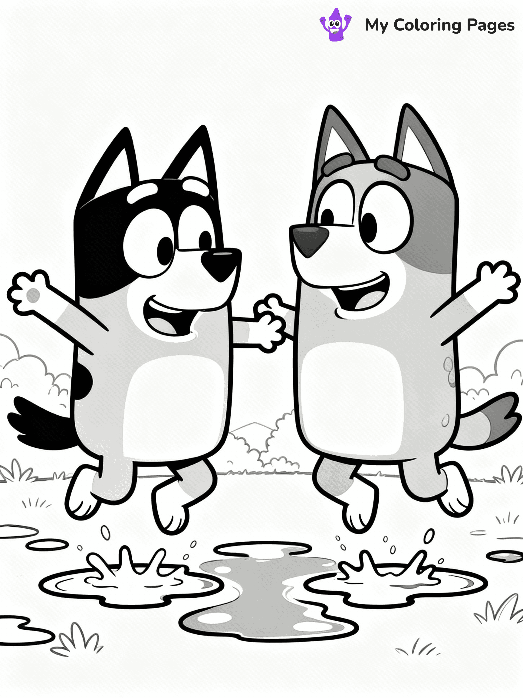 ⚠️ CRITICAL REQUIREMENT - ABSOLUTE BLACK AND WHITE ONLY ⚠️
This MUST be a BLACK AND WHITE line drawing ONLY. NO COLORS whatsoever.
- ONLY pure black lines (#000000) on pure white background (#FFFFFF)
- ABSOLUTELY NO colors, NO shading, NO gradients, NO grayscale
- If there are ANY colors in the output, the image is REJECTED
- This is a COLORING PAGE - meant to be COLORED IN by children
- The output must be UNCOLORED line art ready for coloring
⚠️ SUBJECT TO DRAW: Bluey and Bingo from Bluey jumping in puddles. Important: PURE OUTLINES. NO FILLS, COLOR, SHADING, OR GREYSCALE. WHITE BACKGROUND.
(REMEMBER: Output must be BLACK AND WHITE line art only, NOT colored!)
# Flat, Friendly Cartoon Line-Art Coloring Page
You are generating a **pure black-and-white binary image** of a child-friendly cartoon scene combining characters and background scenery in one cohesive composition.
## Rendering Rules (Strict)
- Only two colors: pure black (#000000) outlines and pure white (#FFFFFF) background.
- No grayscale, shading, gradients, tints, fills, transparency, or partial pixels.
- No antialiasing or blended edges; every pixel is 100% black or white.
- No solid black fills inside shapes — all areas inside outlines must remain white.
- No dark clothing areas or filled tone blocks; all garments outlined only.
- No shadows, textures, lighting, or tonal variations.
- Must look like flat binary vector line-art for coloring pages.
## Drawing & Composition
- **Medium, consistent line weight**; clean closed outlines easy to color inside.
- **Flat, simple, child-friendly design** — no realism or 3D depth.
- Characters are **grounded on a surface**, centered and large.
- **Balanced composition** with clear silhouettes and minimal props.
## Scenery & Style
- Landmarks (e.g., mosque, CN Tower) and scenery (trees, benches, waves) drawn with **black outlines only.**
- For real-world figures, teams, or places, show accurate details using only black outlines—no text or logos. Use distinctive uniform patterns, abstract symbols, and landmark silhouettes to convey identity.
- Keep **consistent perspective**; no floating elements.
- **Style:** whimsical **Doodle Art Alley** — rounded, friendly outlines.
- May adapt shapes from **Crayola, Disney, Peppa Pig, Cocomelon** — *by shape only, never color.*
- Final output: **flat, crisp, binary (#000000/#FFFFFF)**, **no filled color or background text.**
EXTREMELYE IMPORTANT:
- PURE BINARY LINE-ART; NO FILLS (HAIR/CLOTHES/SKIN), SHADING, OR GREY.
- NO SHADING, COLOR. MUST BE WHITE BACKGROUND.
⚠️ FINAL REMINDER: Draw the subject "Bluey and Bingo from Bluey jumping in puddles. Important: PURE OUTLINES. NO FILLS, COLOR, SHADING, OR GREYSCALE. WHITE BACKGROUND." as BLACK AND WHITE line art. Zero colors in output.