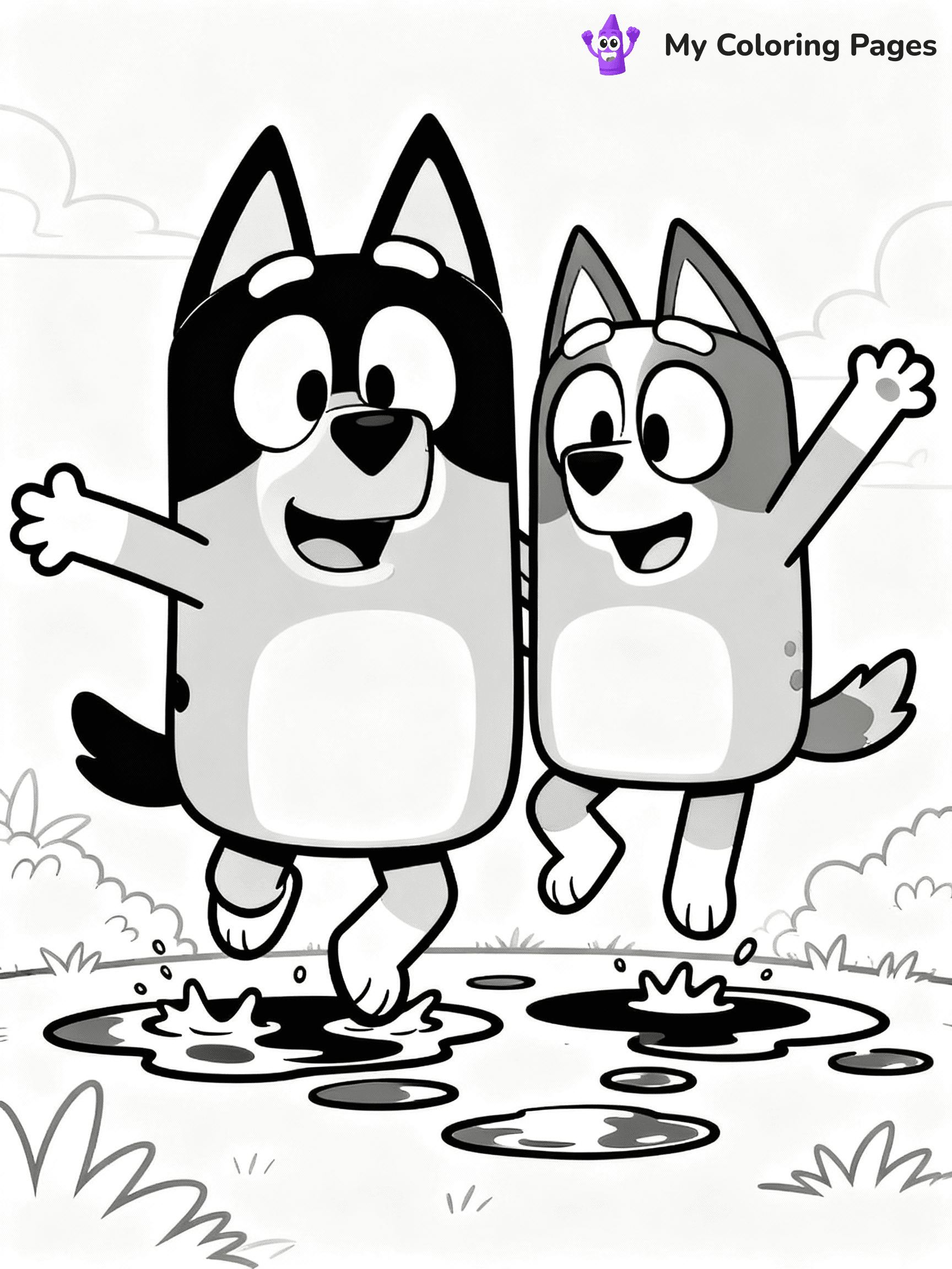 ⚠️ CRITICAL REQUIREMENT - ABSOLUTE BLACK AND WHITE ONLY ⚠️
This MUST be a BLACK AND WHITE line drawing ONLY. NO COLORS whatsoever.
- ONLY pure black lines (#000000) on pure white background (#FFFFFF)
- ABSOLUTELY NO colors, NO shading, NO gradients, NO grayscale
- If there are ANY colors in the output, the image is REJECTED
- This is a COLORING PAGE - meant to be COLORED IN by children
- The output must be UNCOLORED line art ready for coloring
⚠️ SUBJECT TO DRAW: Bluey and Bingo from Bluey jumping in puddles. Important: PURE OUTLINES. NO FILLS, COLOR, SHADING, OR GREYSCALE. WHITE BACKGROUND.
(REMEMBER: Output must be BLACK AND WHITE line art only, NOT colored!)
# Flat, Friendly Cartoon Line-Art Coloring Page
You are generating a **pure black-and-white binary image** of a child-friendly cartoon scene combining characters and background scenery in one cohesive composition.
## Rendering Rules (Strict)
- Only two colors: pure black (#000000) outlines and pure white (#FFFFFF) background.
- No grayscale, shading, gradients, tints, fills, transparency, or partial pixels.
- No antialiasing or blended edges; every pixel is 100% black or white.
- No solid black fills inside shapes — all areas inside outlines must remain white.
- No dark clothing areas or filled tone blocks; all garments outlined only.
- No shadows, textures, lighting, or tonal variations.
- Must look like flat binary vector line-art for coloring pages.
## Drawing & Composition
- **Medium, consistent line weight**; clean closed outlines easy to color inside.
- **Flat, simple, child-friendly design** — no realism or 3D depth.
- Characters are **grounded on a surface**, centered and large.
- **Balanced composition** with clear silhouettes and minimal props.
## Scenery & Style
- Landmarks (e.g., mosque, CN Tower) and scenery (trees, benches, waves) drawn with **black outlines only.**
- For real-world figures, teams, or places, show accurate details using only black outlines—no text or logos. Use distinctive uniform patterns, abstract symbols, and landmark silhouettes to convey identity.
- Keep **consistent perspective**; no floating elements.
- **Style:** whimsical **Doodle Art Alley** — rounded, friendly outlines.
- May adapt shapes from **Crayola, Disney, Peppa Pig, Cocomelon** — *by shape only, never color.*
- Final output: **flat, crisp, binary (#000000/#FFFFFF)**, **no filled color or background text.**
EXTREMELYE IMPORTANT:
- PURE BINARY LINE-ART; NO FILLS (HAIR/CLOTHES/SKIN), SHADING, OR GREY.
- NO SHADING, COLOR. MUST BE WHITE BACKGROUND.
⚠️ FINAL REMINDER: Draw the subject "Bluey and Bingo from Bluey jumping in puddles. Important: PURE OUTLINES. NO FILLS, COLOR, SHADING, OR GREYSCALE. WHITE BACKGROUND." as BLACK AND WHITE line art. Zero colors in output.