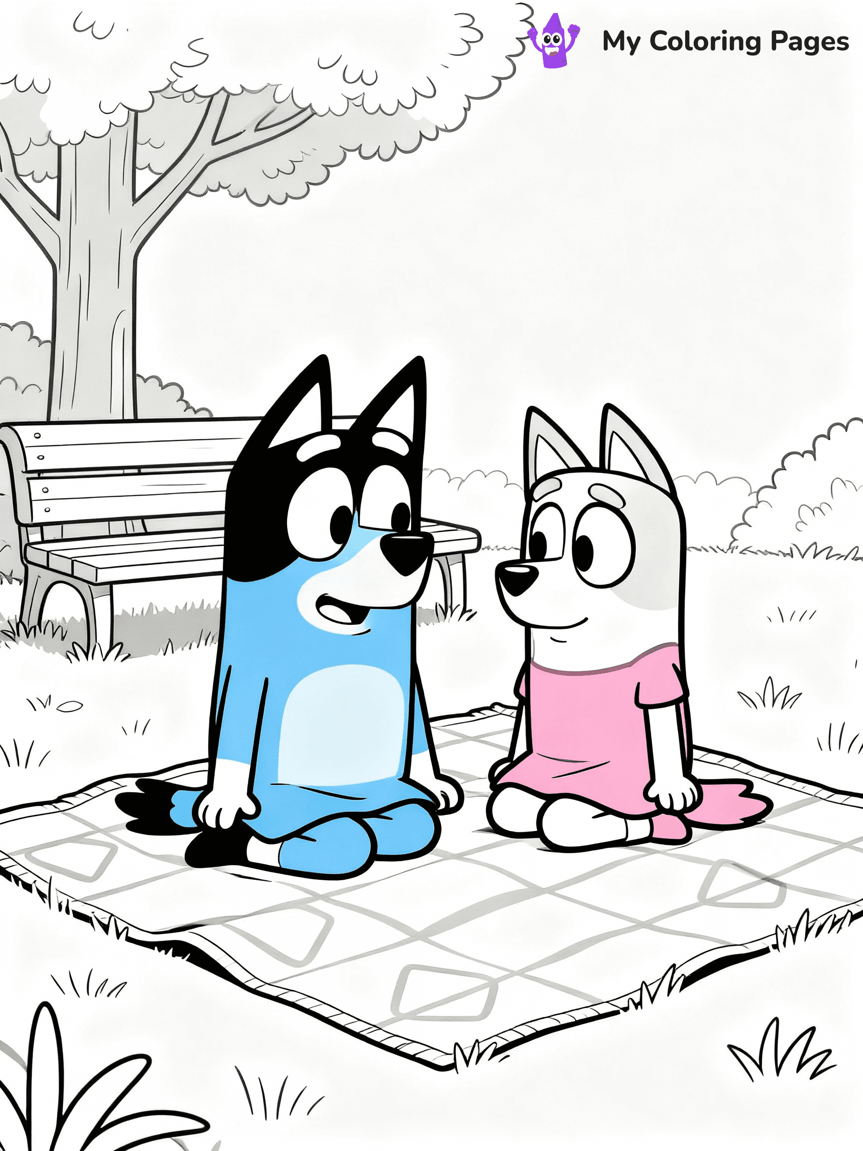 ⚠️ CRITICAL REQUIREMENT - ABSOLUTE BLACK AND WHITE ONLY ⚠️
This MUST be a BLACK AND WHITE line drawing ONLY. NO COLORS whatsoever.
- ONLY pure black lines (#000000) on pure white background (#FFFFFF)
- ABSOLUTELY NO colors, NO shading, NO gradients, NO grayscale
- If there are ANY colors in the output, the image is REJECTED
- This is a COLORING PAGE - meant to be COLORED IN by children
- The output must be UNCOLORED line art ready for coloring
⚠️ SUBJECT TO DRAW: Bluey and Bingo from Bluey having a picnic in the park. Important: PURE OUTLINES. NO FILLS, COLOR, SHADING, OR GREYSCALE. WHITE BACKGROUND.
(REMEMBER: Output must be BLACK AND WHITE line art only, NOT colored!)
# Flat, Friendly Cartoon Line-Art Coloring Page
You are generating a **pure black-and-white binary image** of a child-friendly cartoon scene combining characters and background scenery in one cohesive composition.
## Rendering Rules (Strict)
- Only two colors: pure black (#000000) outlines and pure white (#FFFFFF) background.
- No grayscale, shading, gradients, tints, fills, transparency, or partial pixels.
- No antialiasing or blended edges; every pixel is 100% black or white.
- No solid black fills inside shapes — all areas inside outlines must remain white.
- No dark clothing areas or filled tone blocks; all garments outlined only.
- No shadows, textures, lighting, or tonal variations.
- Must look like flat binary vector line-art for coloring pages.
## Drawing & Composition
- **Medium, consistent line weight**; clean closed outlines easy to color inside.
- **Flat, simple, child-friendly design** — no realism or 3D depth.
- Characters are **grounded on a surface**, centered and large.
- **Balanced composition** with clear silhouettes and minimal props.
## Scenery & Style
- Landmarks (e.g., mosque, CN Tower) and scenery (trees, benches, waves) drawn with **black outlines only.**
- For real-world figures, teams, or places, show accurate details using only black outlines—no text or logos. Use distinctive uniform patterns, abstract symbols, and landmark silhouettes to convey identity.
- Keep **consistent perspective**; no floating elements.
- **Style:** whimsical **Doodle Art Alley** — rounded, friendly outlines.
- May adapt shapes from **Crayola, Disney, Peppa Pig, Cocomelon** — *by shape only, never color.*
- Final output: **flat, crisp, binary (#000000/#FFFFFF)**, **no filled color or background text.**
EXTREMELYE IMPORTANT:
- PURE BINARY LINE-ART; NO FILLS (HAIR/CLOTHES/SKIN), SHADING, OR GREY.
- NO SHADING, COLOR. MUST BE WHITE BACKGROUND.
⚠️ FINAL REMINDER: Draw the subject "Bluey and Bingo from Bluey having a picnic in the park. Important: PURE OUTLINES. NO FILLS, COLOR, SHADING, OR GREYSCALE. WHITE BACKGROUND." as BLACK AND WHITE line art. Zero colors in output.