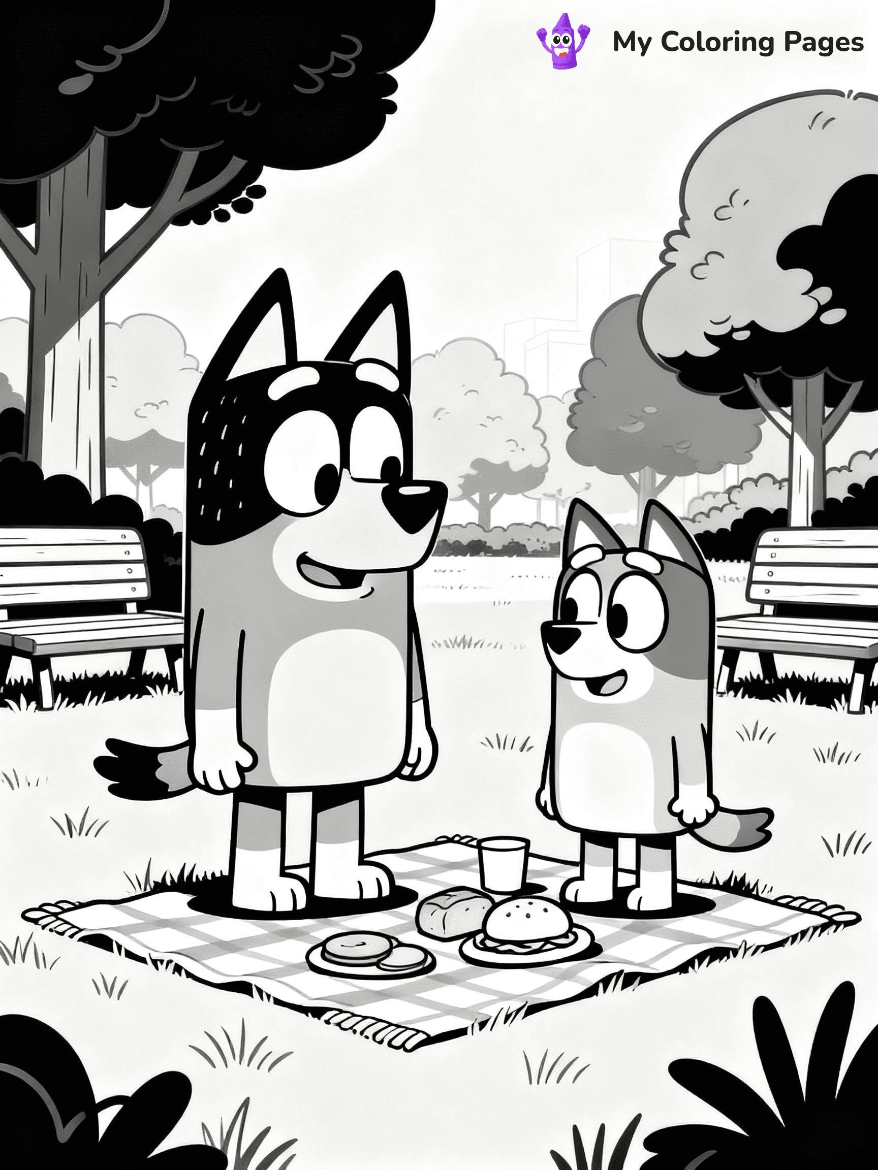 ⚠️ CRITICAL REQUIREMENT - ABSOLUTE BLACK AND WHITE ONLY ⚠️
This MUST be a BLACK AND WHITE line drawing ONLY. NO COLORS whatsoever.
- ONLY pure black lines (#000000) on pure white background (#FFFFFF)
- ABSOLUTELY NO colors, NO shading, NO gradients, NO grayscale
- If there are ANY colors in the output, the image is REJECTED
- This is a COLORING PAGE - meant to be COLORED IN by children
- The output must be UNCOLORED line art ready for coloring
⚠️ SUBJECT TO DRAW: Bluey and Bingo from Bluey having a picnic in the park. Important: PURE OUTLINES. NO FILLS, COLOR, SHADING, OR GREYSCALE. WHITE BACKGROUND.
(REMEMBER: Output must be BLACK AND WHITE line art only, NOT colored!)
# Flat, Friendly Cartoon Line-Art Coloring Page
You are generating a **pure black-and-white binary image** of a child-friendly cartoon scene combining characters and background scenery in one cohesive composition.
## Rendering Rules (Strict)
- Only two colors: pure black (#000000) outlines and pure white (#FFFFFF) background.
- No grayscale, shading, gradients, tints, fills, transparency, or partial pixels.
- No antialiasing or blended edges; every pixel is 100% black or white.
- No solid black fills inside shapes — all areas inside outlines must remain white.
- No dark clothing areas or filled tone blocks; all garments outlined only.
- No shadows, textures, lighting, or tonal variations.
- Must look like flat binary vector line-art for coloring pages.
## Drawing & Composition
- **Medium, consistent line weight**; clean closed outlines easy to color inside.
- **Flat, simple, child-friendly design** — no realism or 3D depth.
- Characters are **grounded on a surface**, centered and large.
- **Balanced composition** with clear silhouettes and minimal props.
## Scenery & Style
- Landmarks (e.g., mosque, CN Tower) and scenery (trees, benches, waves) drawn with **black outlines only.**
- For real-world figures, teams, or places, show accurate details using only black outlines—no text or logos. Use distinctive uniform patterns, abstract symbols, and landmark silhouettes to convey identity.
- Keep **consistent perspective**; no floating elements.
- **Style:** whimsical **Doodle Art Alley** — rounded, friendly outlines.
- May adapt shapes from **Crayola, Disney, Peppa Pig, Cocomelon** — *by shape only, never color.*
- Final output: **flat, crisp, binary (#000000/#FFFFFF)**, **no filled color or background text.**
EXTREMELYE IMPORTANT:
- PURE BINARY LINE-ART; NO FILLS (HAIR/CLOTHES/SKIN), SHADING, OR GREY.
- NO SHADING, COLOR. MUST BE WHITE BACKGROUND.
⚠️ FINAL REMINDER: Draw the subject "Bluey and Bingo from Bluey having a picnic in the park. Important: PURE OUTLINES. NO FILLS, COLOR, SHADING, OR GREYSCALE. WHITE BACKGROUND." as BLACK AND WHITE line art. Zero colors in output.