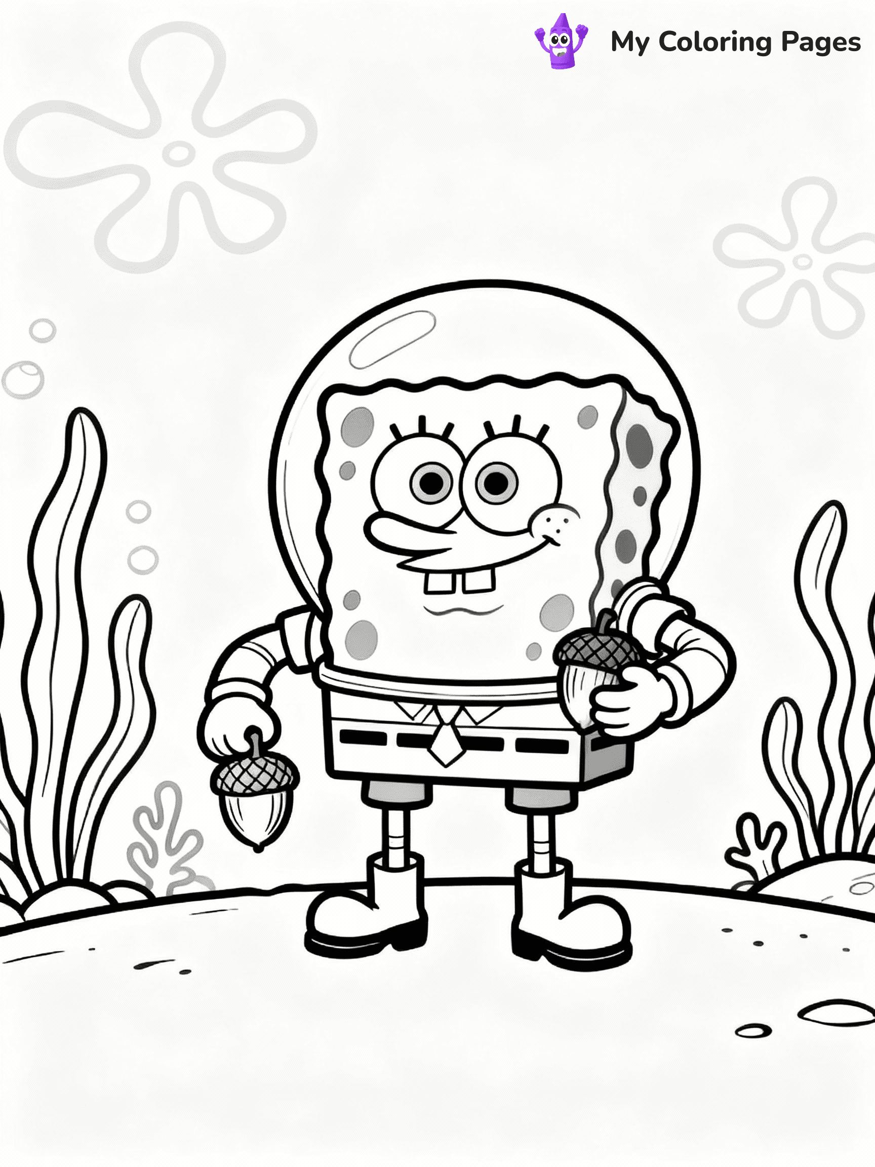 ⚠️ CRITICAL REQUIREMENT - ABSOLUTE BLACK AND WHITE ONLY ⚠️
This MUST be a BLACK AND WHITE line drawing ONLY. NO COLORS whatsoever.
- ONLY pure black lines (#000000) on pure white background (#FFFFFF)
- ABSOLUTELY NO colors, NO shading, NO gradients, NO grayscale
- If there are ANY colors in the output, the image is REJECTED
- This is a COLORING PAGE - meant to be COLORED IN by children
- The output must be UNCOLORED line art ready for coloring
⚠️ SUBJECT TO DRAW: Sandy from SpongeBob, wearing a space suit, holding acorns, underwater plants. Important: PURE OUTLINES. NO FILLS, COLOR, SHADING, OR GREYSCALE. WHITE BACKGROUND.
(REMEMBER: Output must be BLACK AND WHITE line art only, NOT colored!)
# Flat, Friendly Cartoon Line-Art Coloring Page
You are generating a **pure black-and-white binary image** of a child-friendly cartoon scene combining characters and background scenery in one cohesive composition.
## Rendering Rules (Strict)
- Only two colors: pure black (#000000) outlines and pure white (#FFFFFF) background.
- No grayscale, shading, gradients, tints, fills, transparency, or partial pixels.
- No antialiasing or blended edges; every pixel is 100% black or white.
- No solid black fills inside shapes — all areas inside outlines must remain white.
- No dark clothing areas or filled tone blocks; all garments outlined only.
- No shadows, textures, lighting, or tonal variations.
- Must look like flat binary vector line-art for coloring pages.
## Drawing & Composition
- **Medium, consistent line weight**; clean closed outlines easy to color inside.
- **Flat, simple, child-friendly design** — no realism or 3D depth.
- Characters are **grounded on a surface**, centered and large.
- **Balanced composition** with clear silhouettes and minimal props.
## Scenery & Style
- Landmarks (e.g., mosque, CN Tower) and scenery (trees, benches, waves) drawn with **black outlines only.**
- For real-world figures, teams, or places, show accurate details using only black outlines—no text or logos. Use distinctive uniform patterns, abstract symbols, and landmark silhouettes to convey identity.
- Keep **consistent perspective**; no floating elements.
- **Style:** whimsical **Doodle Art Alley** — rounded, friendly outlines.
- May adapt shapes from **Crayola, Disney, Peppa Pig, Cocomelon** — *by shape only, never color.*
- Final output: **flat, crisp, binary (#000000/#FFFFFF)**, **no filled color or background text.**
EXTREMELYE IMPORTANT:
- PURE BINARY LINE-ART; NO FILLS (HAIR/CLOTHES/SKIN), SHADING, OR GREY.
- NO SHADING, COLOR. MUST BE WHITE BACKGROUND.
⚠️ FINAL REMINDER: Draw the subject "Sandy from SpongeBob, wearing a space suit, holding acorns, underwater plants. Important: PURE OUTLINES. NO FILLS, COLOR, SHADING, OR GREYSCALE. WHITE BACKGROUND." as BLACK AND WHITE line art. Zero colors in output.