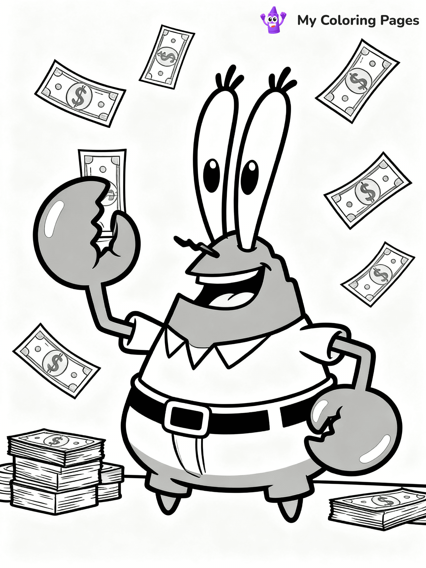 ⚠️ CRITICAL REQUIREMENT - ABSOLUTE BLACK AND WHITE ONLY ⚠️
This MUST be a BLACK AND WHITE line drawing ONLY. NO COLORS whatsoever.
- ONLY pure black lines (#000000) on pure white background (#FFFFFF)
- ABSOLUTELY NO colors, NO shading, NO gradients, NO grayscale
- If there are ANY colors in the output, the image is REJECTED
- This is a COLORING PAGE - meant to be COLORED IN by children
- The output must be UNCOLORED line art ready for coloring
⚠️ SUBJECT TO DRAW: Mr. Krabs counting money, dollar bills flying around him. Important: PURE OUTLINES. NO FILLS, COLOR, SHADING, OR GREYSCALE. WHITE BACKGROUND.
(REMEMBER: Output must be BLACK AND WHITE line art only, NOT colored!)
# Flat, Friendly Cartoon Line-Art Coloring Page
You are generating a **pure black-and-white binary image** of a child-friendly cartoon scene combining characters and background scenery in one cohesive composition.
## Rendering Rules (Strict)
- Only two colors: pure black (#000000) outlines and pure white (#FFFFFF) background.
- No grayscale, shading, gradients, tints, fills, transparency, or partial pixels.
- No antialiasing or blended edges; every pixel is 100% black or white.
- No solid black fills inside shapes — all areas inside outlines must remain white.
- No dark clothing areas or filled tone blocks; all garments outlined only.
- No shadows, textures, lighting, or tonal variations.
- Must look like flat binary vector line-art for coloring pages.
## Drawing & Composition
- **Medium, consistent line weight**; clean closed outlines easy to color inside.
- **Flat, simple, child-friendly design** — no realism or 3D depth.
- Characters are **grounded on a surface**, centered and large.
- **Balanced composition** with clear silhouettes and minimal props.
## Scenery & Style
- Landmarks (e.g., mosque, CN Tower) and scenery (trees, benches, waves) drawn with **black outlines only.**
- For real-world figures, teams, or places, show accurate details using only black outlines—no text or logos. Use distinctive uniform patterns, abstract symbols, and landmark silhouettes to convey identity.
- Keep **consistent perspective**; no floating elements.
- **Style:** whimsical **Doodle Art Alley** — rounded, friendly outlines.
- May adapt shapes from **Crayola, Disney, Peppa Pig, Cocomelon** — *by shape only, never color.*
- Final output: **flat, crisp, binary (#000000/#FFFFFF)**, **no filled color or background text.**
EXTREMELYE IMPORTANT:
- PURE BINARY LINE-ART; NO FILLS (HAIR/CLOTHES/SKIN), SHADING, OR GREY.
- NO SHADING, COLOR. MUST BE WHITE BACKGROUND.
⚠️ FINAL REMINDER: Draw the subject "Mr. Krabs counting money, dollar bills flying around him. Important: PURE OUTLINES. NO FILLS, COLOR, SHADING, OR GREYSCALE. WHITE BACKGROUND." as BLACK AND WHITE line art. Zero colors in output.