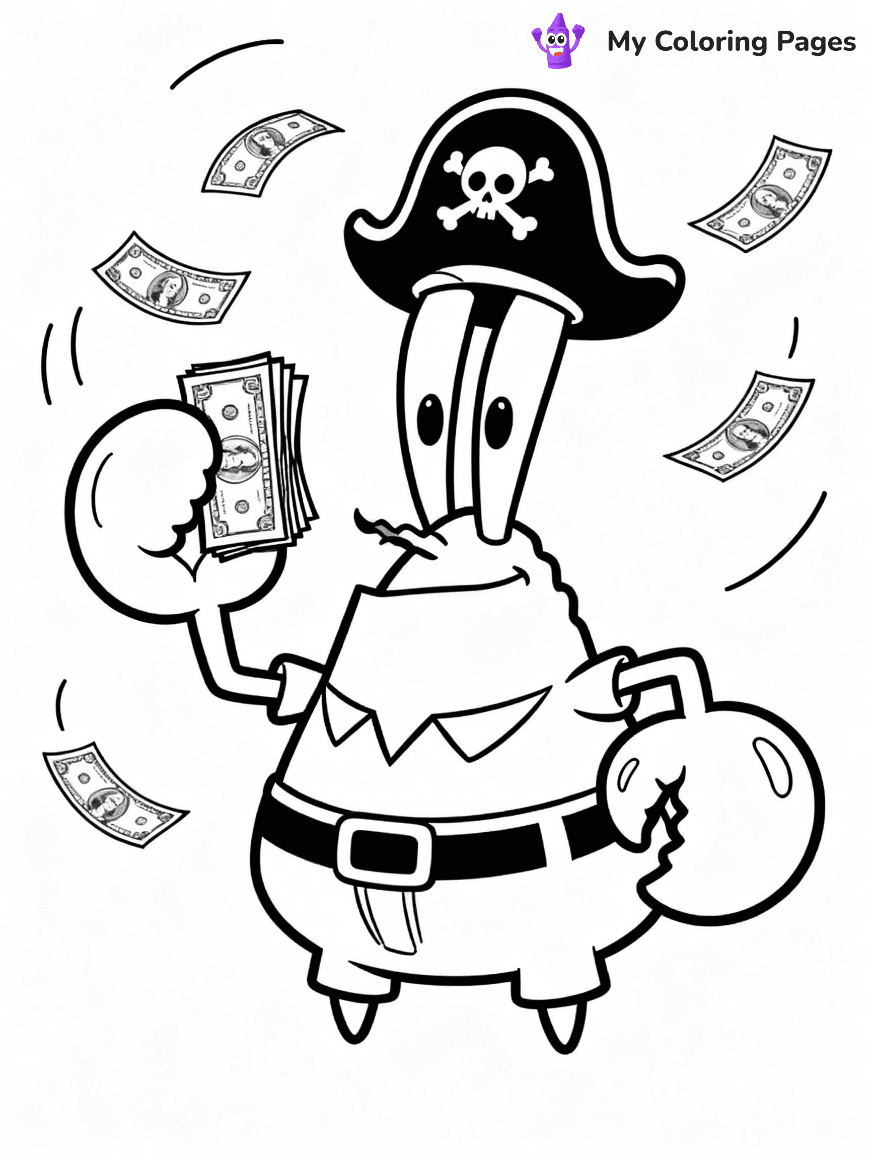 ⚠️ CRITICAL REQUIREMENT - ABSOLUTE BLACK AND WHITE ONLY ⚠️
This MUST be a BLACK AND WHITE line drawing ONLY. NO COLORS whatsoever.
- ONLY pure black lines (#000000) on pure white background (#FFFFFF)
- ABSOLUTELY NO colors, NO shading, NO gradients, NO grayscale
- If there are ANY colors in the output, the image is REJECTED
- This is a COLORING PAGE - meant to be COLORED IN by children
- The output must be UNCOLORED line art ready for coloring
⚠️ SUBJECT TO DRAW: Mr. Krabs counting money, dollar bills flying around him. Important: PURE OUTLINES. NO FILLS, COLOR, SHADING, OR GREYSCALE. WHITE BACKGROUND.
(REMEMBER: Output must be BLACK AND WHITE line art only, NOT colored!)
# Flat, Friendly Cartoon Line-Art Coloring Page
You are generating a **pure black-and-white binary image** of a child-friendly cartoon scene combining characters and background scenery in one cohesive composition.
## Rendering Rules (Strict)
- Only two colors: pure black (#000000) outlines and pure white (#FFFFFF) background.
- No grayscale, shading, gradients, tints, fills, transparency, or partial pixels.
- No antialiasing or blended edges; every pixel is 100% black or white.
- No solid black fills inside shapes — all areas inside outlines must remain white.
- No dark clothing areas or filled tone blocks; all garments outlined only.
- No shadows, textures, lighting, or tonal variations.
- Must look like flat binary vector line-art for coloring pages.
## Drawing & Composition
- **Medium, consistent line weight**; clean closed outlines easy to color inside.
- **Flat, simple, child-friendly design** — no realism or 3D depth.
- Characters are **grounded on a surface**, centered and large.
- **Balanced composition** with clear silhouettes and minimal props.
## Scenery & Style
- Landmarks (e.g., mosque, CN Tower) and scenery (trees, benches, waves) drawn with **black outlines only.**
- For real-world figures, teams, or places, show accurate details using only black outlines—no text or logos. Use distinctive uniform patterns, abstract symbols, and landmark silhouettes to convey identity.
- Keep **consistent perspective**; no floating elements.
- **Style:** whimsical **Doodle Art Alley** — rounded, friendly outlines.
- May adapt shapes from **Crayola, Disney, Peppa Pig, Cocomelon** — *by shape only, never color.*
- Final output: **flat, crisp, binary (#000000/#FFFFFF)**, **no filled color or background text.**
EXTREMELYE IMPORTANT:
- PURE BINARY LINE-ART; NO FILLS (HAIR/CLOTHES/SKIN), SHADING, OR GREY.
- NO SHADING, COLOR. MUST BE WHITE BACKGROUND.
⚠️ FINAL REMINDER: Draw the subject "Mr. Krabs counting money, dollar bills flying around him. Important: PURE OUTLINES. NO FILLS, COLOR, SHADING, OR GREYSCALE. WHITE BACKGROUND." as BLACK AND WHITE line art. Zero colors in output.