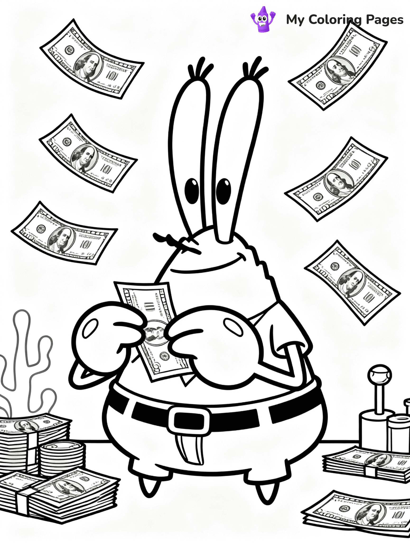 ⚠️ CRITICAL REQUIREMENT - ABSOLUTE BLACK AND WHITE ONLY ⚠️
This MUST be a BLACK AND WHITE line drawing ONLY. NO COLORS whatsoever.
- ONLY pure black lines (#000000) on pure white background (#FFFFFF)
- ABSOLUTELY NO colors, NO shading, NO gradients, NO grayscale
- If there are ANY colors in the output, the image is REJECTED
- This is a COLORING PAGE - meant to be COLORED IN by children
- The output must be UNCOLORED line art ready for coloring
⚠️ SUBJECT TO DRAW: Mr. Krabs counting money, dollar bills flying around him. Important: PURE OUTLINES. NO FILLS, COLOR, SHADING, OR GREYSCALE. WHITE BACKGROUND.
(REMEMBER: Output must be BLACK AND WHITE line art only, NOT colored!)
# Flat, Friendly Cartoon Line-Art Coloring Page
You are generating a **pure black-and-white binary image** of a child-friendly cartoon scene combining characters and background scenery in one cohesive composition.
## Rendering Rules (Strict)
- Only two colors: pure black (#000000) outlines and pure white (#FFFFFF) background.
- No grayscale, shading, gradients, tints, fills, transparency, or partial pixels.
- No antialiasing or blended edges; every pixel is 100% black or white.
- No solid black fills inside shapes — all areas inside outlines must remain white.
- No dark clothing areas or filled tone blocks; all garments outlined only.
- No shadows, textures, lighting, or tonal variations.
- Must look like flat binary vector line-art for coloring pages.
## Drawing & Composition
- **Medium, consistent line weight**; clean closed outlines easy to color inside.
- **Flat, simple, child-friendly design** — no realism or 3D depth.
- Characters are **grounded on a surface**, centered and large.
- **Balanced composition** with clear silhouettes and minimal props.
## Scenery & Style
- Landmarks (e.g., mosque, CN Tower) and scenery (trees, benches, waves) drawn with **black outlines only.**
- For real-world figures, teams, or places, show accurate details using only black outlines—no text or logos. Use distinctive uniform patterns, abstract symbols, and landmark silhouettes to convey identity.
- Keep **consistent perspective**; no floating elements.
- **Style:** whimsical **Doodle Art Alley** — rounded, friendly outlines.
- May adapt shapes from **Crayola, Disney, Peppa Pig, Cocomelon** — *by shape only, never color.*
- Final output: **flat, crisp, binary (#000000/#FFFFFF)**, **no filled color or background text.**
EXTREMELYE IMPORTANT:
- PURE BINARY LINE-ART; NO FILLS (HAIR/CLOTHES/SKIN), SHADING, OR GREY.
- NO SHADING, COLOR. MUST BE WHITE BACKGROUND.
⚠️ FINAL REMINDER: Draw the subject "Mr. Krabs counting money, dollar bills flying around him. Important: PURE OUTLINES. NO FILLS, COLOR, SHADING, OR GREYSCALE. WHITE BACKGROUND." as BLACK AND WHITE line art. Zero colors in output.