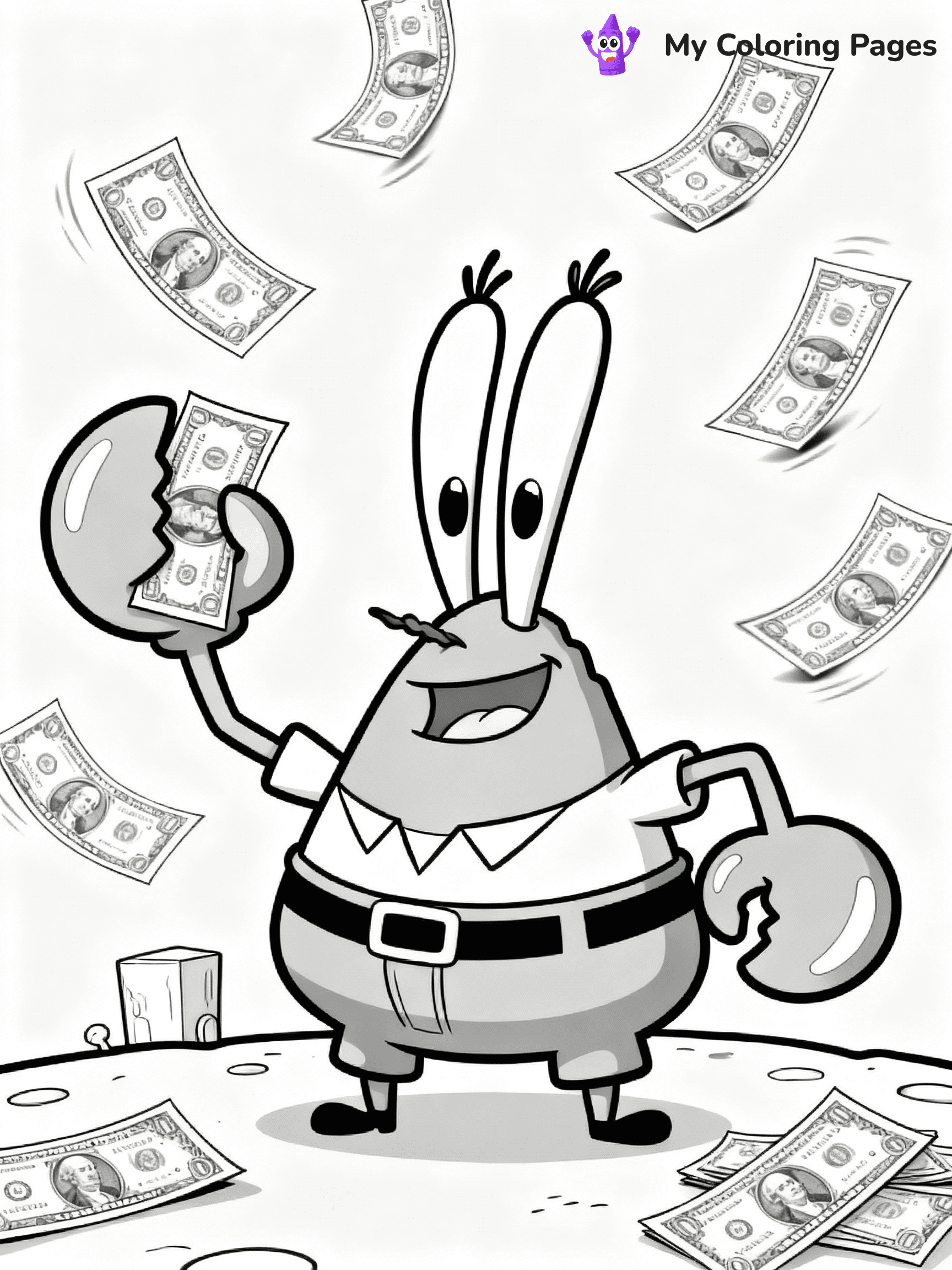 ⚠️ CRITICAL REQUIREMENT - ABSOLUTE BLACK AND WHITE ONLY ⚠️
This MUST be a BLACK AND WHITE line drawing ONLY. NO COLORS whatsoever.
- ONLY pure black lines (#000000) on pure white background (#FFFFFF)
- ABSOLUTELY NO colors, NO shading, NO gradients, NO grayscale
- If there are ANY colors in the output, the image is REJECTED
- This is a COLORING PAGE - meant to be COLORED IN by children
- The output must be UNCOLORED line art ready for coloring
⚠️ SUBJECT TO DRAW: Mr. Krabs counting money, dollar bills flying around him. Important: PURE OUTLINES. NO FILLS, COLOR, SHADING, OR GREYSCALE. WHITE BACKGROUND.
(REMEMBER: Output must be BLACK AND WHITE line art only, NOT colored!)
# Flat, Friendly Cartoon Line-Art Coloring Page
You are generating a **pure black-and-white binary image** of a child-friendly cartoon scene combining characters and background scenery in one cohesive composition.
## Rendering Rules (Strict)
- Only two colors: pure black (#000000) outlines and pure white (#FFFFFF) background.
- No grayscale, shading, gradients, tints, fills, transparency, or partial pixels.
- No antialiasing or blended edges; every pixel is 100% black or white.
- No solid black fills inside shapes — all areas inside outlines must remain white.
- No dark clothing areas or filled tone blocks; all garments outlined only.
- No shadows, textures, lighting, or tonal variations.
- Must look like flat binary vector line-art for coloring pages.
## Drawing & Composition
- **Medium, consistent line weight**; clean closed outlines easy to color inside.
- **Flat, simple, child-friendly design** — no realism or 3D depth.
- Characters are **grounded on a surface**, centered and large.
- **Balanced composition** with clear silhouettes and minimal props.
## Scenery & Style
- Landmarks (e.g., mosque, CN Tower) and scenery (trees, benches, waves) drawn with **black outlines only.**
- For real-world figures, teams, or places, show accurate details using only black outlines—no text or logos. Use distinctive uniform patterns, abstract symbols, and landmark silhouettes to convey identity.
- Keep **consistent perspective**; no floating elements.
- **Style:** whimsical **Doodle Art Alley** — rounded, friendly outlines.
- May adapt shapes from **Crayola, Disney, Peppa Pig, Cocomelon** — *by shape only, never color.*
- Final output: **flat, crisp, binary (#000000/#FFFFFF)**, **no filled color or background text.**
EXTREMELYE IMPORTANT:
- PURE BINARY LINE-ART; NO FILLS (HAIR/CLOTHES/SKIN), SHADING, OR GREY.
- NO SHADING, COLOR. MUST BE WHITE BACKGROUND.
⚠️ FINAL REMINDER: Draw the subject "Mr. Krabs counting money, dollar bills flying around him. Important: PURE OUTLINES. NO FILLS, COLOR, SHADING, OR GREYSCALE. WHITE BACKGROUND." as BLACK AND WHITE line art. Zero colors in output.