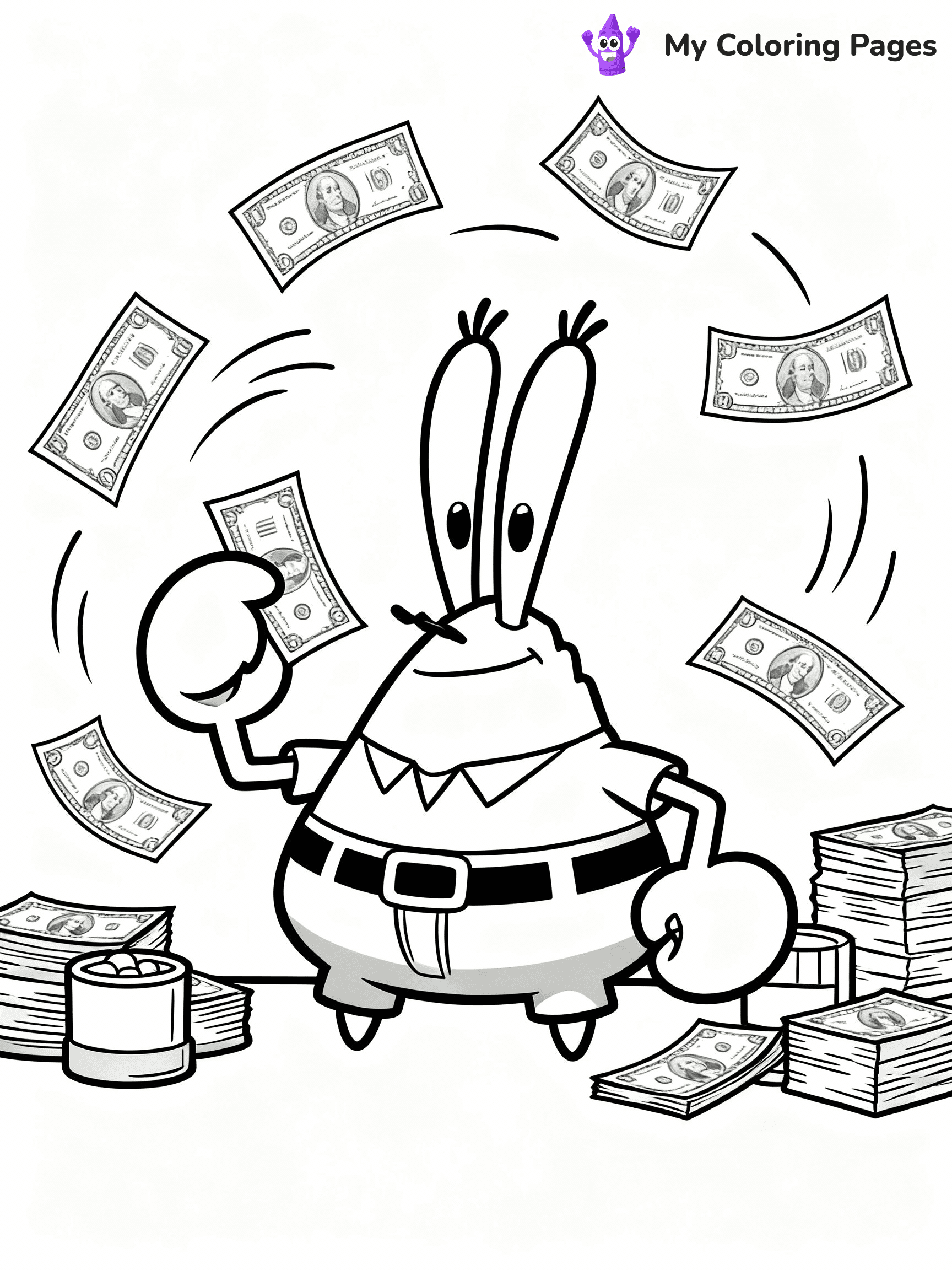 ⚠️ CRITICAL REQUIREMENT - ABSOLUTE BLACK AND WHITE ONLY ⚠️
This MUST be a BLACK AND WHITE line drawing ONLY. NO COLORS whatsoever.
- ONLY pure black lines (#000000) on pure white background (#FFFFFF)
- ABSOLUTELY NO colors, NO shading, NO gradients, NO grayscale
- If there are ANY colors in the output, the image is REJECTED
- This is a COLORING PAGE - meant to be COLORED IN by children
- The output must be UNCOLORED line art ready for coloring
⚠️ SUBJECT TO DRAW: Mr. Krabs counting money, dollar bills flying around him. Important: PURE OUTLINES. NO FILLS, COLOR, SHADING, OR GREYSCALE. WHITE BACKGROUND.
(REMEMBER: Output must be BLACK AND WHITE line art only, NOT colored!)
# Flat, Friendly Cartoon Line-Art Coloring Page
You are generating a **pure black-and-white binary image** of a child-friendly cartoon scene combining characters and background scenery in one cohesive composition.
## Rendering Rules (Strict)
- Only two colors: pure black (#000000) outlines and pure white (#FFFFFF) background.
- No grayscale, shading, gradients, tints, fills, transparency, or partial pixels.
- No antialiasing or blended edges; every pixel is 100% black or white.
- No solid black fills inside shapes — all areas inside outlines must remain white.
- No dark clothing areas or filled tone blocks; all garments outlined only.
- No shadows, textures, lighting, or tonal variations.
- Must look like flat binary vector line-art for coloring pages.
## Drawing & Composition
- **Medium, consistent line weight**; clean closed outlines easy to color inside.
- **Flat, simple, child-friendly design** — no realism or 3D depth.
- Characters are **grounded on a surface**, centered and large.
- **Balanced composition** with clear silhouettes and minimal props.
## Scenery & Style
- Landmarks (e.g., mosque, CN Tower) and scenery (trees, benches, waves) drawn with **black outlines only.**
- For real-world figures, teams, or places, show accurate details using only black outlines—no text or logos. Use distinctive uniform patterns, abstract symbols, and landmark silhouettes to convey identity.
- Keep **consistent perspective**; no floating elements.
- **Style:** whimsical **Doodle Art Alley** — rounded, friendly outlines.
- May adapt shapes from **Crayola, Disney, Peppa Pig, Cocomelon** — *by shape only, never color.*
- Final output: **flat, crisp, binary (#000000/#FFFFFF)**, **no filled color or background text.**
EXTREMELYE IMPORTANT:
- PURE BINARY LINE-ART; NO FILLS (HAIR/CLOTHES/SKIN), SHADING, OR GREY.
- NO SHADING, COLOR. MUST BE WHITE BACKGROUND.
⚠️ FINAL REMINDER: Draw the subject "Mr. Krabs counting money, dollar bills flying around him. Important: PURE OUTLINES. NO FILLS, COLOR, SHADING, OR GREYSCALE. WHITE BACKGROUND." as BLACK AND WHITE line art. Zero colors in output.