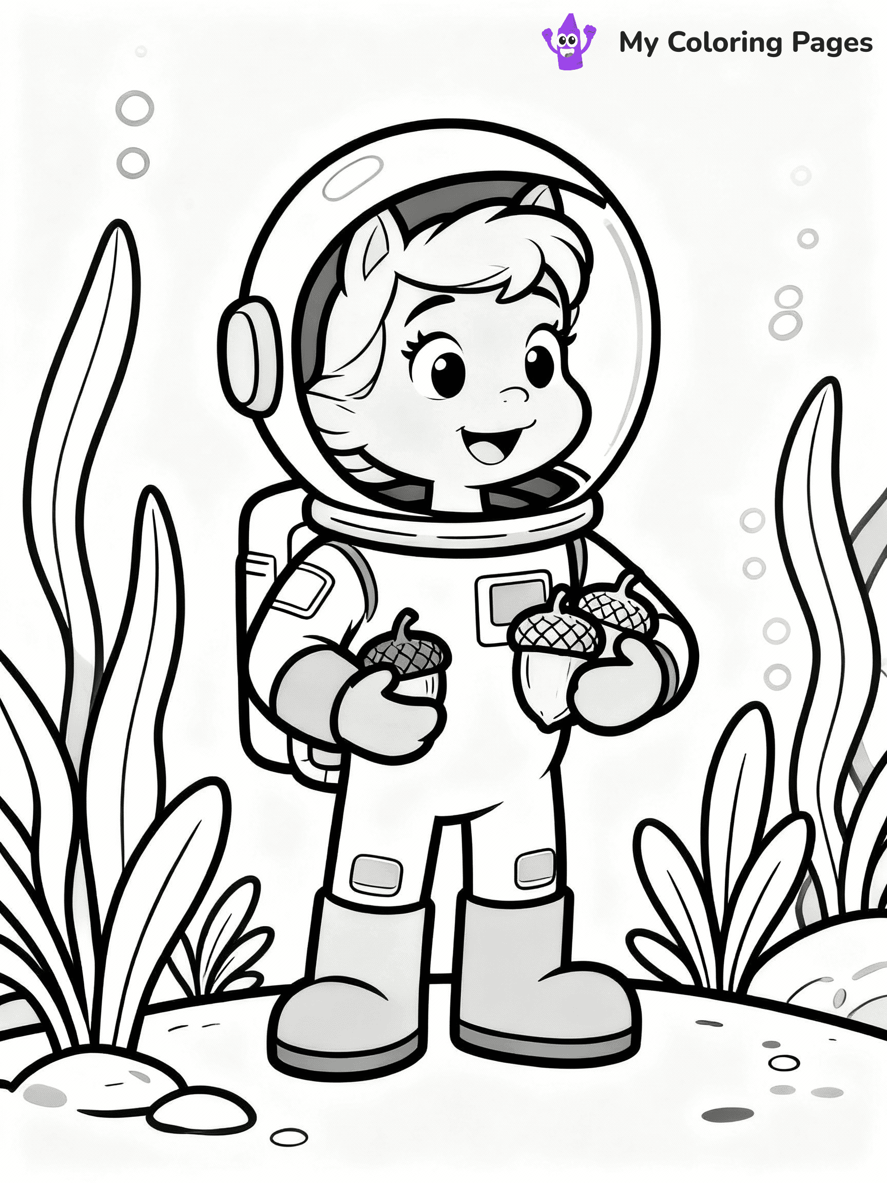 ⚠️ CRITICAL REQUIREMENT - ABSOLUTE BLACK AND WHITE ONLY ⚠️
This MUST be a BLACK AND WHITE line drawing ONLY. NO COLORS whatsoever.
- ONLY pure black lines (#000000) on pure white background (#FFFFFF)
- ABSOLUTELY NO colors, NO shading, NO gradients, NO grayscale
- If there are ANY colors in the output, the image is REJECTED
- This is a COLORING PAGE - meant to be COLORED IN by children
- The output must be UNCOLORED line art ready for coloring
⚠️ SUBJECT TO DRAW: Sandy Cheeks, wearing a space suit, holding acorns, underwater plants. Important: PURE OUTLINES. NO FILLS, COLOR, SHADING, OR GREYSCALE. WHITE BACKGROUND.
(REMEMBER: Output must be BLACK AND WHITE line art only, NOT colored!)
# Flat, Friendly Cartoon Line-Art Coloring Page
You are generating a **pure black-and-white binary image** of a child-friendly cartoon scene combining characters and background scenery in one cohesive composition.
## Rendering Rules (Strict)
- Only two colors: pure black (#000000) outlines and pure white (#FFFFFF) background.
- No grayscale, shading, gradients, tints, fills, transparency, or partial pixels.
- No antialiasing or blended edges; every pixel is 100% black or white.
- No solid black fills inside shapes — all areas inside outlines must remain white.
- No dark clothing areas or filled tone blocks; all garments outlined only.
- No shadows, textures, lighting, or tonal variations.
- Must look like flat binary vector line-art for coloring pages.
## Drawing & Composition
- **Medium, consistent line weight**; clean closed outlines easy to color inside.
- **Flat, simple, child-friendly design** — no realism or 3D depth.
- Characters are **grounded on a surface**, centered and large.
- **Balanced composition** with clear silhouettes and minimal props.
## Scenery & Style
- Landmarks (e.g., mosque, CN Tower) and scenery (trees, benches, waves) drawn with **black outlines only.**
- For real-world figures, teams, or places, show accurate details using only black outlines—no text or logos. Use distinctive uniform patterns, abstract symbols, and landmark silhouettes to convey identity.
- Keep **consistent perspective**; no floating elements.
- **Style:** whimsical **Doodle Art Alley** — rounded, friendly outlines.
- May adapt shapes from **Crayola, Disney, Peppa Pig, Cocomelon** — *by shape only, never color.*
- Final output: **flat, crisp, binary (#000000/#FFFFFF)**, **no filled color or background text.**
EXTREMELYE IMPORTANT:
- PURE BINARY LINE-ART; NO FILLS (HAIR/CLOTHES/SKIN), SHADING, OR GREY.
- NO SHADING, COLOR. MUST BE WHITE BACKGROUND.
⚠️ FINAL REMINDER: Draw the subject "Sandy Cheeks, wearing a space suit, holding acorns, underwater plants. Important: PURE OUTLINES. NO FILLS, COLOR, SHADING, OR GREYSCALE. WHITE BACKGROUND." as BLACK AND WHITE line art. Zero colors in output.