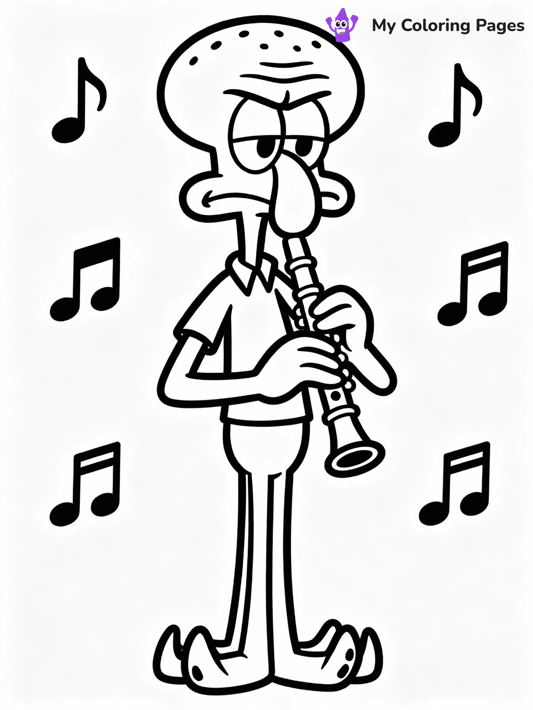 ⚠️ CRITICAL REQUIREMENT - ABSOLUTE BLACK AND WHITE ONLY ⚠️
This MUST be a BLACK AND WHITE line drawing ONLY. NO COLORS whatsoever.
- ONLY pure black lines (#000000) on pure white background (#FFFFFF)
- ABSOLUTELY NO colors, NO shading, NO gradients, NO grayscale
- If there are ANY colors in the output, the image is REJECTED
- This is a COLORING PAGE - meant to be COLORED IN by children
- The output must be UNCOLORED line art ready for coloring
⚠️ SUBJECT TO DRAW: Squidward from playing clarinet, frowning, surrounded by musical notes. Important: PURE OUTLINES. NO FILLS, COLOR, SHADING, OR GREYSCALE. WHITE BACKGROUND.
(REMEMBER: Output must be BLACK AND WHITE line art only, NOT colored!)
# Flat, Friendly Cartoon Line-Art Coloring Page
You are generating a **pure black-and-white binary image** of a child-friendly cartoon scene combining characters and background scenery in one cohesive composition.
## Rendering Rules (Strict)
- Only two colors: pure black (#000000) outlines and pure white (#FFFFFF) background.
- No grayscale, shading, gradients, tints, fills, transparency, or partial pixels.
- No antialiasing or blended edges; every pixel is 100% black or white.
- No solid black fills inside shapes — all areas inside outlines must remain white.
- No dark clothing areas or filled tone blocks; all garments outlined only.
- No shadows, textures, lighting, or tonal variations.
- Must look like flat binary vector line-art for coloring pages.
## Drawing & Composition
- **Medium, consistent line weight**; clean closed outlines easy to color inside.
- **Flat, simple, child-friendly design** — no realism or 3D depth.
- Characters are **grounded on a surface**, centered and large.
- **Balanced composition** with clear silhouettes and minimal props.
## Scenery & Style
- Landmarks (e.g., mosque, CN Tower) and scenery (trees, benches, waves) drawn with **black outlines only.**
- For real-world figures, teams, or places, show accurate details using only black outlines—no text or logos. Use distinctive uniform patterns, abstract symbols, and landmark silhouettes to convey identity.
- Keep **consistent perspective**; no floating elements.
- **Style:** whimsical **Doodle Art Alley** — rounded, friendly outlines.
- May adapt shapes from **Crayola, Disney, Peppa Pig, Cocomelon** — *by shape only, never color.*
- Final output: **flat, crisp, binary (#000000/#FFFFFF)**, **no filled color or background text.**
EXTREMELYE IMPORTANT:
- PURE BINARY LINE-ART; NO FILLS (HAIR/CLOTHES/SKIN), SHADING, OR GREY.
- NO SHADING, COLOR. MUST BE WHITE BACKGROUND.
⚠️ FINAL REMINDER: Draw the subject "Squidward from playing clarinet, frowning, surrounded by musical notes. Important: PURE OUTLINES. NO FILLS, COLOR, SHADING, OR GREYSCALE. WHITE BACKGROUND." as BLACK AND WHITE line art. Zero colors in output.