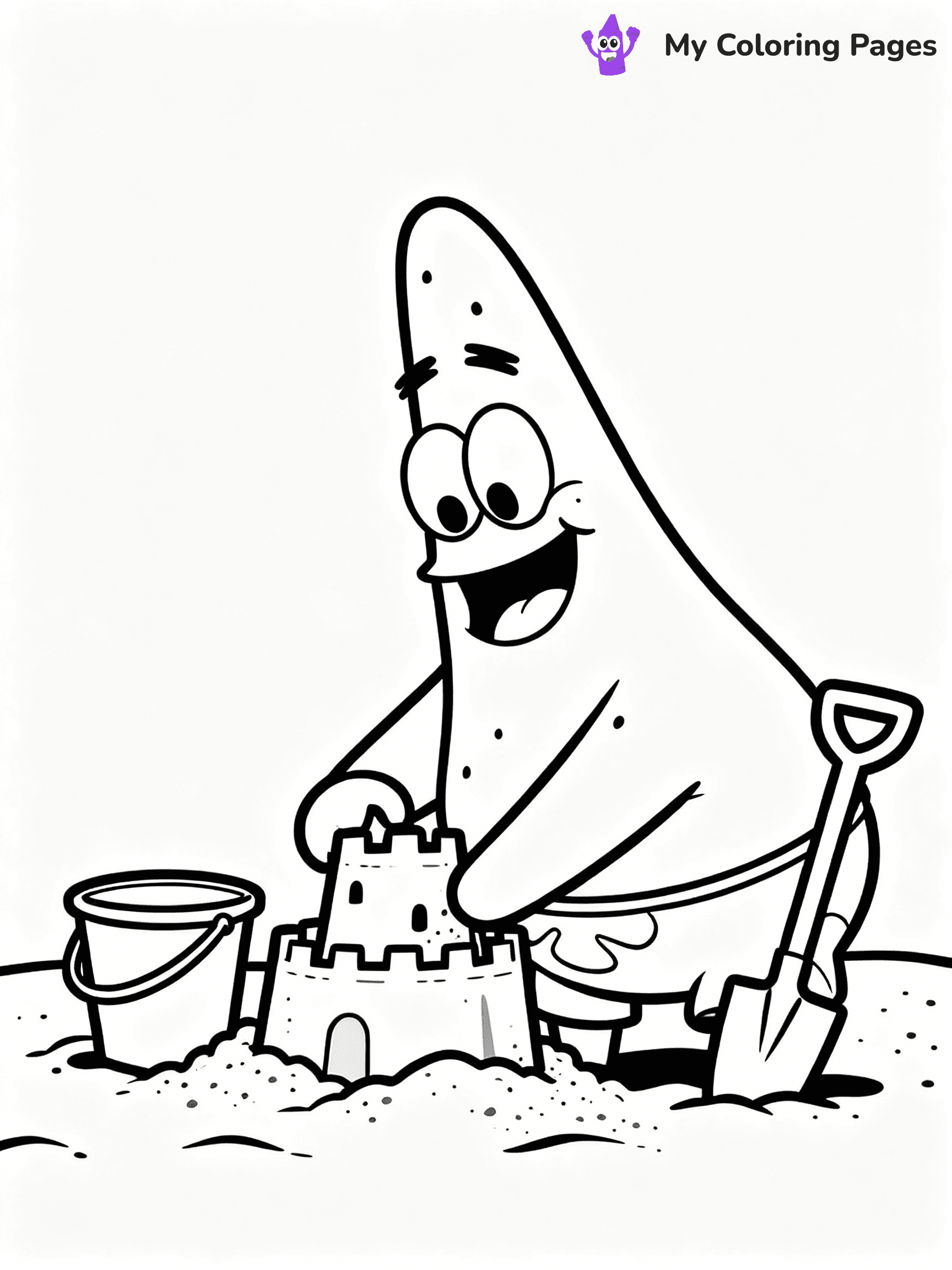 ⚠️ CRITICAL REQUIREMENT - ABSOLUTE BLACK AND WHITE ONLY ⚠️
This MUST be a BLACK AND WHITE line drawing ONLY. NO COLORS whatsoever.
- ONLY pure black lines (#000000) on pure white background (#FFFFFF)
- ABSOLUTELY NO colors, NO shading, NO gradients, NO grayscale
- If there are ANY colors in the output, the image is REJECTED
- This is a COLORING PAGE - meant to be COLORED IN by children
- The output must be UNCOLORED line art ready for coloring
⚠️ SUBJECT TO DRAW: Patrick Star from SpongeBob building a sandcastle, bucket and shovel beside him. Important: PURE OUTLINES. NO FILLS, COLOR, SHADING, OR GREYSCALE. WHITE BACKGROUND.
(REMEMBER: Output must be BLACK AND WHITE line art only, NOT colored!)
# Flat, Friendly Cartoon Line-Art Coloring Page
You are generating a **pure black-and-white binary image** of a child-friendly cartoon scene combining characters and background scenery in one cohesive composition.
## Rendering Rules (Strict)
- Only two colors: pure black (#000000) outlines and pure white (#FFFFFF) background.
- No grayscale, shading, gradients, tints, fills, transparency, or partial pixels.
- No antialiasing or blended edges; every pixel is 100% black or white.
- No solid black fills inside shapes — all areas inside outlines must remain white.
- No dark clothing areas or filled tone blocks; all garments outlined only.
- No shadows, textures, lighting, or tonal variations.
- Must look like flat binary vector line-art for coloring pages.
## Drawing & Composition
- **Medium, consistent line weight**; clean closed outlines easy to color inside.
- **Flat, simple, child-friendly design** — no realism or 3D depth.
- Characters are **grounded on a surface**, centered and large.
- **Balanced composition** with clear silhouettes and minimal props.
## Scenery & Style
- Landmarks (e.g., mosque, CN Tower) and scenery (trees, benches, waves) drawn with **black outlines only.**
- For real-world figures, teams, or places, show accurate details using only black outlines—no text or logos. Use distinctive uniform patterns, abstract symbols, and landmark silhouettes to convey identity.
- Keep **consistent perspective**; no floating elements.
- **Style:** whimsical **Doodle Art Alley** — rounded, friendly outlines.
- May adapt shapes from **Crayola, Disney, Peppa Pig, Cocomelon** — *by shape only, never color.*
- Final output: **flat, crisp, binary (#000000/#FFFFFF)**, **no filled color or background text.**
EXTREMELYE IMPORTANT:
- PURE BINARY LINE-ART; NO FILLS (HAIR/CLOTHES/SKIN), SHADING, OR GREY.
- NO SHADING, COLOR. MUST BE WHITE BACKGROUND.
⚠️ FINAL REMINDER: Draw the subject "Patrick Star from SpongeBob building a sandcastle, bucket and shovel beside him. Important: PURE OUTLINES. NO FILLS, COLOR, SHADING, OR GREYSCALE. WHITE BACKGROUND." as BLACK AND WHITE line art. Zero colors in output.