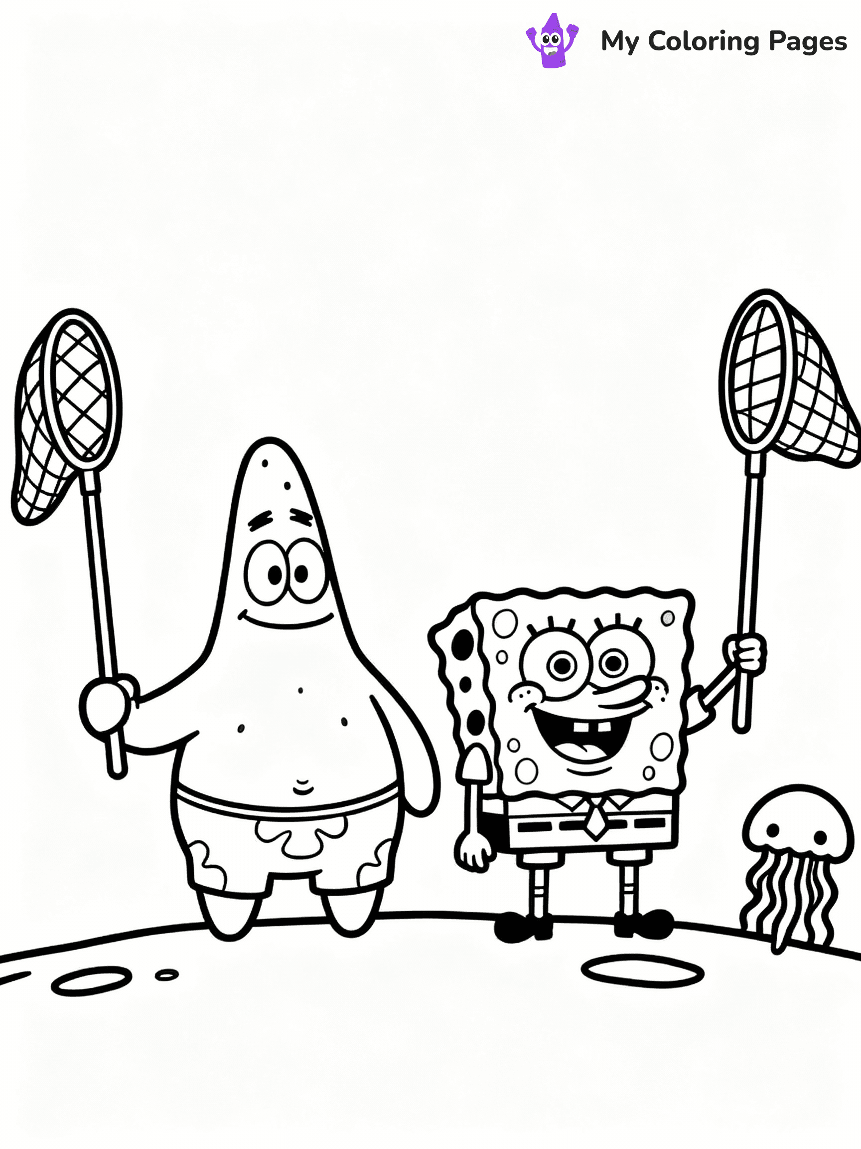 ⚠️ CRITICAL REQUIREMENT - ABSOLUTE BLACK AND WHITE ONLY ⚠️
This MUST be a BLACK AND WHITE line drawing ONLY. NO COLORS whatsoever.
- ONLY pure black lines (#000000) on pure white background (#FFFFFF)
- ABSOLUTELY NO colors, NO shading, NO gradients, NO grayscale
- If there are ANY colors in the output, the image is REJECTED
- This is a COLORING PAGE - meant to be COLORED IN by children
- The output must be UNCOLORED line art ready for coloring
⚠️ SUBJECT TO DRAW: SpongeBob and Patrick from SpongeBob jellyfishing, nets raised, jellyfish nearby. Important: PURE OUTLINES. NO FILLS, COLOR, SHADING, OR GREYSCALE. WHITE BACKGROUND.
(REMEMBER: Output must be BLACK AND WHITE line art only, NOT colored!)
# Flat, Friendly Cartoon Line-Art Coloring Page
You are generating a **pure black-and-white binary image** of a child-friendly cartoon scene combining characters and background scenery in one cohesive composition.
## Rendering Rules (Strict)
- Only two colors: pure black (#000000) outlines and pure white (#FFFFFF) background.
- No grayscale, shading, gradients, tints, fills, transparency, or partial pixels.
- No antialiasing or blended edges; every pixel is 100% black or white.
- No solid black fills inside shapes — all areas inside outlines must remain white.
- No dark clothing areas or filled tone blocks; all garments outlined only.
- No shadows, textures, lighting, or tonal variations.
- Must look like flat binary vector line-art for coloring pages.
## Drawing & Composition
- **Medium, consistent line weight**; clean closed outlines easy to color inside.
- **Flat, simple, child-friendly design** — no realism or 3D depth.
- Characters are **grounded on a surface**, centered and large.
- **Balanced composition** with clear silhouettes and minimal props.
## Scenery & Style
- Landmarks (e.g., mosque, CN Tower) and scenery (trees, benches, waves) drawn with **black outlines only.**
- For real-world figures, teams, or places, show accurate details using only black outlines—no text or logos. Use distinctive uniform patterns, abstract symbols, and landmark silhouettes to convey identity.
- Keep **consistent perspective**; no floating elements.
- **Style:** whimsical **Doodle Art Alley** — rounded, friendly outlines.
- May adapt shapes from **Crayola, Disney, Peppa Pig, Cocomelon** — *by shape only, never color.*
- Final output: **flat, crisp, binary (#000000/#FFFFFF)**, **no filled color or background text.**
EXTREMELYE IMPORTANT:
- PURE BINARY LINE-ART; NO FILLS (HAIR/CLOTHES/SKIN), SHADING, OR GREY.
- NO SHADING, COLOR. MUST BE WHITE BACKGROUND.
⚠️ FINAL REMINDER: Draw the subject "SpongeBob and Patrick from SpongeBob jellyfishing, nets raised, jellyfish nearby. Important: PURE OUTLINES. NO FILLS, COLOR, SHADING, OR GREYSCALE. WHITE BACKGROUND." as BLACK AND WHITE line art. Zero colors in output.