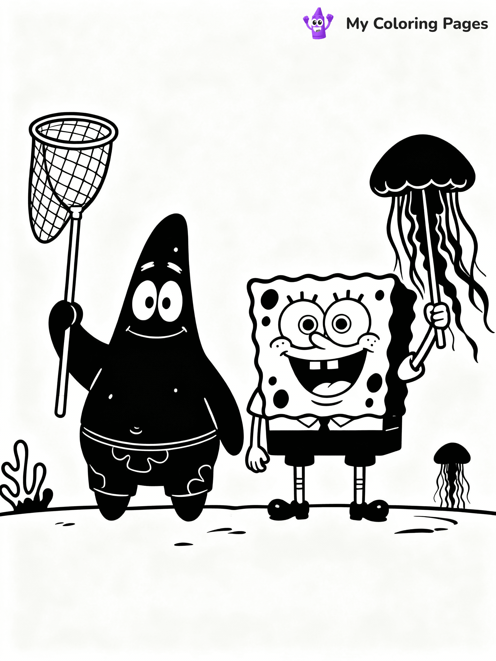 ⚠️ CRITICAL REQUIREMENT - ABSOLUTE BLACK AND WHITE ONLY ⚠️
This MUST be a BLACK AND WHITE line drawing ONLY. NO COLORS whatsoever.
- ONLY pure black lines (#000000) on pure white background (#FFFFFF)
- ABSOLUTELY NO colors, NO shading, NO gradients, NO grayscale
- If there are ANY colors in the output, the image is REJECTED
- This is a COLORING PAGE - meant to be COLORED IN by children
- The output must be UNCOLORED line art ready for coloring
⚠️ SUBJECT TO DRAW: SpongeBob and Patrick from SpongeBob jellyfishing, nets raised, jellyfish nearby. Important: PURE OUTLINES. NO FILLS, COLOR, SHADING, OR GREYSCALE. WHITE BACKGROUND.
(REMEMBER: Output must be BLACK AND WHITE line art only, NOT colored!)
# Flat, Friendly Cartoon Line-Art Coloring Page
You are generating a **pure black-and-white binary image** of a child-friendly cartoon scene combining characters and background scenery in one cohesive composition.
## Rendering Rules (Strict)
- Only two colors: pure black (#000000) outlines and pure white (#FFFFFF) background.
- No grayscale, shading, gradients, tints, fills, transparency, or partial pixels.
- No antialiasing or blended edges; every pixel is 100% black or white.
- No solid black fills inside shapes — all areas inside outlines must remain white.
- No dark clothing areas or filled tone blocks; all garments outlined only.
- No shadows, textures, lighting, or tonal variations.
- Must look like flat binary vector line-art for coloring pages.
## Drawing & Composition
- **Medium, consistent line weight**; clean closed outlines easy to color inside.
- **Flat, simple, child-friendly design** — no realism or 3D depth.
- Characters are **grounded on a surface**, centered and large.
- **Balanced composition** with clear silhouettes and minimal props.
## Scenery & Style
- Landmarks (e.g., mosque, CN Tower) and scenery (trees, benches, waves) drawn with **black outlines only.**
- For real-world figures, teams, or places, show accurate details using only black outlines—no text or logos. Use distinctive uniform patterns, abstract symbols, and landmark silhouettes to convey identity.
- Keep **consistent perspective**; no floating elements.
- **Style:** whimsical **Doodle Art Alley** — rounded, friendly outlines.
- May adapt shapes from **Crayola, Disney, Peppa Pig, Cocomelon** — *by shape only, never color.*
- Final output: **flat, crisp, binary (#000000/#FFFFFF)**, **no filled color or background text.**
EXTREMELYE IMPORTANT:
- PURE BINARY LINE-ART; NO FILLS (HAIR/CLOTHES/SKIN), SHADING, OR GREY.
- NO SHADING, COLOR. MUST BE WHITE BACKGROUND.
⚠️ FINAL REMINDER: Draw the subject "SpongeBob and Patrick from SpongeBob jellyfishing, nets raised, jellyfish nearby. Important: PURE OUTLINES. NO FILLS, COLOR, SHADING, OR GREYSCALE. WHITE BACKGROUND." as BLACK AND WHITE line art. Zero colors in output.