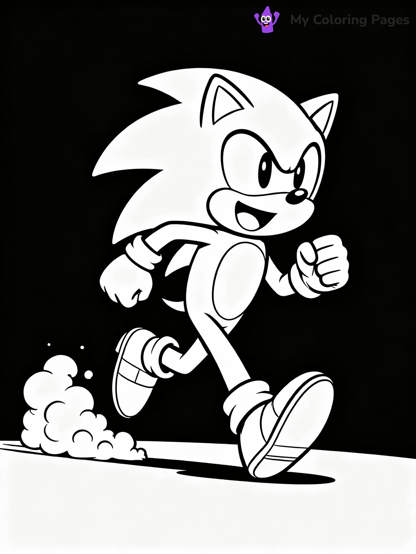 ⚠️ CRITICAL REQUIREMENT - ABSOLUTE BLACK AND WHITE ONLY ⚠️
This MUST be a BLACK AND WHITE line drawing ONLY. NO COLORS whatsoever.
- ONLY pure black lines (#000000) on pure white background (#FFFFFF)
- ABSOLUTELY NO colors, NO shading, NO gradients, NO grayscale
- If there are ANY colors in the output, the image is REJECTED
- This is a COLORING PAGE - meant to be COLORED IN by children
- The output must be UNCOLORED line art ready for coloring
⚠️ SUBJECT TO DRAW: Sonic from Sonic the Hedgehog running at high speed, dust clouds behind, excited. Important: PURE OUTLINES. NO FILLS, COLOR, SHADING, OR GREYSCALE. WHITE BACKGROUND.
(REMEMBER: Output must be BLACK AND WHITE line art only, NOT colored!)
# Flat, Friendly Cartoon Line-Art Coloring Page
You are generating a **pure black-and-white binary image** of a child-friendly cartoon scene combining characters and background scenery in one cohesive composition.
## Rendering Rules (Strict)
- Only two colors: pure black (#000000) outlines and pure white (#FFFFFF) background.
- No grayscale, shading, gradients, tints, fills, transparency, or partial pixels.
- No antialiasing or blended edges; every pixel is 100% black or white.
- No solid black fills inside shapes — all areas inside outlines must remain white.
- No dark clothing areas or filled tone blocks; all garments outlined only.
- No shadows, textures, lighting, or tonal variations.
- Must look like flat binary vector line-art for coloring pages.
## Drawing & Composition
- **Medium, consistent line weight**; clean closed outlines easy to color inside.
- **Flat, simple, child-friendly design** — no realism or 3D depth.
- Characters are **grounded on a surface**, centered and large.
- **Balanced composition** with clear silhouettes and minimal props.
## Scenery & Style
- Landmarks (e.g., mosque, CN Tower) and scenery (trees, benches, waves) drawn with **black outlines only.**
- For real-world figures, teams, or places, show accurate details using only black outlines—no text or logos. Use distinctive uniform patterns, abstract symbols, and landmark silhouettes to convey identity.
- Keep **consistent perspective**; no floating elements.
- **Style:** whimsical **Doodle Art Alley** — rounded, friendly outlines.
- May adapt shapes from **Crayola, Disney, Peppa Pig, Cocomelon** — *by shape only, never color.*
- Final output: **flat, crisp, binary (#000000/#FFFFFF)**, **no filled color or background text.**
EXTREMELYE IMPORTANT:
- PURE BINARY LINE-ART; NO FILLS (HAIR/CLOTHES/SKIN), SHADING, OR GREY.
- NO SHADING, COLOR. MUST BE WHITE BACKGROUND.
⚠️ FINAL REMINDER: Draw the subject "Sonic from Sonic the Hedgehog running at high speed, dust clouds behind, excited. Important: PURE OUTLINES. NO FILLS, COLOR, SHADING, OR GREYSCALE. WHITE BACKGROUND." as BLACK AND WHITE line art. Zero colors in output.