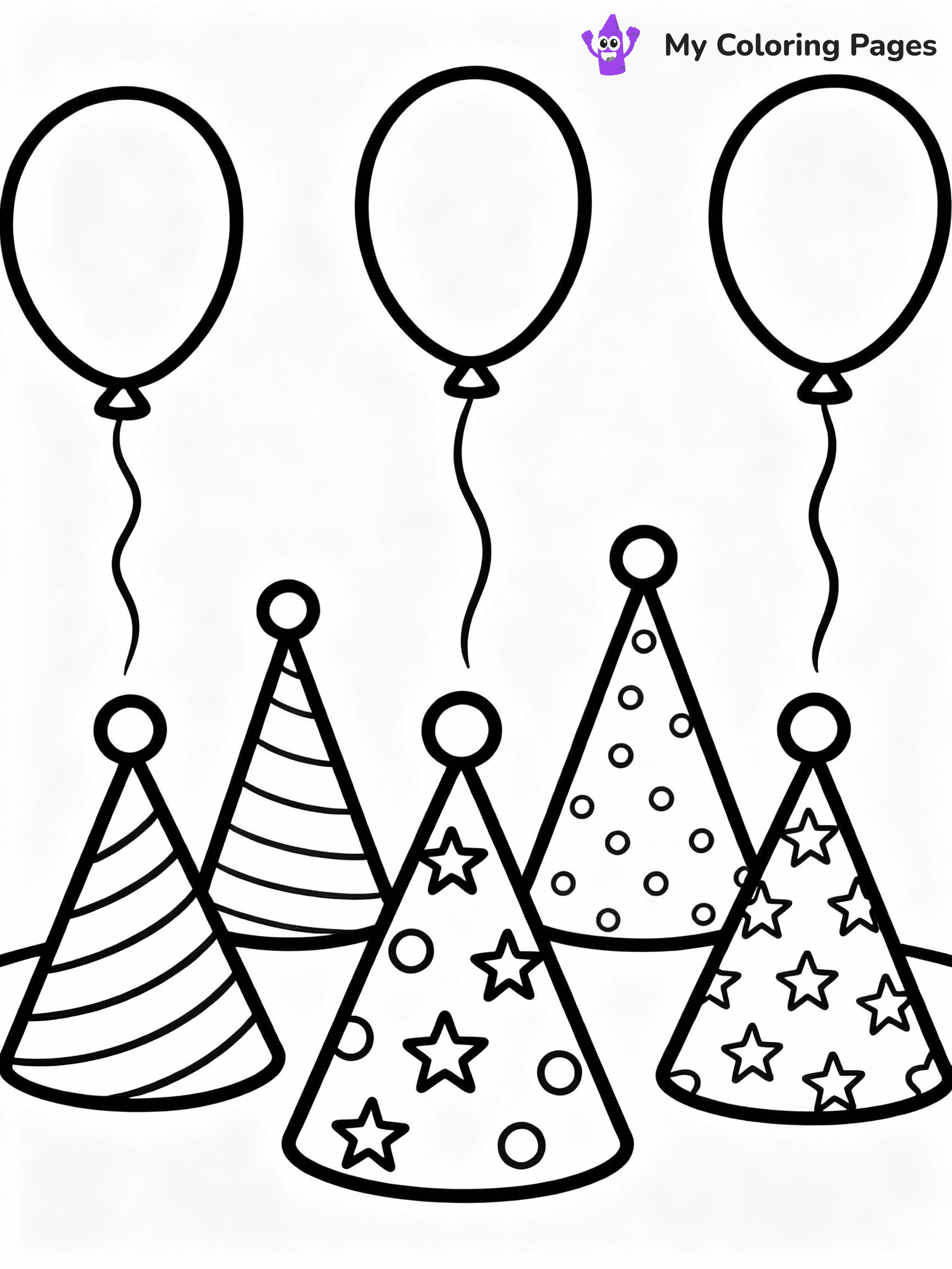 ⚠️ CRITICAL REQUIREMENT - ABSOLUTE BLACK AND WHITE ONLY ⚠️
This MUST be a BLACK AND WHITE line drawing ONLY. NO COLORS whatsoever.
- ONLY pure black lines (#000000) on pure white background (#FFFFFF)
- ABSOLUTELY NO colors, NO shading, NO gradients, NO grayscale
- If there are ANY colors in the output, the image is REJECTED
- This is a COLORING PAGE - meant to be COLORED IN by children
- The output must be UNCOLORED line art ready for coloring
⚠️ SUBJECT TO DRAW: Cheerful birthday party hats with playful patterns, balloons floating above, outline style
(REMEMBER: Output must be BLACK AND WHITE line art only, NOT colored!)
# COLORING PAGE: BLACK OUTLINES ONLY - WHITE BACKGROUND MANDATORY
Create a **coloring book page** using EXACTLY two values: black lines, white space.
## NON-NEGOTIABLE BINARY RULES
- **ONLY #000000 (black) and #FFFFFF (white)** - NO other values exist
- **EVERY PIXEL = BLACK OR WHITE** - no gray/shading/antialiasing
- **WHITE BACKGROUND MANDATORY** - entire canvas stays white
- **ALL SHAPES HOLLOW** - everything is empty outlines waiting to be colored
- **FORBIDDEN:** fills, shading, gradients, patterns, textures, colors
- **NO SOLID REGIONS** - if it's not a thin line, it's wrong
## Universal Line Standards
- Black outlines ONLY - thin, uniform weight
- Every shape completely empty inside
- Closed contours suitable for coloring
- Simple flat illustration - zero depth/3D/realism
- **Style:** Whimsical Doodle Art Alley - rounded, friendly outlines (unless specified)
## Everything = Outline Only
- Characters/animals: hollow shapes
- Objects/clothing: empty contours
- Backgrounds/scenery: line work only
- Natural elements: outlined forms
- Dark/night areas: don't exist (use outlined symbols)
- Textures/patterns: convert to simple lines
## The Test
Can a child color EVERY white space with crayons? If any area is pre-filled/shaded/gray or colored in, it FAILS. Every shape must be waiting to receive color.
**FINAL OUTPUT**: Binary coloring page. Black lines define shapes. White spaces ready for coloring. Nothing else exists. No exceptions. Print-ready.
⚠️ FINAL REMINDER: Draw the subject "Cheerful birthday party hats with playful patterns, balloons floating above, outline style" as BLACK AND WHITE line art. Zero colors in output.
