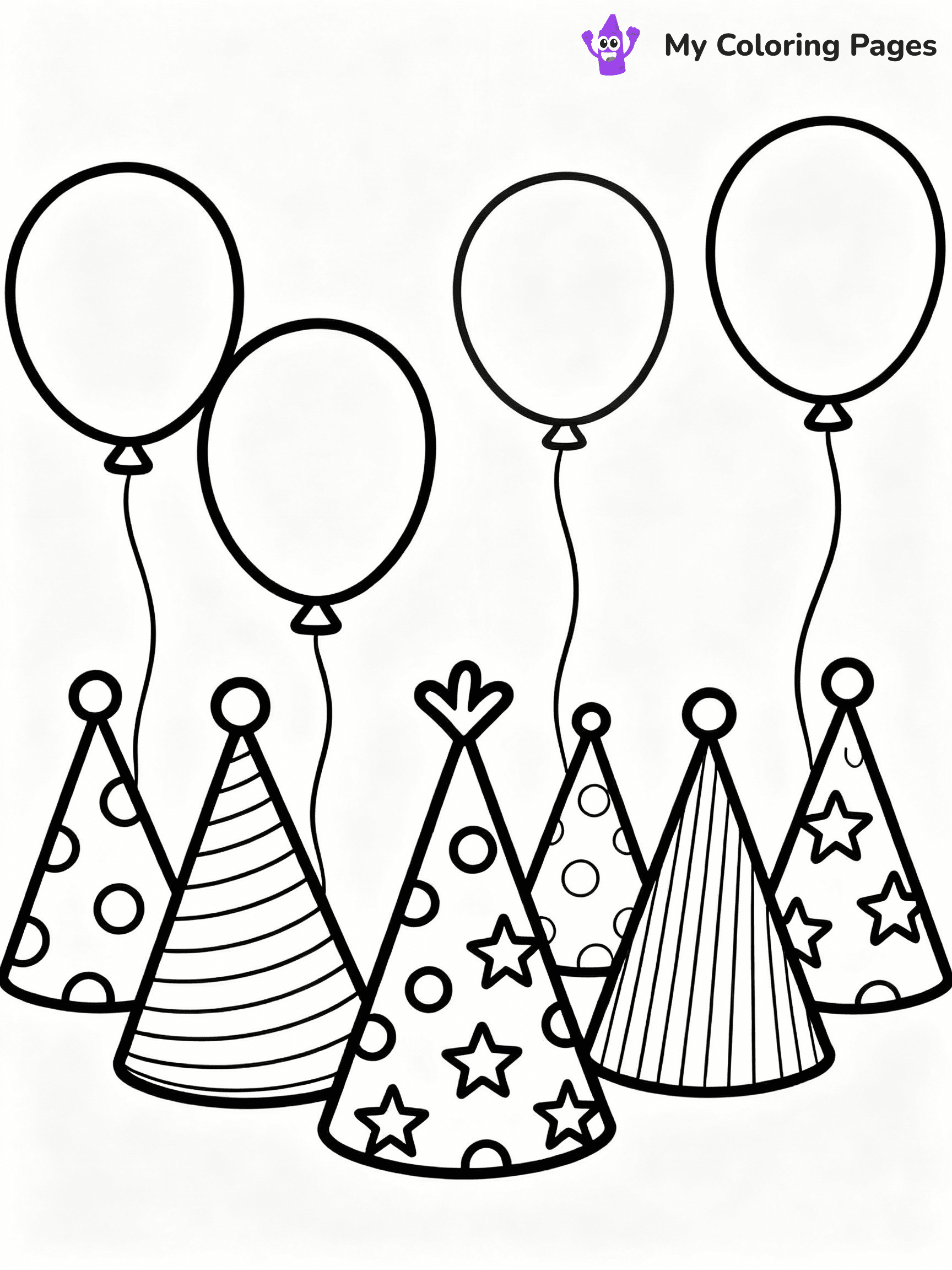 ⚠️ CRITICAL REQUIREMENT - ABSOLUTE BLACK AND WHITE ONLY ⚠️
This MUST be a BLACK AND WHITE line drawing ONLY. NO COLORS whatsoever.
- ONLY pure black lines (#000000) on pure white background (#FFFFFF)
- ABSOLUTELY NO colors, NO shading, NO gradients, NO grayscale
- If there are ANY colors in the output, the image is REJECTED
- This is a COLORING PAGE - meant to be COLORED IN by children
- The output must be UNCOLORED line art ready for coloring
⚠️ SUBJECT TO DRAW: Cheerful birthday party hats with playful patterns, balloons floating above, outline style
(REMEMBER: Output must be BLACK AND WHITE line art only, NOT colored!)
# COLORING PAGE: BLACK OUTLINES ONLY - WHITE BACKGROUND MANDATORY
Create a **coloring book page** using EXACTLY two values: black lines, white space.
## NON-NEGOTIABLE BINARY RULES
- **ONLY #000000 (black) and #FFFFFF (white)** - NO other values exist
- **EVERY PIXEL = BLACK OR WHITE** - no gray/shading/antialiasing
- **WHITE BACKGROUND MANDATORY** - entire canvas stays white
- **ALL SHAPES HOLLOW** - everything is empty outlines waiting to be colored
- **FORBIDDEN:** fills, shading, gradients, patterns, textures, colors
- **NO SOLID REGIONS** - if it's not a thin line, it's wrong
## Universal Line Standards
- Black outlines ONLY - thin, uniform weight
- Every shape completely empty inside
- Closed contours suitable for coloring
- Simple flat illustration - zero depth/3D/realism
- **Style:** Whimsical Doodle Art Alley - rounded, friendly outlines (unless specified)
## Everything = Outline Only
- Characters/animals: hollow shapes
- Objects/clothing: empty contours
- Backgrounds/scenery: line work only
- Natural elements: outlined forms
- Dark/night areas: don't exist (use outlined symbols)
- Textures/patterns: convert to simple lines
## The Test
Can a child color EVERY white space with crayons? If any area is pre-filled/shaded/gray or colored in, it FAILS. Every shape must be waiting to receive color.
**FINAL OUTPUT**: Binary coloring page. Black lines define shapes. White spaces ready for coloring. Nothing else exists. No exceptions. Print-ready.
⚠️ FINAL REMINDER: Draw the subject "Cheerful birthday party hats with playful patterns, balloons floating above, outline style" as BLACK AND WHITE line art. Zero colors in output.
