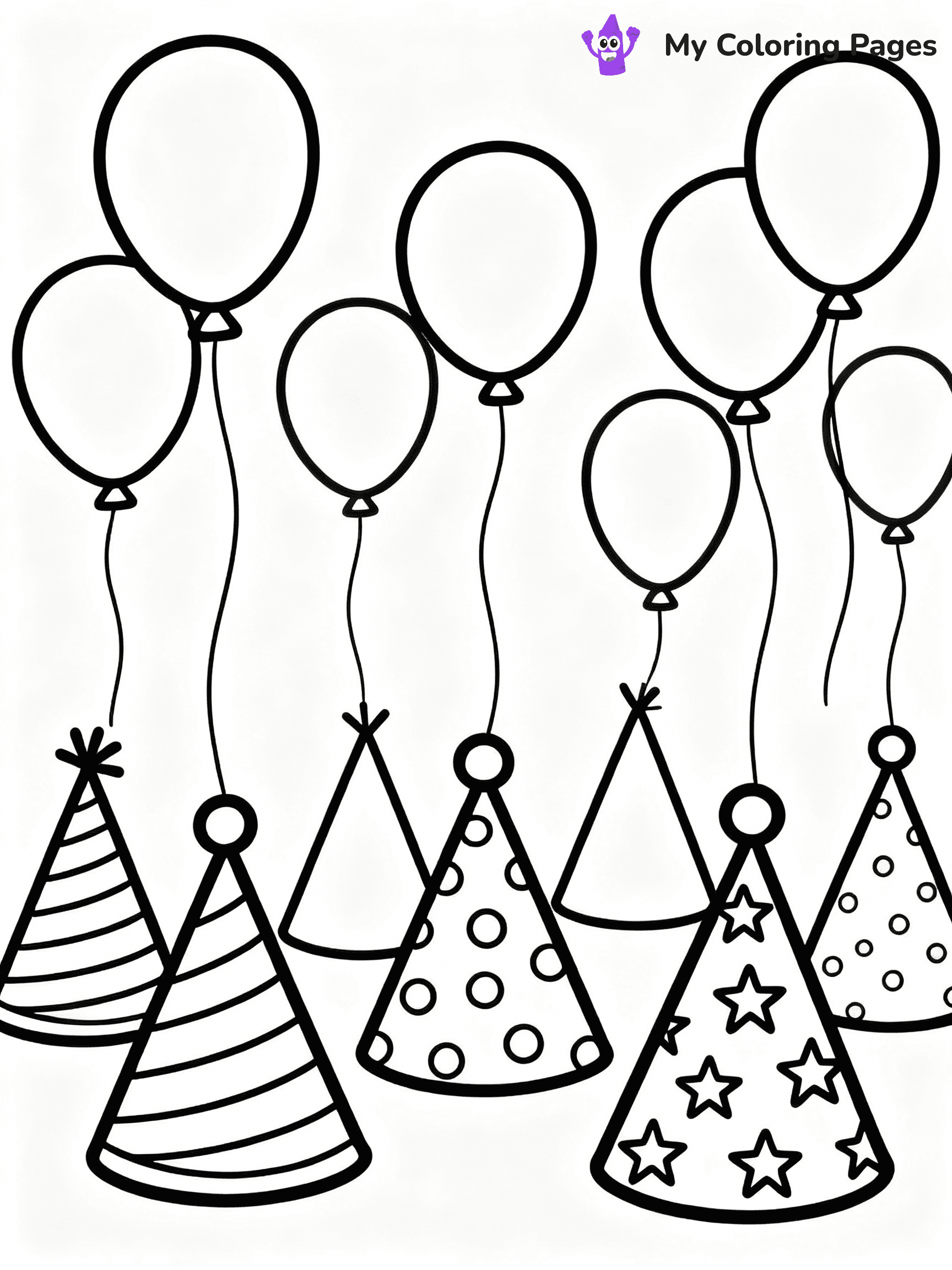⚠️ CRITICAL REQUIREMENT - ABSOLUTE BLACK AND WHITE ONLY ⚠️
This MUST be a BLACK AND WHITE line drawing ONLY. NO COLORS whatsoever.
- ONLY pure black lines (#000000) on pure white background (#FFFFFF)
- ABSOLUTELY NO colors, NO shading, NO gradients, NO grayscale
- If there are ANY colors in the output, the image is REJECTED
- This is a COLORING PAGE - meant to be COLORED IN by children
- The output must be UNCOLORED line art ready for coloring
⚠️ SUBJECT TO DRAW: Cheerful birthday party hats with playful patterns, balloons floating above, outline style
(REMEMBER: Output must be BLACK AND WHITE line art only, NOT colored!)
# COLORING PAGE: BLACK OUTLINES ONLY - WHITE BACKGROUND MANDATORY
Create a **coloring book page** using EXACTLY two values: black lines, white space.
## NON-NEGOTIABLE BINARY RULES
- **ONLY #000000 (black) and #FFFFFF (white)** - NO other values exist
- **EVERY PIXEL = BLACK OR WHITE** - no gray/shading/antialiasing
- **WHITE BACKGROUND MANDATORY** - entire canvas stays white
- **ALL SHAPES HOLLOW** - everything is empty outlines waiting to be colored
- **FORBIDDEN:** fills, shading, gradients, patterns, textures, colors
- **NO SOLID REGIONS** - if it's not a thin line, it's wrong
## Universal Line Standards
- Black outlines ONLY - thin, uniform weight
- Every shape completely empty inside
- Closed contours suitable for coloring
- Simple flat illustration - zero depth/3D/realism
- **Style:** Whimsical Doodle Art Alley - rounded, friendly outlines (unless specified)
## Everything = Outline Only
- Characters/animals: hollow shapes
- Objects/clothing: empty contours
- Backgrounds/scenery: line work only
- Natural elements: outlined forms
- Dark/night areas: don't exist (use outlined symbols)
- Textures/patterns: convert to simple lines
## The Test
Can a child color EVERY white space with crayons? If any area is pre-filled/shaded/gray or colored in, it FAILS. Every shape must be waiting to receive color.
**FINAL OUTPUT**: Binary coloring page. Black lines define shapes. White spaces ready for coloring. Nothing else exists. No exceptions. Print-ready.
⚠️ FINAL REMINDER: Draw the subject "Cheerful birthday party hats with playful patterns, balloons floating above, outline style" as BLACK AND WHITE line art. Zero colors in output.