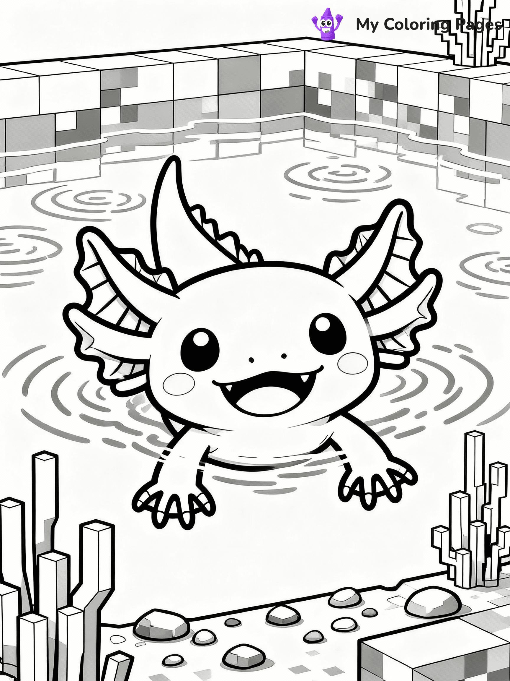 ⚠️ CRITICAL REQUIREMENT - ABSOLUTE BLACK AND WHITE ONLY ⚠️
This MUST be a BLACK AND WHITE line drawing ONLY. NO COLORS whatsoever.
- ONLY pure black lines (#000000) on pure white background (#FFFFFF)
- ABSOLUTELY NO colors, NO shading, NO gradients, NO grayscale
- If there are ANY colors in the output, the image is REJECTED
- This is a COLORING PAGE - meant to be COLORED IN by children
- The output must be UNCOLORED line art ready for coloring
⚠️ SUBJECT TO DRAW: Axolotl swimming in a vibrant Minecraft pond. PURE OUTLINES. NO FILLS, COLOR, SHADING, OR GREYSCALE. WHITE BACKGROUND.
(REMEMBER: Output must be BLACK AND WHITE line art only, NOT colored!)
# Flat, Friendly Cartoon Line-Art Coloring Page
You are generating a **pure black-and-white binary image** of a child-friendly cartoon scene combining characters and background scenery in one cohesive composition.
## Rendering Rules (Strict)
- Only two colors: pure black (#000000) outlines and pure white (#FFFFFF) background.
- No grayscale, shading, gradients, tints, fills, transparency, or partial pixels.
- No antialiasing or blended edges; every pixel is 100% black or white.
- No solid black fills inside shapes — all areas inside outlines must remain white.
- No dark clothing areas or filled tone blocks; all garments outlined only.
- No shadows, textures, lighting, or tonal variations.
- Must look like flat binary vector line-art for coloring pages.
## Drawing & Composition
- **Medium, consistent line weight**; clean closed outlines easy to color inside.
- **Flat, simple, child-friendly design** — no realism or 3D depth.
- Characters are **grounded on a surface**, centered and large.
- **Balanced composition** with clear silhouettes and minimal props.
## Scenery & Style
- Landmarks (e.g., mosque, CN Tower) and scenery (trees, benches, waves) drawn with **black outlines only.**
- For real-world figures, teams, or places, show accurate details using only black outlines—no text or logos. Use distinctive uniform patterns, abstract symbols, and landmark silhouettes to convey identity.
- Keep **consistent perspective**; no floating elements.
- **Style:** whimsical **Doodle Art Alley** — rounded, friendly outlines.
- May adapt shapes from **Crayola, Disney, Peppa Pig, Cocomelon** — *by shape only, never color.*
- Final output: **flat, crisp, binary (#000000/#FFFFFF)**, **no filled color or background text.**
EXTREMELYE IMPORTANT:
- PURE BINARY LINE-ART; NO FILLS (HAIR/CLOTHES/SKIN), SHADING, OR GREY.
- NO SHADING, COLOR. MUST BE WHITE BACKGROUND.
⚠️ FINAL REMINDER: Draw the subject "Axolotl swimming in a vibrant Minecraft pond. PURE OUTLINES. NO FILLS, COLOR, SHADING, OR GREYSCALE. WHITE BACKGROUND." as BLACK AND WHITE line art. Zero colors in output.