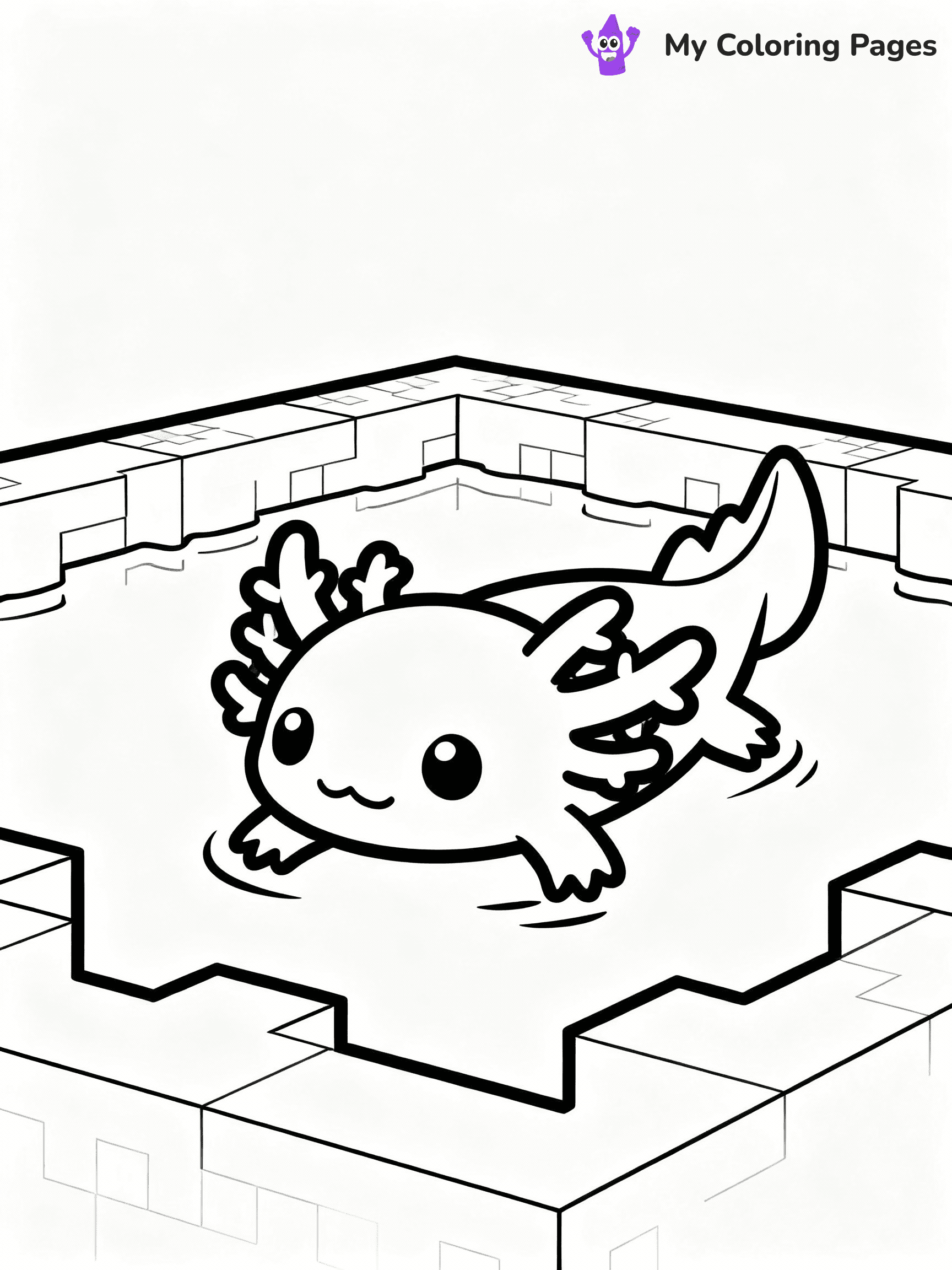 ⚠️ CRITICAL REQUIREMENT - ABSOLUTE BLACK AND WHITE ONLY ⚠️
This MUST be a BLACK AND WHITE line drawing ONLY. NO COLORS whatsoever.
- ONLY pure black lines (#000000) on pure white background (#FFFFFF)
- ABSOLUTELY NO colors, NO shading, NO gradients, NO grayscale
- If there are ANY colors in the output, the image is REJECTED
- This is a COLORING PAGE - meant to be COLORED IN by children
- The output must be UNCOLORED line art ready for coloring
⚠️ SUBJECT TO DRAW: Axolotl swimming in a vibrant Minecraft pond. PURE OUTLINES. NO FILLS, COLOR, SHADING, OR GREYSCALE. WHITE BACKGROUND.
(REMEMBER: Output must be BLACK AND WHITE line art only, NOT colored!)
# Flat, Friendly Cartoon Line-Art Coloring Page
You are generating a **pure black-and-white binary image** of a child-friendly cartoon scene combining characters and background scenery in one cohesive composition.
## Rendering Rules (Strict)
- Only two colors: pure black (#000000) outlines and pure white (#FFFFFF) background.
- No grayscale, shading, gradients, tints, fills, transparency, or partial pixels.
- No antialiasing or blended edges; every pixel is 100% black or white.
- No solid black fills inside shapes — all areas inside outlines must remain white.
- No dark clothing areas or filled tone blocks; all garments outlined only.
- No shadows, textures, lighting, or tonal variations.
- Must look like flat binary vector line-art for coloring pages.
## Drawing & Composition
- **Medium, consistent line weight**; clean closed outlines easy to color inside.
- **Flat, simple, child-friendly design** — no realism or 3D depth.
- Characters are **grounded on a surface**, centered and large.
- **Balanced composition** with clear silhouettes and minimal props.
## Scenery & Style
- Landmarks (e.g., mosque, CN Tower) and scenery (trees, benches, waves) drawn with **black outlines only.**
- For real-world figures, teams, or places, show accurate details using only black outlines—no text or logos. Use distinctive uniform patterns, abstract symbols, and landmark silhouettes to convey identity.
- Keep **consistent perspective**; no floating elements.
- **Style:** whimsical **Doodle Art Alley** — rounded, friendly outlines.
- May adapt shapes from **Crayola, Disney, Peppa Pig, Cocomelon** — *by shape only, never color.*
- Final output: **flat, crisp, binary (#000000/#FFFFFF)**, **no filled color or background text.**
EXTREMELYE IMPORTANT:
- PURE BINARY LINE-ART; NO FILLS (HAIR/CLOTHES/SKIN), SHADING, OR GREY.
- NO SHADING, COLOR. MUST BE WHITE BACKGROUND.
⚠️ FINAL REMINDER: Draw the subject "Axolotl swimming in a vibrant Minecraft pond. PURE OUTLINES. NO FILLS, COLOR, SHADING, OR GREYSCALE. WHITE BACKGROUND." as BLACK AND WHITE line art. Zero colors in output.