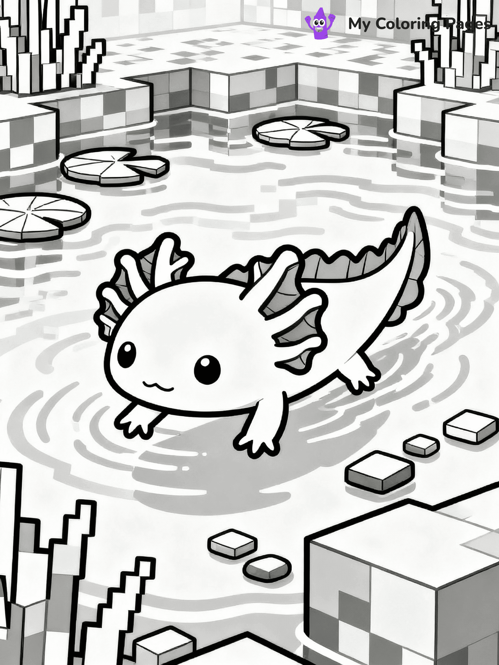 ⚠️ CRITICAL REQUIREMENT - ABSOLUTE BLACK AND WHITE ONLY ⚠️
This MUST be a BLACK AND WHITE line drawing ONLY. NO COLORS whatsoever.
- ONLY pure black lines (#000000) on pure white background (#FFFFFF)
- ABSOLUTELY NO colors, NO shading, NO gradients, NO grayscale
- If there are ANY colors in the output, the image is REJECTED
- This is a COLORING PAGE - meant to be COLORED IN by children
- The output must be UNCOLORED line art ready for coloring
⚠️ SUBJECT TO DRAW: Axolotl swimming in a vibrant Minecraft pond. PURE OUTLINES. NO FILLS, COLOR, SHADING, OR GREYSCALE. WHITE BACKGROUND.
(REMEMBER: Output must be BLACK AND WHITE line art only, NOT colored!)
# Flat, Friendly Cartoon Line-Art Coloring Page
You are generating a **pure black-and-white binary image** of a child-friendly cartoon scene combining characters and background scenery in one cohesive composition.
## Rendering Rules (Strict)
- Only two colors: pure black (#000000) outlines and pure white (#FFFFFF) background.
- No grayscale, shading, gradients, tints, fills, transparency, or partial pixels.
- No antialiasing or blended edges; every pixel is 100% black or white.
- No solid black fills inside shapes — all areas inside outlines must remain white.
- No dark clothing areas or filled tone blocks; all garments outlined only.
- No shadows, textures, lighting, or tonal variations.
- Must look like flat binary vector line-art for coloring pages.
## Drawing & Composition
- **Medium, consistent line weight**; clean closed outlines easy to color inside.
- **Flat, simple, child-friendly design** — no realism or 3D depth.
- Characters are **grounded on a surface**, centered and large.
- **Balanced composition** with clear silhouettes and minimal props.
## Scenery & Style
- Landmarks (e.g., mosque, CN Tower) and scenery (trees, benches, waves) drawn with **black outlines only.**
- For real-world figures, teams, or places, show accurate details using only black outlines—no text or logos. Use distinctive uniform patterns, abstract symbols, and landmark silhouettes to convey identity.
- Keep **consistent perspective**; no floating elements.
- **Style:** whimsical **Doodle Art Alley** — rounded, friendly outlines.
- May adapt shapes from **Crayola, Disney, Peppa Pig, Cocomelon** — *by shape only, never color.*
- Final output: **flat, crisp, binary (#000000/#FFFFFF)**, **no filled color or background text.**
EXTREMELYE IMPORTANT:
- PURE BINARY LINE-ART; NO FILLS (HAIR/CLOTHES/SKIN), SHADING, OR GREY.
- NO SHADING, COLOR. MUST BE WHITE BACKGROUND.
⚠️ FINAL REMINDER: Draw the subject "Axolotl swimming in a vibrant Minecraft pond. PURE OUTLINES. NO FILLS, COLOR, SHADING, OR GREYSCALE. WHITE BACKGROUND." as BLACK AND WHITE line art. Zero colors in output.