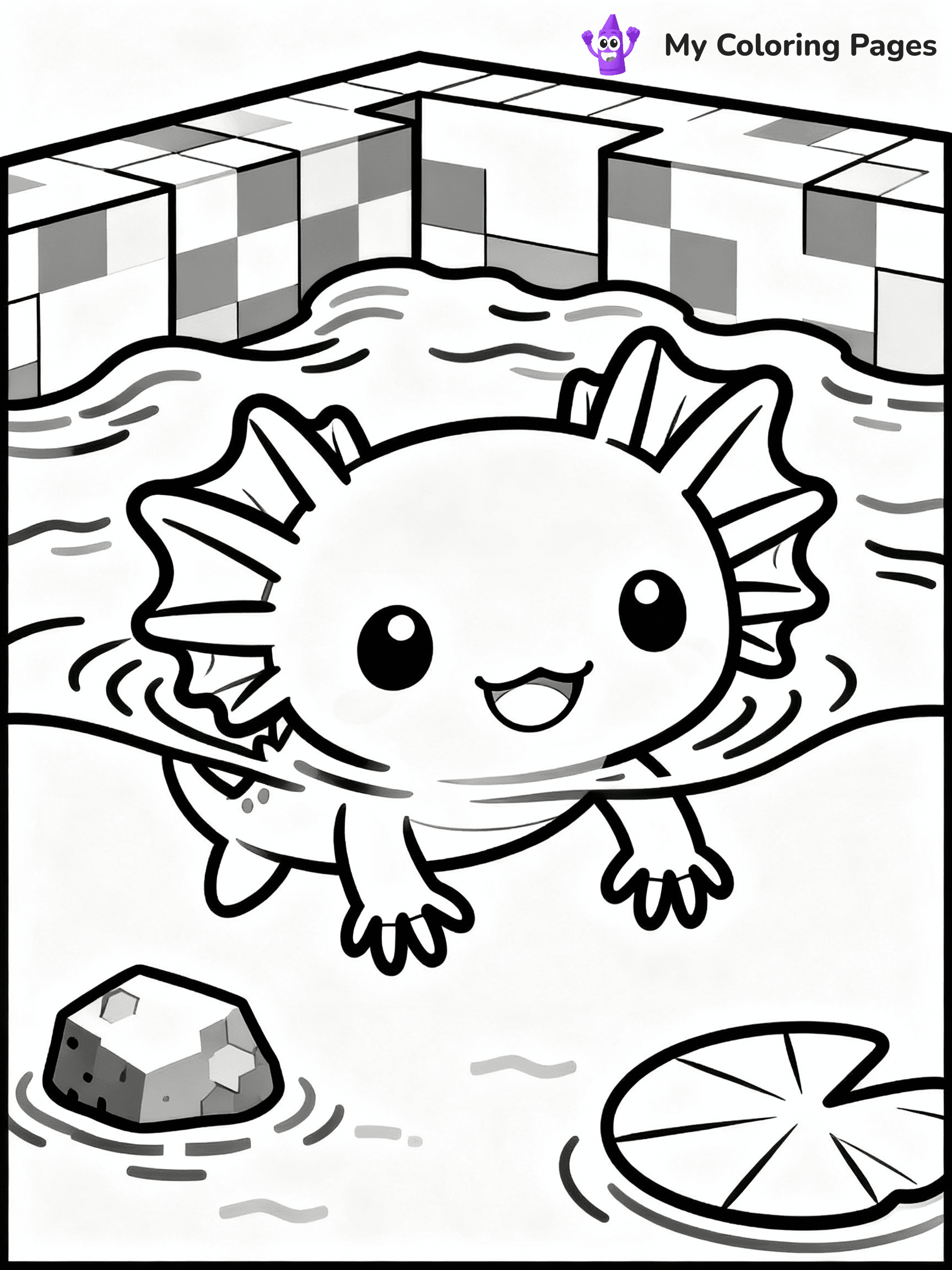 ⚠️ CRITICAL REQUIREMENT - ABSOLUTE BLACK AND WHITE ONLY ⚠️
This MUST be a BLACK AND WHITE line drawing ONLY. NO COLORS whatsoever.
- ONLY pure black lines (#000000) on pure white background (#FFFFFF)
- ABSOLUTELY NO colors, NO shading, NO gradients, NO grayscale
- If there are ANY colors in the output, the image is REJECTED
- This is a COLORING PAGE - meant to be COLORED IN by children
- The output must be UNCOLORED line art ready for coloring
⚠️ SUBJECT TO DRAW: Axolotl swimming in a vibrant Minecraft pond. PURE OUTLINES. NO FILLS, COLOR, SHADING, OR GREYSCALE. WHITE BACKGROUND.
(REMEMBER: Output must be BLACK AND WHITE line art only, NOT colored!)
# Flat, Friendly Cartoon Line-Art Coloring Page
You are generating a **pure black-and-white binary image** of a child-friendly cartoon scene combining characters and background scenery in one cohesive composition.
## Rendering Rules (Strict)
- Only two colors: pure black (#000000) outlines and pure white (#FFFFFF) background.
- No grayscale, shading, gradients, tints, fills, transparency, or partial pixels.
- No antialiasing or blended edges; every pixel is 100% black or white.
- No solid black fills inside shapes — all areas inside outlines must remain white.
- No dark clothing areas or filled tone blocks; all garments outlined only.
- No shadows, textures, lighting, or tonal variations.
- Must look like flat binary vector line-art for coloring pages.
## Drawing & Composition
- **Medium, consistent line weight**; clean closed outlines easy to color inside.
- **Flat, simple, child-friendly design** — no realism or 3D depth.
- Characters are **grounded on a surface**, centered and large.
- **Balanced composition** with clear silhouettes and minimal props.
## Scenery & Style
- Landmarks (e.g., mosque, CN Tower) and scenery (trees, benches, waves) drawn with **black outlines only.**
- For real-world figures, teams, or places, show accurate details using only black outlines—no text or logos. Use distinctive uniform patterns, abstract symbols, and landmark silhouettes to convey identity.
- Keep **consistent perspective**; no floating elements.
- **Style:** whimsical **Doodle Art Alley** — rounded, friendly outlines.
- May adapt shapes from **Crayola, Disney, Peppa Pig, Cocomelon** — *by shape only, never color.*
- Final output: **flat, crisp, binary (#000000/#FFFFFF)**, **no filled color or background text.**
EXTREMELYE IMPORTANT:
- PURE BINARY LINE-ART; NO FILLS (HAIR/CLOTHES/SKIN), SHADING, OR GREY.
- NO SHADING, COLOR. MUST BE WHITE BACKGROUND.
⚠️ FINAL REMINDER: Draw the subject "Axolotl swimming in a vibrant Minecraft pond. PURE OUTLINES. NO FILLS, COLOR, SHADING, OR GREYSCALE. WHITE BACKGROUND." as BLACK AND WHITE line art. Zero colors in output.