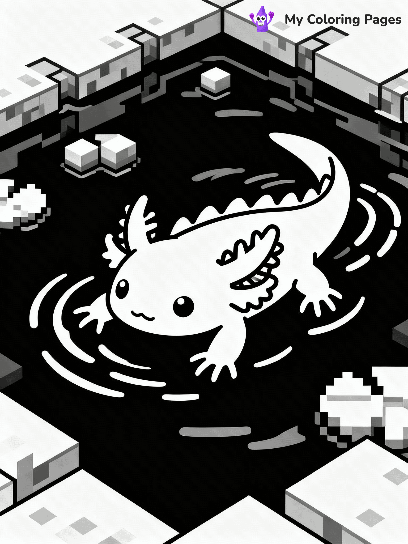 ⚠️ CRITICAL REQUIREMENT - ABSOLUTE BLACK AND WHITE ONLY ⚠️
This MUST be a BLACK AND WHITE line drawing ONLY. NO COLORS whatsoever.
- ONLY pure black lines (#000000) on pure white background (#FFFFFF)
- ABSOLUTELY NO colors, NO shading, NO gradients, NO grayscale
- If there are ANY colors in the output, the image is REJECTED
- This is a COLORING PAGE - meant to be COLORED IN by children
- The output must be UNCOLORED line art ready for coloring
⚠️ SUBJECT TO DRAW: Axolotl swimming in a vibrant Minecraft pond. PURE OUTLINES. NO FILLS, COLOR, SHADING, OR GREYSCALE. WHITE BACKGROUND.
(REMEMBER: Output must be BLACK AND WHITE line art only, NOT colored!)
# Flat, Friendly Cartoon Line-Art Coloring Page
You are generating a **pure black-and-white binary image** of a child-friendly cartoon scene combining characters and background scenery in one cohesive composition.
## Rendering Rules (Strict)
- Only two colors: pure black (#000000) outlines and pure white (#FFFFFF) background.
- No grayscale, shading, gradients, tints, fills, transparency, or partial pixels.
- No antialiasing or blended edges; every pixel is 100% black or white.
- No solid black fills inside shapes — all areas inside outlines must remain white.
- No dark clothing areas or filled tone blocks; all garments outlined only.
- No shadows, textures, lighting, or tonal variations.
- Must look like flat binary vector line-art for coloring pages.
## Drawing & Composition
- **Medium, consistent line weight**; clean closed outlines easy to color inside.
- **Flat, simple, child-friendly design** — no realism or 3D depth.
- Characters are **grounded on a surface**, centered and large.
- **Balanced composition** with clear silhouettes and minimal props.
## Scenery & Style
- Landmarks (e.g., mosque, CN Tower) and scenery (trees, benches, waves) drawn with **black outlines only.**
- For real-world figures, teams, or places, show accurate details using only black outlines—no text or logos. Use distinctive uniform patterns, abstract symbols, and landmark silhouettes to convey identity.
- Keep **consistent perspective**; no floating elements.
- **Style:** whimsical **Doodle Art Alley** — rounded, friendly outlines.
- May adapt shapes from **Crayola, Disney, Peppa Pig, Cocomelon** — *by shape only, never color.*
- Final output: **flat, crisp, binary (#000000/#FFFFFF)**, **no filled color or background text.**
EXTREMELYE IMPORTANT:
- PURE BINARY LINE-ART; NO FILLS (HAIR/CLOTHES/SKIN), SHADING, OR GREY.
- NO SHADING, COLOR. MUST BE WHITE BACKGROUND.
⚠️ FINAL REMINDER: Draw the subject "Axolotl swimming in a vibrant Minecraft pond. PURE OUTLINES. NO FILLS, COLOR, SHADING, OR GREYSCALE. WHITE BACKGROUND." as BLACK AND WHITE line art. Zero colors in output.