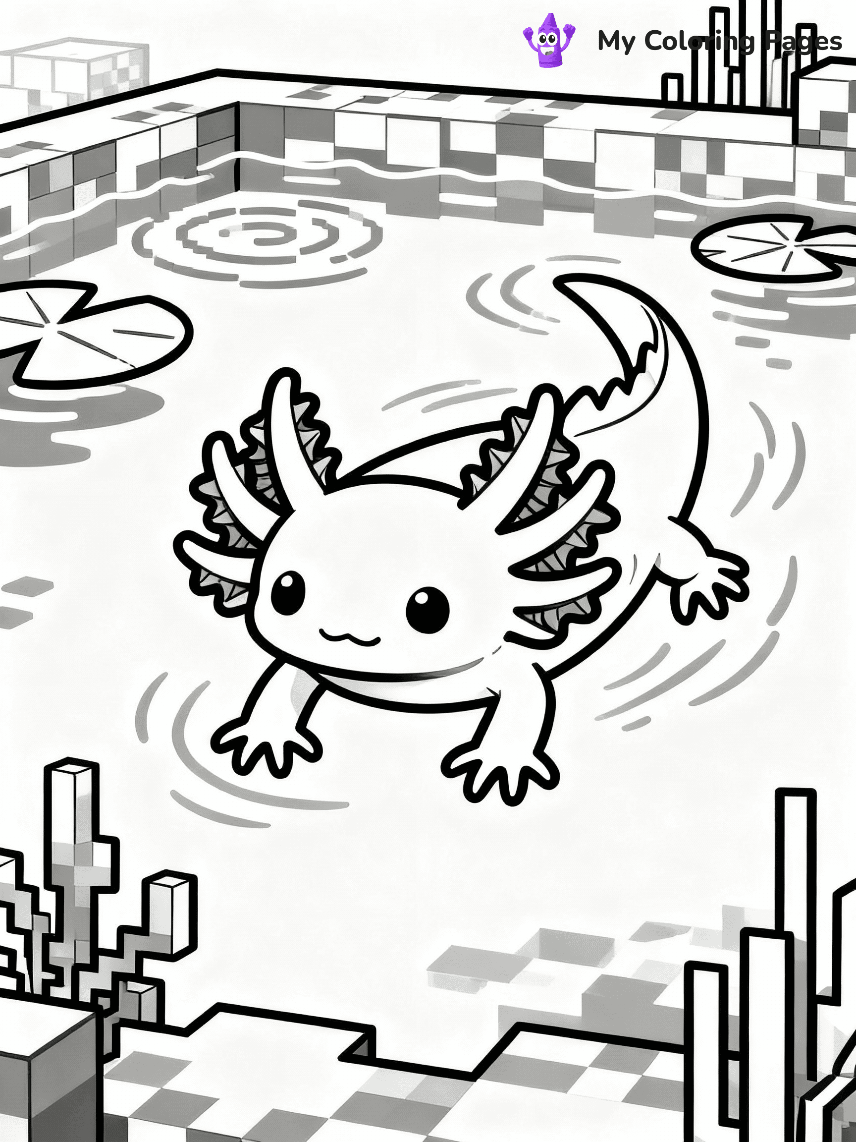 ⚠️ CRITICAL REQUIREMENT - ABSOLUTE BLACK AND WHITE ONLY ⚠️
This MUST be a BLACK AND WHITE line drawing ONLY. NO COLORS whatsoever.
- ONLY pure black lines (#000000) on pure white background (#FFFFFF)
- ABSOLUTELY NO colors, NO shading, NO gradients, NO grayscale
- If there are ANY colors in the output, the image is REJECTED
- This is a COLORING PAGE - meant to be COLORED IN by children
- The output must be UNCOLORED line art ready for coloring
⚠️ SUBJECT TO DRAW: Axolotl swimming in a vibrant Minecraft pond. PURE OUTLINES. NO FILLS, COLOR, SHADING, OR GREYSCALE. WHITE BACKGROUND.
(REMEMBER: Output must be BLACK AND WHITE line art only, NOT colored!)
# Flat, Friendly Cartoon Line-Art Coloring Page
You are generating a **pure black-and-white binary image** of a child-friendly cartoon scene combining characters and background scenery in one cohesive composition.
## Rendering Rules (Strict)
- Only two colors: pure black (#000000) outlines and pure white (#FFFFFF) background.
- No grayscale, shading, gradients, tints, fills, transparency, or partial pixels.
- No antialiasing or blended edges; every pixel is 100% black or white.
- No solid black fills inside shapes — all areas inside outlines must remain white.
- No dark clothing areas or filled tone blocks; all garments outlined only.
- No shadows, textures, lighting, or tonal variations.
- Must look like flat binary vector line-art for coloring pages.
## Drawing & Composition
- **Medium, consistent line weight**; clean closed outlines easy to color inside.
- **Flat, simple, child-friendly design** — no realism or 3D depth.
- Characters are **grounded on a surface**, centered and large.
- **Balanced composition** with clear silhouettes and minimal props.
## Scenery & Style
- Landmarks (e.g., mosque, CN Tower) and scenery (trees, benches, waves) drawn with **black outlines only.**
- For real-world figures, teams, or places, show accurate details using only black outlines—no text or logos. Use distinctive uniform patterns, abstract symbols, and landmark silhouettes to convey identity.
- Keep **consistent perspective**; no floating elements.
- **Style:** whimsical **Doodle Art Alley** — rounded, friendly outlines.
- May adapt shapes from **Crayola, Disney, Peppa Pig, Cocomelon** — *by shape only, never color.*
- Final output: **flat, crisp, binary (#000000/#FFFFFF)**, **no filled color or background text.**
EXTREMELYE IMPORTANT:
- PURE BINARY LINE-ART; NO FILLS (HAIR/CLOTHES/SKIN), SHADING, OR GREY.
- NO SHADING, COLOR. MUST BE WHITE BACKGROUND.
⚠️ FINAL REMINDER: Draw the subject "Axolotl swimming in a vibrant Minecraft pond. PURE OUTLINES. NO FILLS, COLOR, SHADING, OR GREYSCALE. WHITE BACKGROUND." as BLACK AND WHITE line art. Zero colors in output.