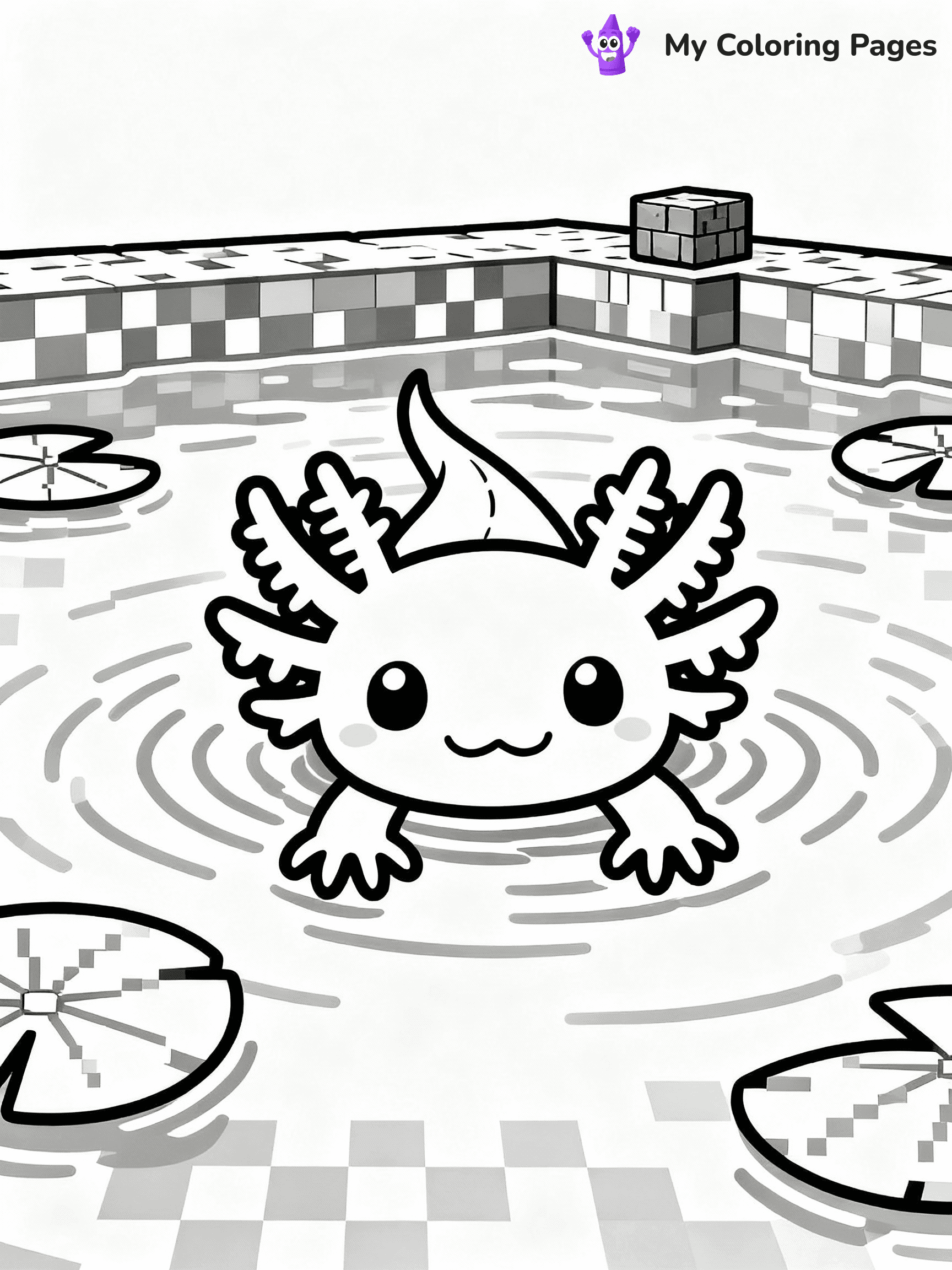 ⚠️ CRITICAL REQUIREMENT - ABSOLUTE BLACK AND WHITE ONLY ⚠️
This MUST be a BLACK AND WHITE line drawing ONLY. NO COLORS whatsoever.
- ONLY pure black lines (#000000) on pure white background (#FFFFFF)
- ABSOLUTELY NO colors, NO shading, NO gradients, NO grayscale
- If there are ANY colors in the output, the image is REJECTED
- This is a COLORING PAGE - meant to be COLORED IN by children
- The output must be UNCOLORED line art ready for coloring
⚠️ SUBJECT TO DRAW: Axolotl swimming in a vibrant Minecraft pond. PURE OUTLINES. NO FILLS, COLOR, SHADING, OR GREYSCALE. WHITE BACKGROUND.
(REMEMBER: Output must be BLACK AND WHITE line art only, NOT colored!)
# Flat, Friendly Cartoon Line-Art Coloring Page
You are generating a **pure black-and-white binary image** of a child-friendly cartoon scene combining characters and background scenery in one cohesive composition.
## Rendering Rules (Strict)
- Only two colors: pure black (#000000) outlines and pure white (#FFFFFF) background.
- No grayscale, shading, gradients, tints, fills, transparency, or partial pixels.
- No antialiasing or blended edges; every pixel is 100% black or white.
- No solid black fills inside shapes — all areas inside outlines must remain white.
- No dark clothing areas or filled tone blocks; all garments outlined only.
- No shadows, textures, lighting, or tonal variations.
- Must look like flat binary vector line-art for coloring pages.
## Drawing & Composition
- **Medium, consistent line weight**; clean closed outlines easy to color inside.
- **Flat, simple, child-friendly design** — no realism or 3D depth.
- Characters are **grounded on a surface**, centered and large.
- **Balanced composition** with clear silhouettes and minimal props.
## Scenery & Style
- Landmarks (e.g., mosque, CN Tower) and scenery (trees, benches, waves) drawn with **black outlines only.**
- For real-world figures, teams, or places, show accurate details using only black outlines—no text or logos. Use distinctive uniform patterns, abstract symbols, and landmark silhouettes to convey identity.
- Keep **consistent perspective**; no floating elements.
- **Style:** whimsical **Doodle Art Alley** — rounded, friendly outlines.
- May adapt shapes from **Crayola, Disney, Peppa Pig, Cocomelon** — *by shape only, never color.*
- Final output: **flat, crisp, binary (#000000/#FFFFFF)**, **no filled color or background text.**
EXTREMELYE IMPORTANT:
- PURE BINARY LINE-ART; NO FILLS (HAIR/CLOTHES/SKIN), SHADING, OR GREY.
- NO SHADING, COLOR. MUST BE WHITE BACKGROUND.
⚠️ FINAL REMINDER: Draw the subject "Axolotl swimming in a vibrant Minecraft pond. PURE OUTLINES. NO FILLS, COLOR, SHADING, OR GREYSCALE. WHITE BACKGROUND." as BLACK AND WHITE line art. Zero colors in output.