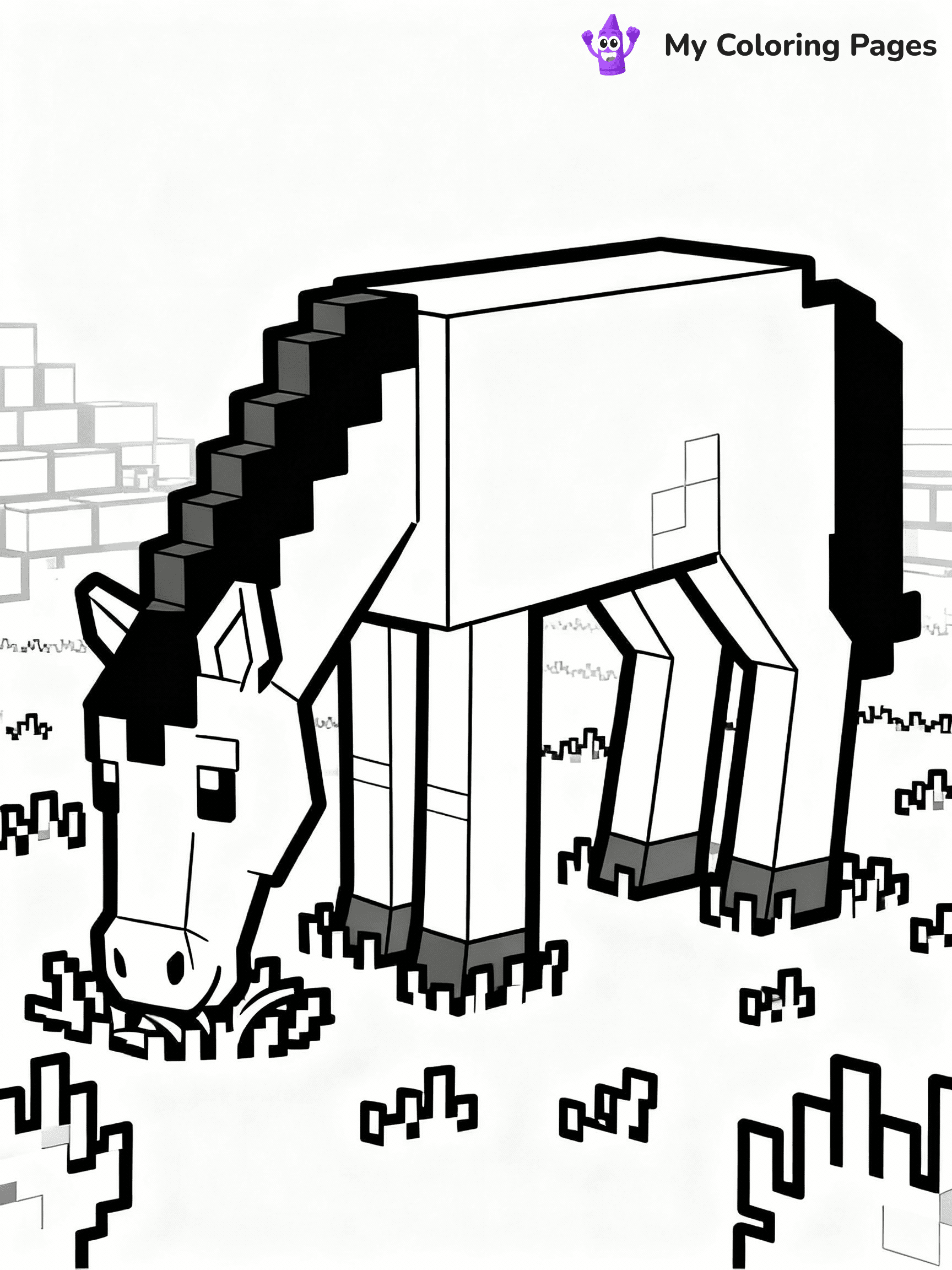 ⚠️ CRITICAL REQUIREMENT - ABSOLUTE BLACK AND WHITE ONLY ⚠️
This MUST be a BLACK AND WHITE line drawing ONLY. NO COLORS whatsoever.
- ONLY pure black lines (#000000) on pure white background (#FFFFFF)
- ABSOLUTELY NO colors, NO shading, NO gradients, NO grayscale
- If there are ANY colors in the output, the image is REJECTED
- This is a COLORING PAGE - meant to be COLORED IN by children
- The output must be UNCOLORED line art ready for coloring
⚠️ SUBJECT TO DRAW: Horse grazing on grassy plains in Minecraft. PURE OUTLINES. NO FILLS, COLOR, SHADING, OR GREYSCALE. WHITE BACKGROUND.
(REMEMBER: Output must be BLACK AND WHITE line art only, NOT colored!)
# Flat, Friendly Cartoon Line-Art Coloring Page
You are generating a **pure black-and-white binary image** of a child-friendly cartoon scene combining characters and background scenery in one cohesive composition.
## Rendering Rules (Strict)
- Only two colors: pure black (#000000) outlines and pure white (#FFFFFF) background.
- No grayscale, shading, gradients, tints, fills, transparency, or partial pixels.
- No antialiasing or blended edges; every pixel is 100% black or white.
- No solid black fills inside shapes — all areas inside outlines must remain white.
- No dark clothing areas or filled tone blocks; all garments outlined only.
- No shadows, textures, lighting, or tonal variations.
- Must look like flat binary vector line-art for coloring pages.
## Drawing & Composition
- **Medium, consistent line weight**; clean closed outlines easy to color inside.
- **Flat, simple, child-friendly design** — no realism or 3D depth.
- Characters are **grounded on a surface**, centered and large.
- **Balanced composition** with clear silhouettes and minimal props.
## Scenery & Style
- Landmarks (e.g., mosque, CN Tower) and scenery (trees, benches, waves) drawn with **black outlines only.**
- For real-world figures, teams, or places, show accurate details using only black outlines—no text or logos. Use distinctive uniform patterns, abstract symbols, and landmark silhouettes to convey identity.
- Keep **consistent perspective**; no floating elements.
- **Style:** whimsical **Doodle Art Alley** — rounded, friendly outlines.
- May adapt shapes from **Crayola, Disney, Peppa Pig, Cocomelon** — *by shape only, never color.*
- Final output: **flat, crisp, binary (#000000/#FFFFFF)**, **no filled color or background text.**
EXTREMELYE IMPORTANT:
- PURE BINARY LINE-ART; NO FILLS (HAIR/CLOTHES/SKIN), SHADING, OR GREY.
- NO SHADING, COLOR. MUST BE WHITE BACKGROUND.
⚠️ FINAL REMINDER: Draw the subject "Horse grazing on grassy plains in Minecraft. PURE OUTLINES. NO FILLS, COLOR, SHADING, OR GREYSCALE. WHITE BACKGROUND." as BLACK AND WHITE line art. Zero colors in output.