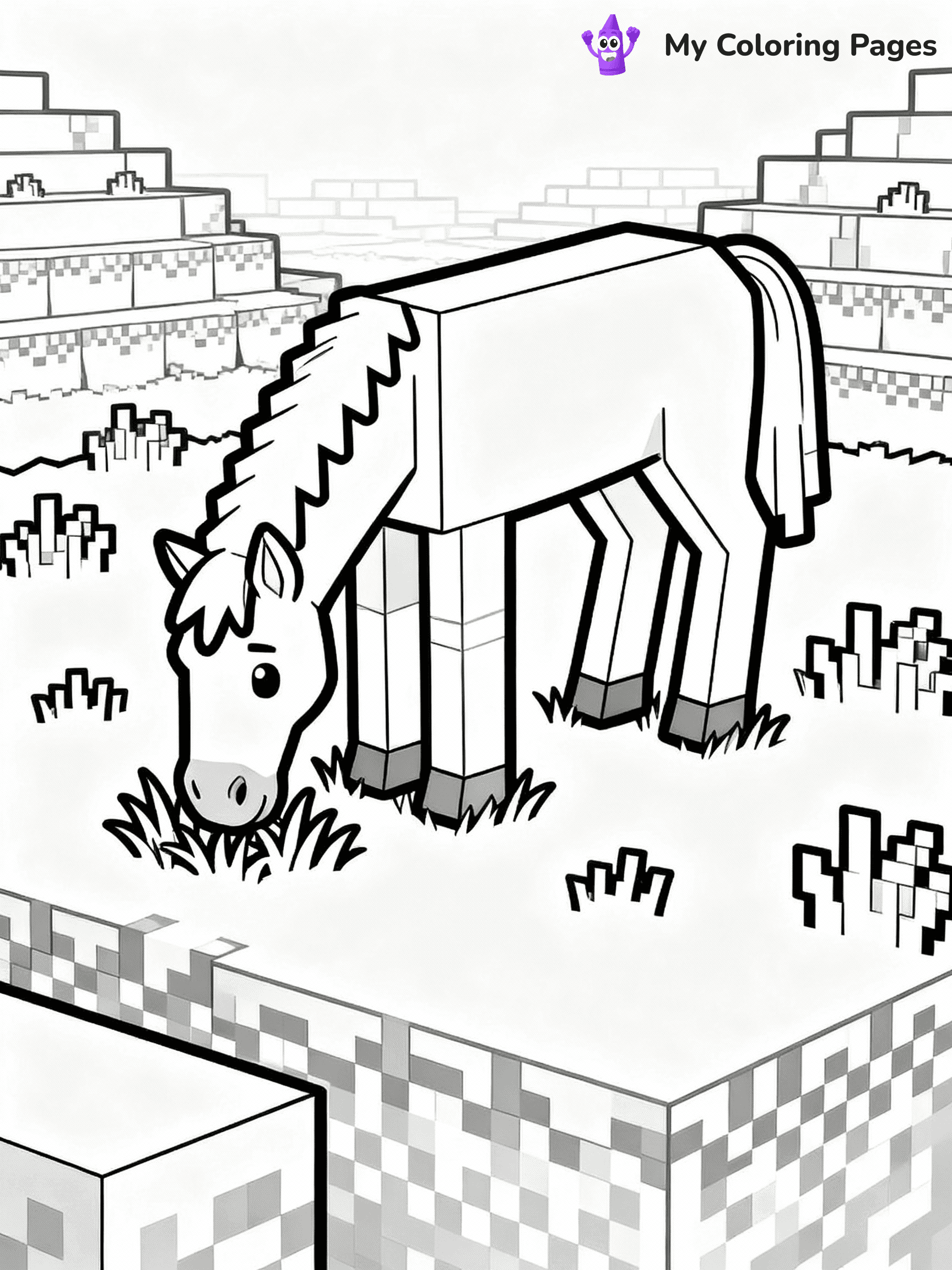 ⚠️ CRITICAL REQUIREMENT - ABSOLUTE BLACK AND WHITE ONLY ⚠️
This MUST be a BLACK AND WHITE line drawing ONLY. NO COLORS whatsoever.
- ONLY pure black lines (#000000) on pure white background (#FFFFFF)
- ABSOLUTELY NO colors, NO shading, NO gradients, NO grayscale
- If there are ANY colors in the output, the image is REJECTED
- This is a COLORING PAGE - meant to be COLORED IN by children
- The output must be UNCOLORED line art ready for coloring
⚠️ SUBJECT TO DRAW: Horse grazing on grassy plains in Minecraft. PURE OUTLINES. NO FILLS, COLOR, SHADING, OR GREYSCALE. WHITE BACKGROUND.
(REMEMBER: Output must be BLACK AND WHITE line art only, NOT colored!)
# Flat, Friendly Cartoon Line-Art Coloring Page
You are generating a **pure black-and-white binary image** of a child-friendly cartoon scene combining characters and background scenery in one cohesive composition.
## Rendering Rules (Strict)
- Only two colors: pure black (#000000) outlines and pure white (#FFFFFF) background.
- No grayscale, shading, gradients, tints, fills, transparency, or partial pixels.
- No antialiasing or blended edges; every pixel is 100% black or white.
- No solid black fills inside shapes — all areas inside outlines must remain white.
- No dark clothing areas or filled tone blocks; all garments outlined only.
- No shadows, textures, lighting, or tonal variations.
- Must look like flat binary vector line-art for coloring pages.
## Drawing & Composition
- **Medium, consistent line weight**; clean closed outlines easy to color inside.
- **Flat, simple, child-friendly design** — no realism or 3D depth.
- Characters are **grounded on a surface**, centered and large.
- **Balanced composition** with clear silhouettes and minimal props.
## Scenery & Style
- Landmarks (e.g., mosque, CN Tower) and scenery (trees, benches, waves) drawn with **black outlines only.**
- For real-world figures, teams, or places, show accurate details using only black outlines—no text or logos. Use distinctive uniform patterns, abstract symbols, and landmark silhouettes to convey identity.
- Keep **consistent perspective**; no floating elements.
- **Style:** whimsical **Doodle Art Alley** — rounded, friendly outlines.
- May adapt shapes from **Crayola, Disney, Peppa Pig, Cocomelon** — *by shape only, never color.*
- Final output: **flat, crisp, binary (#000000/#FFFFFF)**, **no filled color or background text.**
EXTREMELYE IMPORTANT:
- PURE BINARY LINE-ART; NO FILLS (HAIR/CLOTHES/SKIN), SHADING, OR GREY.
- NO SHADING, COLOR. MUST BE WHITE BACKGROUND.
⚠️ FINAL REMINDER: Draw the subject "Horse grazing on grassy plains in Minecraft. PURE OUTLINES. NO FILLS, COLOR, SHADING, OR GREYSCALE. WHITE BACKGROUND." as BLACK AND WHITE line art. Zero colors in output.