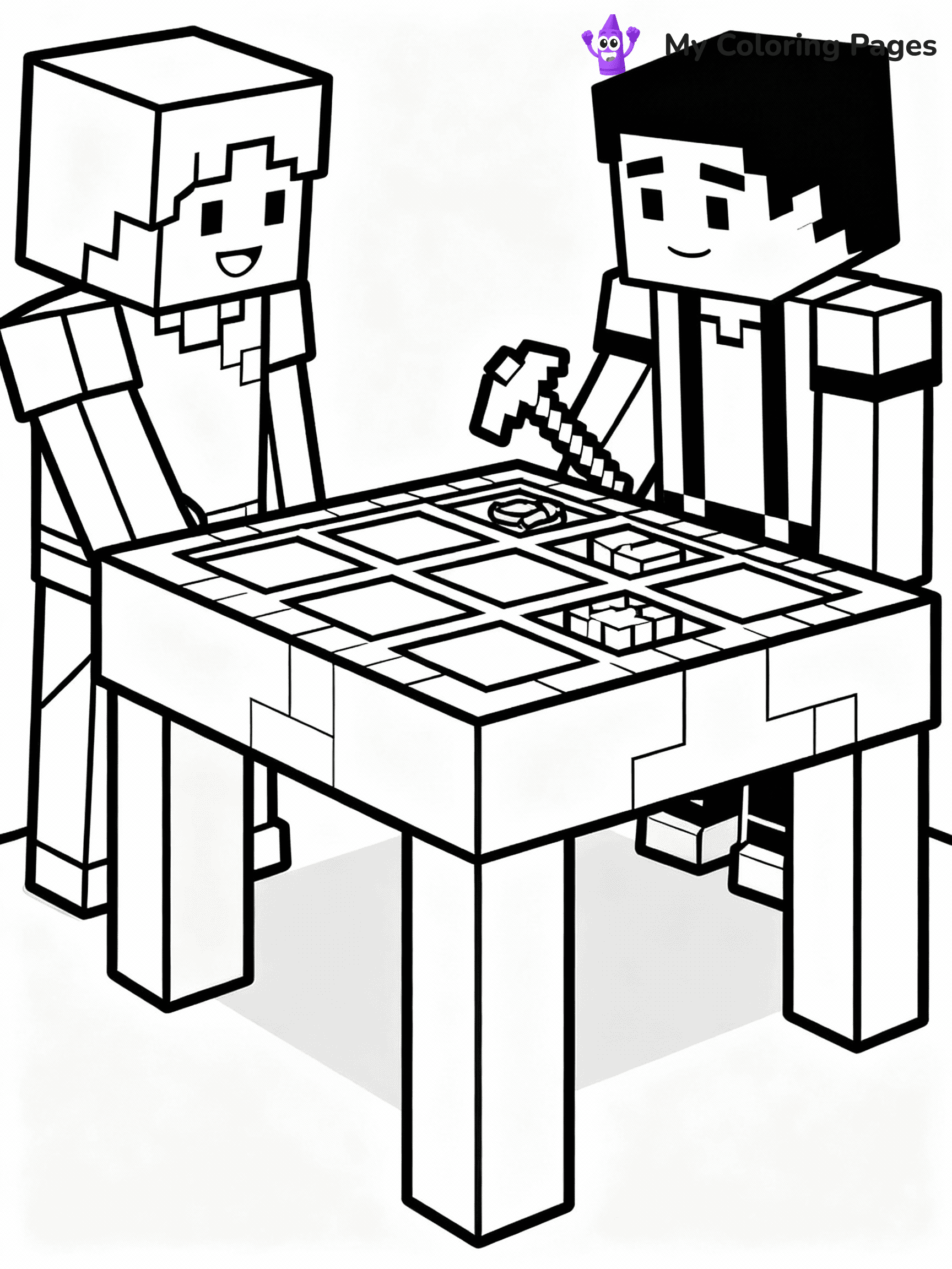 ⚠️ CRITICAL REQUIREMENT - ABSOLUTE BLACK AND WHITE ONLY ⚠️
This MUST be a BLACK AND WHITE line drawing ONLY. NO COLORS whatsoever.
- ONLY pure black lines (#000000) on pure white background (#FFFFFF)
- ABSOLUTELY NO colors, NO shading, NO gradients, NO grayscale
- If there are ANY colors in the output, the image is REJECTED
- This is a COLORING PAGE - meant to be COLORED IN by children
- The output must be UNCOLORED line art ready for coloring
⚠️ SUBJECT TO DRAW: Players crafting tools at a Minecraft crafting table. PURE OUTLINES. NO FILLS, COLOR, SHADING, OR GREYSCALE. WHITE BACKGROUND.
(REMEMBER: Output must be BLACK AND WHITE line art only, NOT colored!)
# Flat, Friendly Cartoon Line-Art Coloring Page
You are generating a **pure black-and-white binary image** of a child-friendly cartoon scene combining characters and background scenery in one cohesive composition.
## Rendering Rules (Strict)
- Only two colors: pure black (#000000) outlines and pure white (#FFFFFF) background.
- No grayscale, shading, gradients, tints, fills, transparency, or partial pixels.
- No antialiasing or blended edges; every pixel is 100% black or white.
- No solid black fills inside shapes — all areas inside outlines must remain white.
- No dark clothing areas or filled tone blocks; all garments outlined only.
- No shadows, textures, lighting, or tonal variations.
- Must look like flat binary vector line-art for coloring pages.
## Drawing & Composition
- **Medium, consistent line weight**; clean closed outlines easy to color inside.
- **Flat, simple, child-friendly design** — no realism or 3D depth.
- Characters are **grounded on a surface**, centered and large.
- **Balanced composition** with clear silhouettes and minimal props.
## Scenery & Style
- Landmarks (e.g., mosque, CN Tower) and scenery (trees, benches, waves) drawn with **black outlines only.**
- For real-world figures, teams, or places, show accurate details using only black outlines—no text or logos. Use distinctive uniform patterns, abstract symbols, and landmark silhouettes to convey identity.
- Keep **consistent perspective**; no floating elements.
- **Style:** whimsical **Doodle Art Alley** — rounded, friendly outlines.
- May adapt shapes from **Crayola, Disney, Peppa Pig, Cocomelon** — *by shape only, never color.*
- Final output: **flat, crisp, binary (#000000/#FFFFFF)**, **no filled color or background text.**
EXTREMELYE IMPORTANT:
- PURE BINARY LINE-ART; NO FILLS (HAIR/CLOTHES/SKIN), SHADING, OR GREY.
- NO SHADING, COLOR. MUST BE WHITE BACKGROUND.
⚠️ FINAL REMINDER: Draw the subject "Players crafting tools at a Minecraft crafting table. PURE OUTLINES. NO FILLS, COLOR, SHADING, OR GREYSCALE. WHITE BACKGROUND." as BLACK AND WHITE line art. Zero colors in output.