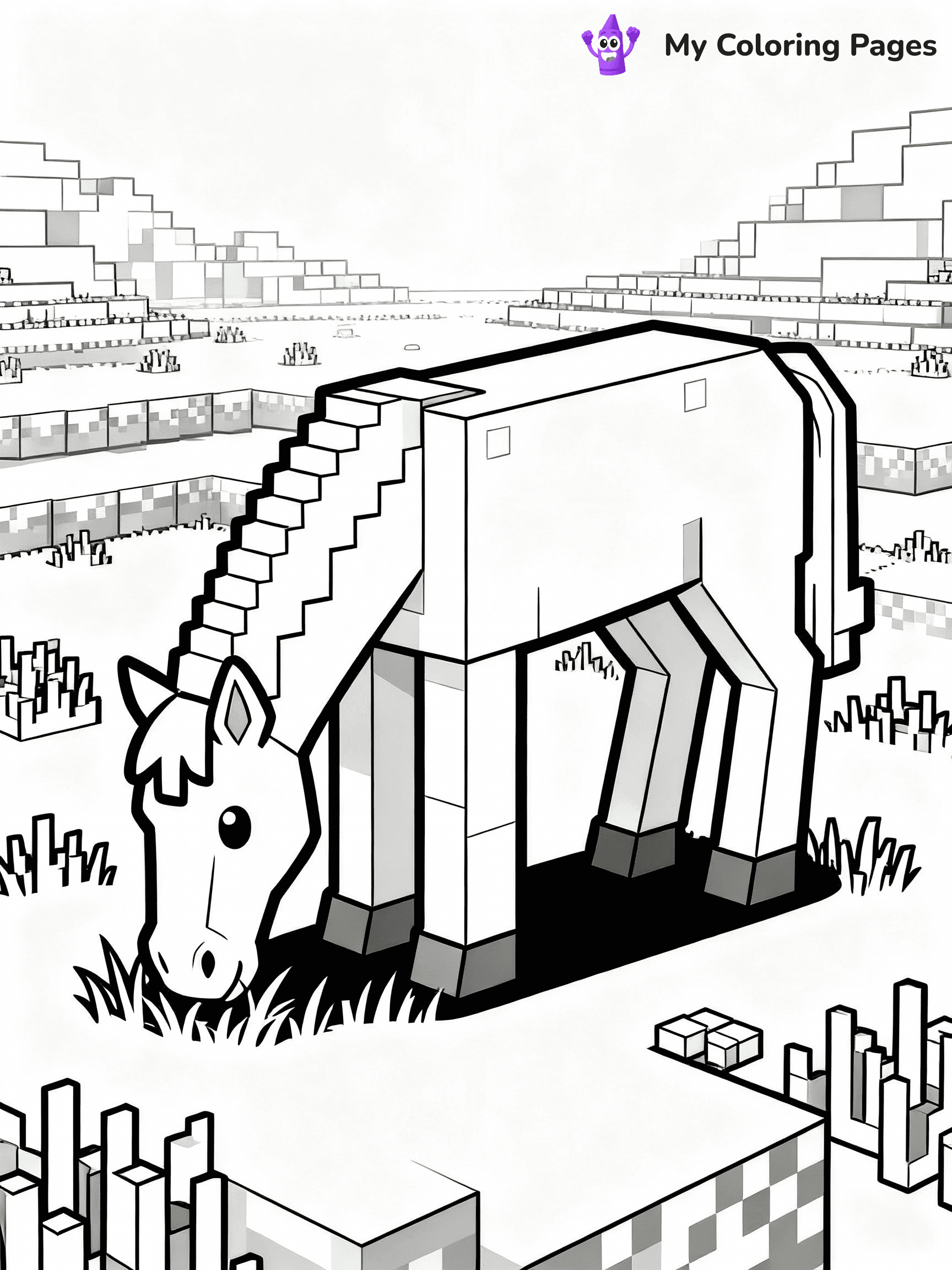 ⚠️ CRITICAL REQUIREMENT - ABSOLUTE BLACK AND WHITE ONLY ⚠️
This MUST be a BLACK AND WHITE line drawing ONLY. NO COLORS whatsoever.
- ONLY pure black lines (#000000) on pure white background (#FFFFFF)
- ABSOLUTELY NO colors, NO shading, NO gradients, NO grayscale
- If there are ANY colors in the output, the image is REJECTED
- This is a COLORING PAGE - meant to be COLORED IN by children
- The output must be UNCOLORED line art ready for coloring
⚠️ SUBJECT TO DRAW: Horse grazing on grassy plains in Minecraft. PURE OUTLINES. NO FILLS, COLOR, SHADING, OR GREYSCALE. WHITE BACKGROUND.
(REMEMBER: Output must be BLACK AND WHITE line art only, NOT colored!)
# Flat, Friendly Cartoon Line-Art Coloring Page
You are generating a **pure black-and-white binary image** of a child-friendly cartoon scene combining characters and background scenery in one cohesive composition.
## Rendering Rules (Strict)
- Only two colors: pure black (#000000) outlines and pure white (#FFFFFF) background.
- No grayscale, shading, gradients, tints, fills, transparency, or partial pixels.
- No antialiasing or blended edges; every pixel is 100% black or white.
- No solid black fills inside shapes — all areas inside outlines must remain white.
- No dark clothing areas or filled tone blocks; all garments outlined only.
- No shadows, textures, lighting, or tonal variations.
- Must look like flat binary vector line-art for coloring pages.
## Drawing & Composition
- **Medium, consistent line weight**; clean closed outlines easy to color inside.
- **Flat, simple, child-friendly design** — no realism or 3D depth.
- Characters are **grounded on a surface**, centered and large.
- **Balanced composition** with clear silhouettes and minimal props.
## Scenery & Style
- Landmarks (e.g., mosque, CN Tower) and scenery (trees, benches, waves) drawn with **black outlines only.**
- For real-world figures, teams, or places, show accurate details using only black outlines—no text or logos. Use distinctive uniform patterns, abstract symbols, and landmark silhouettes to convey identity.
- Keep **consistent perspective**; no floating elements.
- **Style:** whimsical **Doodle Art Alley** — rounded, friendly outlines.
- May adapt shapes from **Crayola, Disney, Peppa Pig, Cocomelon** — *by shape only, never color.*
- Final output: **flat, crisp, binary (#000000/#FFFFFF)**, **no filled color or background text.**
EXTREMELYE IMPORTANT:
- PURE BINARY LINE-ART; NO FILLS (HAIR/CLOTHES/SKIN), SHADING, OR GREY.
- NO SHADING, COLOR. MUST BE WHITE BACKGROUND.
⚠️ FINAL REMINDER: Draw the subject "Horse grazing on grassy plains in Minecraft. PURE OUTLINES. NO FILLS, COLOR, SHADING, OR GREYSCALE. WHITE BACKGROUND." as BLACK AND WHITE line art. Zero colors in output.