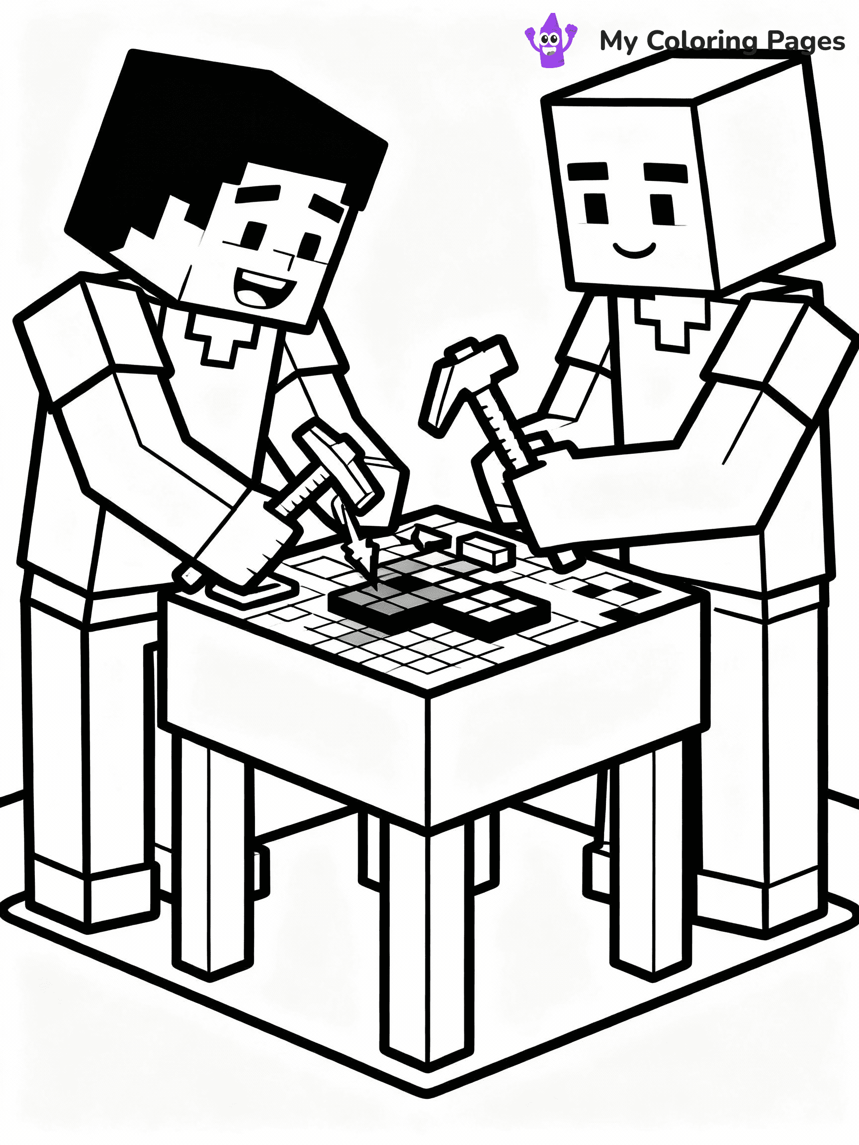 ⚠️ CRITICAL REQUIREMENT - ABSOLUTE BLACK AND WHITE ONLY ⚠️
This MUST be a BLACK AND WHITE line drawing ONLY. NO COLORS whatsoever.
- ONLY pure black lines (#000000) on pure white background (#FFFFFF)
- ABSOLUTELY NO colors, NO shading, NO gradients, NO grayscale
- If there are ANY colors in the output, the image is REJECTED
- This is a COLORING PAGE - meant to be COLORED IN by children
- The output must be UNCOLORED line art ready for coloring
⚠️ SUBJECT TO DRAW: Players crafting tools at a Minecraft crafting table. PURE OUTLINES. NO FILLS, COLOR, SHADING, OR GREYSCALE. WHITE BACKGROUND.
(REMEMBER: Output must be BLACK AND WHITE line art only, NOT colored!)
# Flat, Friendly Cartoon Line-Art Coloring Page
You are generating a **pure black-and-white binary image** of a child-friendly cartoon scene combining characters and background scenery in one cohesive composition.
## Rendering Rules (Strict)
- Only two colors: pure black (#000000) outlines and pure white (#FFFFFF) background.
- No grayscale, shading, gradients, tints, fills, transparency, or partial pixels.
- No antialiasing or blended edges; every pixel is 100% black or white.
- No solid black fills inside shapes — all areas inside outlines must remain white.
- No dark clothing areas or filled tone blocks; all garments outlined only.
- No shadows, textures, lighting, or tonal variations.
- Must look like flat binary vector line-art for coloring pages.
## Drawing & Composition
- **Medium, consistent line weight**; clean closed outlines easy to color inside.
- **Flat, simple, child-friendly design** — no realism or 3D depth.
- Characters are **grounded on a surface**, centered and large.
- **Balanced composition** with clear silhouettes and minimal props.
## Scenery & Style
- Landmarks (e.g., mosque, CN Tower) and scenery (trees, benches, waves) drawn with **black outlines only.**
- For real-world figures, teams, or places, show accurate details using only black outlines—no text or logos. Use distinctive uniform patterns, abstract symbols, and landmark silhouettes to convey identity.
- Keep **consistent perspective**; no floating elements.
- **Style:** whimsical **Doodle Art Alley** — rounded, friendly outlines.
- May adapt shapes from **Crayola, Disney, Peppa Pig, Cocomelon** — *by shape only, never color.*
- Final output: **flat, crisp, binary (#000000/#FFFFFF)**, **no filled color or background text.**
EXTREMELYE IMPORTANT:
- PURE BINARY LINE-ART; NO FILLS (HAIR/CLOTHES/SKIN), SHADING, OR GREY.
- NO SHADING, COLOR. MUST BE WHITE BACKGROUND.
⚠️ FINAL REMINDER: Draw the subject "Players crafting tools at a Minecraft crafting table. PURE OUTLINES. NO FILLS, COLOR, SHADING, OR GREYSCALE. WHITE BACKGROUND." as BLACK AND WHITE line art. Zero colors in output.